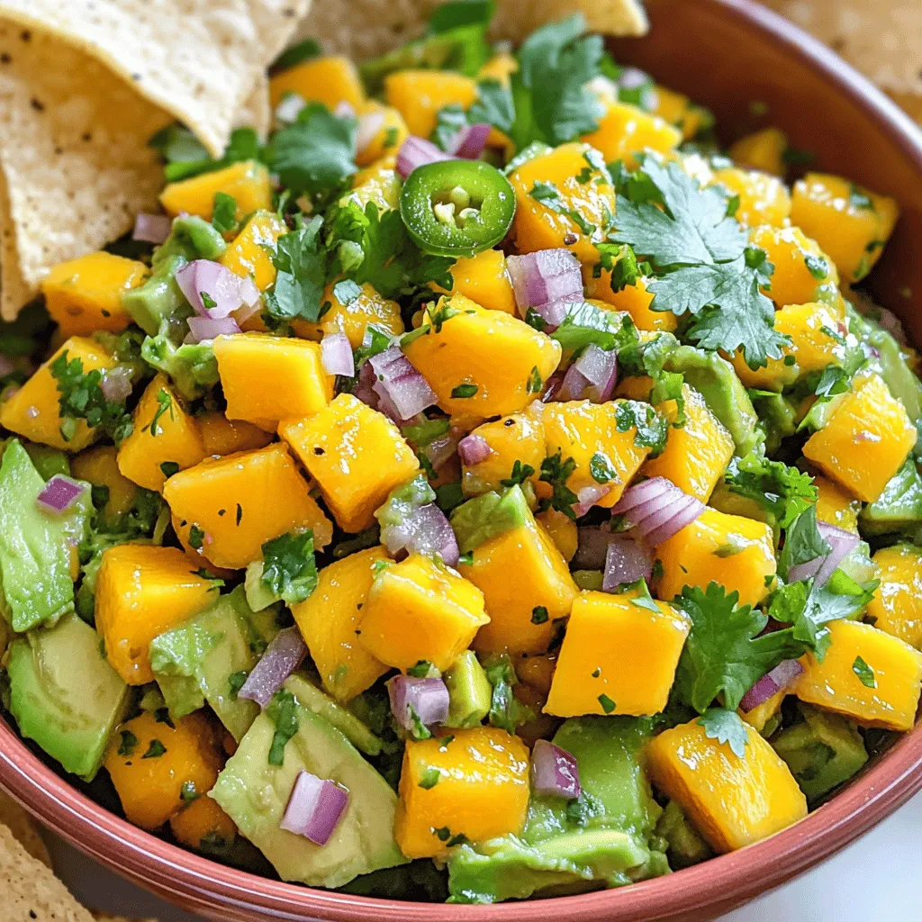 - Ripe mangoes - Fresh avocados - Red onion and jalapeño - Cilantro and lime juice - Olive oil and seasoning Selecting the perfect mango Look for mangoes that feel slightly soft when you press them. A ripe mango will have a sweet aroma and a vibrant color. If you find green or hard mangoes, let them ripen at room temperature for a few days. Choosing ripe avocados Avocados should yield gently to pressure. If they feel very soft, they may be overripe. A ripe avocado looks dark and has a slight shine. If you buy them hard, let them sit on your counter for a few days. Fresh herbs and spices Always choose fresh herbs for your salsa. They add bright flavors that dried herbs cannot match. For cilantro, look for bright green leaves without any wilting. Fresh jalapeños should feel firm and have a shiny skin. Using these quality ingredients will make your Mango Avocado Salsa sing with flavor. For the full recipe, check out the detailed instructions above! First, I start by dicing the mango. Choose a ripe mango; it should feel slightly soft. Cut off the sides of the pit, then score the flesh into small cubes. Use a spoon to scoop them out easily. Next, I prepare the avocados. I slice them in half, remove the pit, and scoop out the flesh. I dice the avocado into small pieces, taking care not to mash it. Now, I chop the red onion. I use a small knife to finely chop it. The onion adds a sweet crunch. For the jalapeño, I slice it in half and remove the seeds. I mince it into tiny pieces. This step is key for adding some heat. Adjust the amount based on your spice tolerance. In a medium bowl, I combine the diced mango and avocado. Gently mix these two to keep the avocado's creamy texture. Next, I add the chopped red onion and minced jalapeño to the bowl. I mix carefully to avoid mashing anything. Then, I sprinkle fresh cilantro over the top. This herb brings a bright taste to the salsa. In a small bowl, I whisk together the lime juice and olive oil. I want this mixture well combined before I drizzle it over the salsa. Now, I carefully toss all the ingredients using a large spoon. I make sure everything is mixed well but avoid over-mashing the avocado. To finish, I season the salsa with salt and freshly cracked black pepper. I taste it and adjust the seasoning as needed. Finally, I let the salsa rest for about 10 minutes. This time allows the flavors to meld beautifully. If you want the full recipe, check out the [Full Recipe]. You can easily boost the heat of your mango avocado salsa. Just add extra jalapeño. Start with half a pepper, then taste and adjust. For a sweeter twist, try adding honey or agave syrup. This will balance the flavors and make it more delicious. Serve your salsa in a bright bowl. The colors will catch the eye. Garnish with fresh cilantro leaves on top. This adds a nice touch. Pair it with crispy tortilla chips for dipping. You can also use it as a topping for grilled chicken or fish. It makes any meal feel special. To keep your salsa fresh, store it in an airtight container. Place it in the fridge right after serving. It can stay good for up to two days. If the avocado starts to brown, mix it well before serving again. This will help it look and taste fresh. For the full recipe, check out the recipe link above. {{image_4}} You can add a fun twist to your mango avocado salsa. Try adding diced pineapple or kiwi for a sweet burst. Pineapples add juicy sweetness, while kiwi brings a tangy zing. Both fruits brighten the dish and enhance its tropical vibe. Incorporating black beans also adds a hearty touch. Black beans provide protein and fiber, making your salsa more filling. They pair well with the sweetness of mango and creaminess of avocado. Changing herbs can transform your salsa. Try using fresh basil or mint instead of cilantro. Basil gives a sweet, aromatic flavor. Mint adds a refreshing note, perfect for summer dishes. You can also add diced tomatoes or corn for extra texture. Tomatoes bring juiciness, while corn adds a sweet crunch. Both enhance the overall flavor and make your salsa even more colorful. Making your salsa vegan is easy. The recipe is already free of animal products. You can also make it gluten-free by ensuring your ingredients are certified gluten-free. For a low-sodium version, skip the added salt. The natural flavors from the fruits and lime juice shine through. You can also use a salt substitute if you prefer. Feel free to explore these variations and find what you love most! For the full recipe, check out the delicious details. Mango Avocado Salsa is fresh and fun. This salsa pairs well with many dishes. Here’s what you need: - 1 perfectly ripe mango, diced into small cubes - 2 ripe avocados, peeled, pitted, and diced - 1 small red onion, finely chopped for sweetness - 1 jalapeño pepper, seeded and minced (adjust spice level) - 1/4 cup fresh cilantro leaves, chopped coarsely - Juice of 1 fresh lime for tanginess - 1 tablespoon high-quality extra virgin olive oil - Salt and freshly cracked black pepper to taste Prep Time: 15 minutes Total Time: 25 minutes Servings: 4-6 You’ll start by mixing the mango and avocado gently. Then, add the onion and jalapeño. Next, sprinkle in the cilantro. In a small bowl, whisk lime juice with olive oil. Drizzle this over the salsa and toss it together. Finally, season with salt and pepper to taste. Let the salsa rest for 10 minutes before serving to blend the flavors. Each serving has about 120 calories. This salsa is low in fat but high in flavor. It is rich in vitamins A and C, which help boost your immune system. You’ll also benefit from healthy fats found in avocados, which support heart health. Plus, fresh cilantro adds antioxidants for a healthy kick. Enjoy this tasty dish knowing it’s good for you! You can store Mango Avocado Salsa for about 1 to 2 days in the fridge. To keep it fresh, place it in an airtight container. This helps prevent browning. The lime juice does slow down browning a bit, but it will still happen. If you notice browning, just give it a gentle stir. Yes, you can make Mango Avocado Salsa a few hours ahead. Just prepare it and cover it tightly. If you make it too early, the avocado may brown. To avoid this, you can store the diced mango and avocado separately. Combine them just before serving for the best taste and look. Mango Avocado Salsa pairs well with many dishes. Here are a few ideas: - Serve it with crispy tortilla chips for a tasty snack. - Use it as a topping for grilled chicken or fish. - Add it to tacos or burritos for a fresh twist. - Mix it into a salad for a colorful addition. This salsa adds flavor and color to any meal! In this guide, we discussed how to make Mango Avocado Salsa using fresh ingredients like ripe mangoes, avocados, and herbs. I shared tips for picking quality ingredients to get the best flavors. You learned step-by-step methods for preparation and mixing. We also covered storing tips, flavor enhancements, and fun variations. This salsa is adaptable and easy to make. Enjoy it on tacos, with chips, or as a salad! The key is using fresh produce. I hope this encourages you to create your own unique salsa blend.