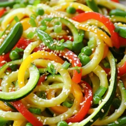 To make a tasty zucchini noodle stir fry, gather these ingredients: - 2 medium zucchinis, spiralized into noodles - 1 bell pepper (choose red or yellow), sliced into thin strips - 1 cup snap peas, ends trimmed - 1 medium carrot, peeled and julienned - 3 green onions, sliced (white and green parts separated) - 2 cloves garlic, minced finely - 1 tablespoon fresh ginger, grated - 3 tablespoons soy sauce (or gluten-free tamari) - 1 tablespoon sesame oil - 1 tablespoon olive oil - 1 tablespoon rice vinegar - 1 teaspoon chili flakes (optional, for added heat) - Sesame seeds, for garnish You will need a few tools to make this dish: - A spiralizer for the zucchini - A large skillet or wok for cooking - A cutting board and knife for chopping - Measuring spoons for accuracy - A spatula for stirring Want to boost the taste? Consider adding these options: - Cooked protein like chicken, shrimp, or tofu - Fresh herbs like basil or cilantro - A squeeze of lime juice for brightness - Crushed peanuts for crunch Using these ingredients and tools, your zucchini noodle stir fry will be bold and flavorful! For the complete recipe, check out the Full Recipe. First, grab two medium zucchinis. Use a spiralizer to turn them into noodles. This tool makes long, fun strands. After spiralizing, set the noodles aside. They will soak up flavors later. You can also use a peeler for wider noodles, but spiralized ones add a nice touch. Next, heat a large skillet or wok over medium heat. Add one tablespoon of olive oil and let it warm for a minute. Then, add two cloves of minced garlic and one tablespoon of grated ginger. Sauté this mix for about one minute. The aroma will fill your kitchen. Now, toss in one sliced bell pepper, one cup of snap peas, and one julienned carrot. Stir-fry these veggies for three to four minutes. You want them soft but still crunchy. Bright colors make your dish look good. Once the veggies are ready, gently add the zucchini noodles. Pour in three tablespoons of soy sauce, one tablespoon of sesame oil, and one tablespoon of rice vinegar. If you like heat, sprinkle in one teaspoon of chili flakes. Toss everything well and stir-fry for two to three minutes. The noodles should be warm but not mushy. Finally, take the skillet off the heat. Fold in three sliced green onions, mixing them into the stir fry. This adds a fresh flavor. Serve your dish right away, either on plates or in bowls. For the finishing touch, sprinkle sesame seeds on top. For a pop of color, serve it in a bright bowl. A slice of lime or lemon on the side adds a nice zest. This vibrant zucchini noodle stir fry is a bold and flavorful meal that you can enjoy any day. For the full recipe, refer back to the earlier section. To spiralize zucchini, use a spiralizer. This tool makes long, noodle-like strands. First, wash the zucchinis well. Trim the ends, then place one in the spiralizer. Turn the handle gently and watch the noodles form! If you want thicker noodles, use the wide blade. For thinner noodles, use the narrow blade. Set your noodles aside after spiralizing. Stir frying is fast and fun! Heat your skillet or wok before adding oil. Use medium-high heat for the best results. Start with garlic and ginger for flavor. Sauté them for a minute before adding veggies. Always stir quickly to keep everything crisp. Add the zucchini last to avoid overcooking. Toss everything together until heated through. Many cooks overcook their vegetables. This makes them soggy and dull. To keep your stir fry vibrant, watch the time. Cook bell peppers and snap peas for just a few minutes. Use high heat; this helps lock in flavors. Don’t crowd the pan; this steams rather than fries. If you have a lot, cook in batches. Follow these tips for a great stir fry! For the complete recipe, refer to the section titled Full Recipe. {{image_4}} You can add protein to your zucchini noodle stir fry for extra flavor and nutrition. Some great options include: - Chicken breast, thinly sliced - Shrimp, peeled and deveined - Tofu, cubed and pressed - Beef, cut into thin strips Each protein can add its unique taste. Cook the protein first in the skillet, then set it aside. Add it back in when you mix in the zucchini noodles. This helps ensure everything is well-seasoned and tasty. To make this stir fry gluten-free, you can use tamari instead of soy sauce. Tamari has a rich flavor and works well in Asian dishes. For a vegan option, use tofu or chickpeas as your protein. Both options keep the dish delicious and filling. You can also replace sesame oil with avocado oil for a different taste. Feel free to swap in any seasonal vegetables you have on hand. Some tasty choices include: - Broccoli florets - Cauliflower, chopped into small pieces - Asparagus, cut into bite-sized pieces - Spinach, added at the end for a boost of color Using seasonal veggies not only enhances flavor but also adds variety. Mixing different vegetables keeps your meals exciting and fresh. For the full recipe, check the earlier sections to guide you through this vibrant dish. To store leftover stir fry, let it cool down first. Place it in an airtight container. This way, the flavors stay fresh. You can keep it in the fridge for up to three days. When you reheat stir fry, use a skillet for the best taste. Heat it on medium-low. Add a splash of water or oil to keep it moist. Stir frequently to warm it evenly. You can also use the microwave, but it might make the veggies soft. For freezing zucchini noodles, I recommend blanching them first. Boil water and add the noodles for two minutes. Then, cool them quickly in ice water. Drain and pack them into freezer bags. They can last for about two months. Just remember, frozen noodles may become softer when cooked later. If you don’t have zucchini, try using carrots or squash. You can spiralize these too. Other great choices are spaghetti squash or even regular pasta if you prefer. Each option brings its own taste and texture. Carrots add a nice crunch, while spaghetti squash gives a unique flavor. Experiment to find what you like best. You can store zucchini noodle stir fry in the fridge for up to three days. Place it in an airtight container to keep it fresh. Make sure to let it cool before sealing it. This way, it won’t get soggy and will taste great when you reheat it. Yes, you can make zucchini noodle stir fry in advance. Just cook it, let it cool, and store it in the fridge. However, I suggest keeping the zucchini noodles separate if possible. If they sit too long, they can become mushy. Reheat everything on the stove or in the microwave before serving. For the full recipe, check out the details above. This blog post covered everything you need to know about making a delicious zucchini noodle stir fry. We explored the required ingredients, helpful tools, and optional flavors for your dish. I shared step-by-step instructions, tips to perfect your technique, and variations for every diet. Plus, we went over how to store your leftovers and answered key questions. With these insights, you can create a tasty meal that's quick and healthy. Enjoy your cooking journey and make it fun!