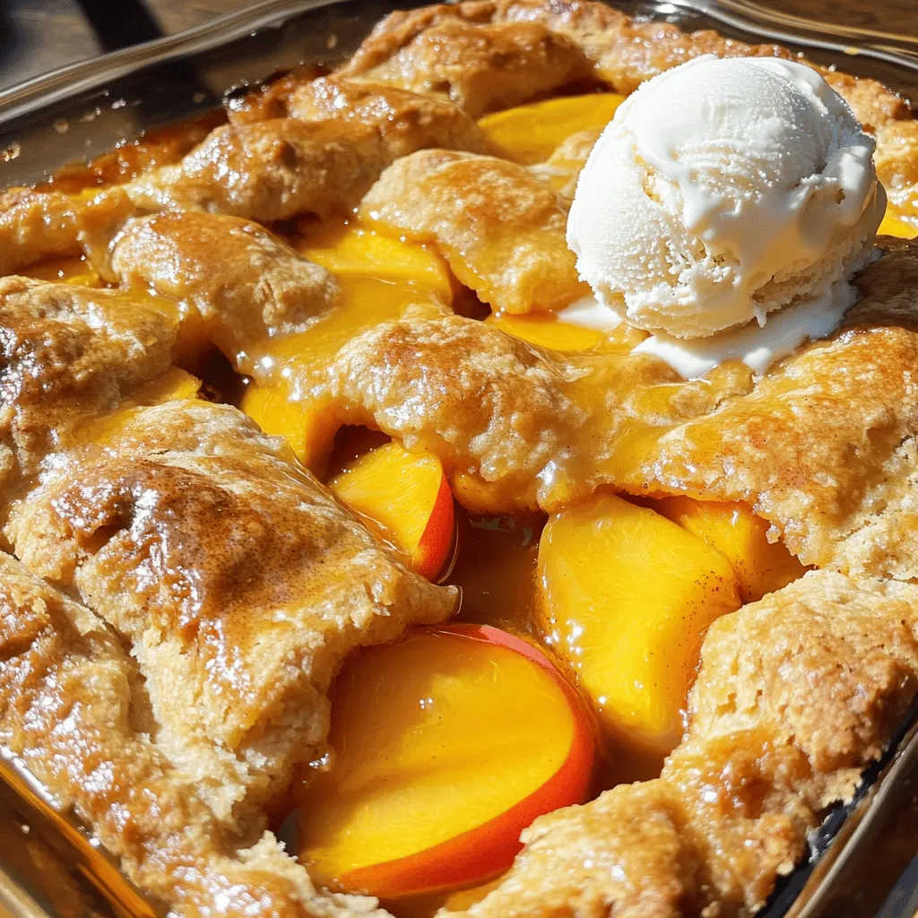 To make this easy canned peach cobbler, you need some simple items. Gather the following ingredients: - 2 cans (15 oz each) sliced peaches in syrup - 1 cup all-purpose flour - 1 cup granulated sugar - 1 cup milk - 1/2 cup unsalted butter, melted - 1 tablespoon baking powder - 1/2 teaspoon salt - 1 teaspoon vanilla extract - 1 teaspoon ground cinnamon These ingredients blend together to create a soft and sweet dessert. You can add a few more ingredients to make your cobbler unique. Consider these options: - A pinch of nutmeg for warmth - Fresh lemon juice for a bright note - Chopped nuts like pecans for crunch - Extra cinnamon or even cardamom for spice These optional ingredients can enhance the flavor and make your cobbler special. Serving your cobbler can be just as fun as making it. Here are some ideas to enjoy your dessert: - Serve it warm with a scoop of vanilla ice cream for creaminess - Top it with whipped cream for a lighter touch - Drizzle some of the reserved peach syrup over the top for extra sweetness - Add a sprinkle of cinnamon to make it look fancy These serving ideas will make your easy canned peach cobbler even more delightful. For the full recipe, check out the delightful canned peach cobbler section! Start by gathering all your ingredients. You need canned peaches, flour, sugar, milk, butter, baking powder, salt, vanilla, and cinnamon. Preheat your oven to 350°F (175°C). This step is key for even baking. Grease a 9x13 inch baking dish with butter or cooking spray. This keeps the cobbler from sticking. In a large bowl, whisk together flour, sugar, baking powder, and salt until smooth. Add milk, melted butter, and vanilla. Mix gently until just combined. Do not overmix; this keeps your cobbler light. Pour the batter into your greased dish. Drain the peaches and arrange them on top of the batter. Drizzle some reserved syrup over the peaches. A sprinkle of cinnamon adds warmth and flavor. Place your dish in the preheated oven. Bake for 35-40 minutes. Check for a golden-brown top and a clean toothpick in the center. Once done, take it out and let it cool for about 10 minutes. Cooling enhances the flavor. Serve warm with whipped cream or vanilla ice cream. Enjoy your easy canned peach cobbler! For the full recipe, check the details above. To make the best canned peach cobbler, start with the right ingredients. Make sure your baking powder is fresh. Old baking powder can lead to a flat cobbler. When mixing, don’t overmix the batter. This keeps it light and fluffy. If you see lumps, that’s okay. It’s better to have a few lumps than a dense mix. Lastly, let the cobbler cool for a bit before serving. This helps the flavors blend and makes it easier to slice. For extra flavor, consider adding a touch of nutmeg along with cinnamon. A pinch of nutmeg can give a warm, spicy note. You can also swap half of the sugar for brown sugar. This adds a rich, caramel flavor to your cobbler. If you like a crunchy topping, sprinkle some oats or chopped nuts on top before baking. This adds a nice texture contrast. For a fun twist, try adding a splash of almond extract to the batter for a sweet, nutty taste. To impress your guests, serve the cobbler in a nice dish. Place a slice on a colorful plate. Top it with a scoop of ice cream or whipped cream. Drizzle some of the reserved peach syrup on top for extra sweetness. A sprinkle of cinnamon over the ice cream adds a nice touch. You could even add a mint leaf for color. This simple presentation makes the dessert look gourmet and inviting. {{image_4}} You can switch up the fruit in this recipe. Try using canned pears or cherries. They add a fun twist. A mix of fruits can also work great. You can get creative with your favorite flavors. Just remember to adjust the sugar if the fruit is sweeter or tarter. If you need a gluten-free option, swap the all-purpose flour for a gluten-free blend. Many brands work well in baking. Make sure to check the label for baking powder that is gluten-free. Your cobbler will still taste amazing! You can change the sweetness by using less sugar. Taste your batter and see if it needs more. If you like spice, add more cinnamon or even nutmeg. You can also try adding a bit of lemon zest for a fresh flavor. Tailor it to your taste for the perfect dessert. After you enjoy your peach cobbler, store leftovers in an airtight container. Place it in the fridge for up to four days. Make sure to cover it well to keep the flavor fresh. If you have a lot left, consider slicing it into portions. This makes it easy to grab and serve later. To reheat your cobbler, preheat the oven to 350°F (175°C). Place the cobbler in a baking dish. Cover it with foil to keep it moist. Heat for about 15-20 minutes until warm. You can also use the microwave. Heat individual slices for about 30-60 seconds. Add a scoop of ice cream on top to make it extra tasty. If you want to save your peach cobbler for later, freeze it! Allow the cobbler to cool completely. Wrap it tightly in plastic wrap, then place it in a freezer bag. It will stay good for about three months. When you’re ready to eat it, let it thaw in the fridge overnight. Reheat as mentioned before to enjoy a warm slice again. Yes, you can use fresh peaches. Just peel and slice them. You will need about 4-5 medium-sized peaches. Fresh peaches add a bright flavor. However, canned peaches save time and are sweet and juicy. If you use fresh peaches, adjust the sugar based on their ripeness. To make a lighter peach cobbler, you can swap some ingredients. Use whole wheat flour instead of all-purpose flour. You can also reduce the sugar by half. Try using low-fat milk or almond milk for less fat. For added flavor, add in a bit of lemon juice. This keeps the taste bright and fresh. Canned peach cobbler pairs well with many toppings. Whipped cream is a classic choice. Vanilla ice cream adds creaminess. You could also serve it with yogurt for a tangy twist. For a more fun touch, sprinkle some nuts or a dash of cinnamon on top. In this article, we explored how to make a simple canned peach cobbler. We covered key ingredients and optional additions for extra flavor. You learned the step-by-step baking process and vital tips to avoid mistakes. We also discussed variations, storage, and answers to common questions. Remember, this dish is fun to make and easy to share. Enjoy your homemade cobbler and get creative with flavors. Your dessert can be a hit at any gathering!