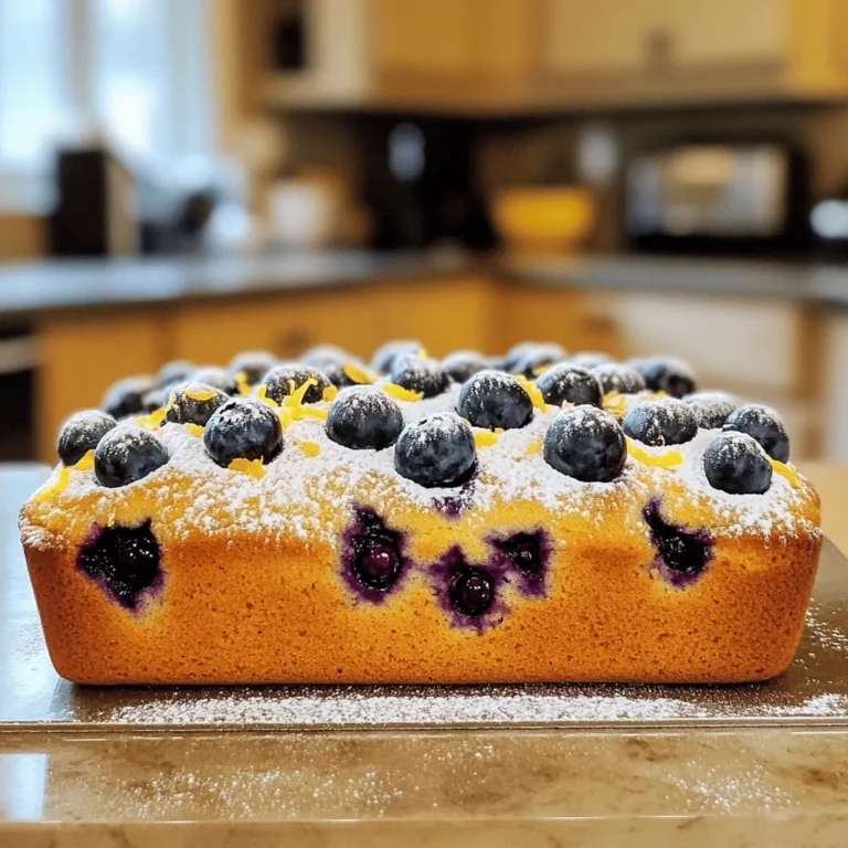 - 1 ½ cups all-purpose flour - 1 teaspoon baking powder - ½ teaspoon baking soda - ¼ teaspoon salt - ½ cup unsalted butter, softened to room temperature - 1 cup granulated sugar - 2 large eggs, at room temperature - 2 tablespoons fresh lemon zest (about 2 lemons) - 1 tablespoon fresh lemon juice - 1 teaspoon pure vanilla extract - ½ cup sour cream, at room temperature - 1 cup fresh blueberries (frozen can be used if necessary) - Powdered sugar for light dusting I always choose fresh blueberries for the best taste. Look for firm berries that are deep blue. If you can’t find fresh ones, frozen blueberries work too. Just toss them in a little flour before mixing into the batter. This helps keep them from sinking. You need a few simple tools to make this cake. Here’s what you will need: - A large mixing bowl for the batter - A medium mixing bowl for dry ingredients - A 9x5-inch loaf pan, which gives the cake its shape - An electric mixer to cream the butter and sugar Optional items include a zester for the lemon zest and a wire rack for cooling. Using a wire rack helps prevent sogginess. First, you need to preheat your oven to 350°F (175°C). This step is vital for even baking. Next, prepare a 9x5-inch loaf pan. You can grease it with butter and dust it with flour. Alternatively, you can line it with parchment paper for easy removal. Parchment paper can save time and effort when you take the cake out. In a medium bowl, sift together the all-purpose flour, baking powder, baking soda, and salt. Sifting helps aerate the flour. This makes your cake lighter and fluffier. It also ensures that the leavening agents mix well. Set this dry mixture aside for later. Now, let’s make the batter. In a large bowl, cream the softened butter and granulated sugar together. Use an electric mixer on medium speed. Beat this mixture until it gets light and fluffy, which takes about 3 to 4 minutes. Next, add the eggs one at a time. Mix well after each egg. Then, add the lemon zest, lemon juice, and vanilla extract. Mix until everything is well combined. Gradually add the dry mixture to the wet mixture. Start with the flour, then add in the sour cream. Alternate between these two. Mix until just combined. Overmixing can make your cake dense, so be gentle. Finally, fold in the blueberries carefully. This helps them stay suspended in the batter. Pour the cake batter into your prepared loaf pan. Smooth the top with a spatula. Bake in the preheated oven for about 50 to 60 minutes. You’ll know it’s done when a toothpick comes out clean or with a few moist crumbs. After baking, let the cake cool in the pan for 10 to 15 minutes. After that, transfer it to a wire rack to cool completely. This step is crucial for the best texture. When completely cool, you can dust the top with powdered sugar for a beautiful finish. Enjoy every slice of your Lemon Blueberry Delight Cake! To make a great Lemon Blueberry Pound Cake, avoid overmixing. When you mix too much, the cake can turn out dense. Mix until just combined to keep it light. Use room temperature ingredients like butter and eggs. This helps the batter blend smoothly and rise well. You can switch up the flavors in your cake. Try different fruits like raspberries or strawberries. You can also use lime or orange zest instead of lemon. Adding extracts like almond or coconut can create a unique twist. Spices like cinnamon or nutmeg can deepen the flavor, too. To check if your cake is done, use the toothpick test. Insert a toothpick in the center; it should come out clean. Look for a golden-brown top and gently springy sides. When you tap the pan, it should sound hollow. These signs mean your cake is ready to cool. For more details, check the Full Recipe. {{image_4}} If you need dairy-free options, use coconut oil or vegan butter. These work well in place of unsalted butter. For a gluten-free cake, swap all-purpose flour with a gluten-free blend. Just make sure it has a good mix of starches. For those wanting to cut sugar, try using honey or maple syrup. These natural sweeteners add flavor but may change the texture a bit. You can also use a sugar substitute, like stevia, for a low-calorie option. To create a lemon-lavender blend, add a teaspoon of dried lavender buds. This will give the cake a unique floral note. You can mix lemon zest with other fruits too. Try adding strawberries or raspberries for a fun twist. Combining blueberries with other fruits can also enhance the taste. Consider mixing in some diced peaches or cherries. These fruits pair nicely with lemon and add a burst of color. When serving, consider using a decorative cake plate. Arrange slices with a few fresh blueberries on top. Add a sprig of mint for a nice touch. It makes the cake look fresh and inviting. For gatherings, you can create a cake platter with slices. Add additional fruit or edible flowers around the cake. This will elevate its look and make it more appealing to guests. To keep your Lemon Blueberry Pound Cake fresh, wrap it well. Use plastic wrap or foil to cover the cake tightly. Store it in the fridge for up to five days. If you want to keep it longer, freeze the cake. Slice it before freezing for easy serving. Place the slices in a single layer in a freezer-safe bag. Remove as much air as possible to prevent freezer burn. When you are ready to enjoy your cake again, reheating it is simple. Preheat your oven to 350°F (175°C). Place the slices on a baking sheet. Heat for about 10 minutes or until warm. You can also use the microwave. Heat the slices for about 15-20 seconds, but be careful not to overdo it. Enjoy the cake warm, as it brings out the flavors. Uncut Lemon Blueberry Pound Cake lasts about five days in the fridge. After slicing, it is best to eat it within three days for the best taste. If you freeze it, the cake stays fresh for about three months. Just remember to wrap it well to maintain its flavor. To stop blueberries from sinking, coat them in flour first. This helps them stay suspended in the batter. Gently fold the coated blueberries into the batter at the end. Be careful not to overmix. Use a light hand when combining. This method keeps your blueberries evenly distributed. Yes, you can make this cake in advance. Bake the cake and let it cool fully. Wrap it tightly in plastic wrap. Store it in the fridge for up to three days. This keeps the cake moist. You can also freeze it for longer storage. Just remember to thaw it in the fridge before serving. Pair this cake with whipped cream for a light touch. Vanilla ice cream also works well for a sweet treat. Fresh berries on the side add a colorful pop. A drizzle of lemon glaze can enhance the flavor too. These options make your cake even more delightful. For the [Full Recipe], check out the detailed steps to bake this delicious cake! In this post, I covered how to make a delicious lemon blueberry pound cake. We discussed the essential ingredients and equipment needed, step-by-step instructions, and tips for perfecting texture. I shared variations, storage info, and answered common questions. By following these steps and tips, you will bake a cake that impresses. Explore flavors, customize your recipe, and enjoy every bite! This cake is not just a treat; it’s a perfect way to celebrate any occasion. Happy baking!