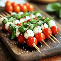 To create tasty Mini Caprese Skewers, you need fresh, vibrant ingredients. Here’s what you will need: - Cherry tomatoes - Fresh mozzarella balls (bocconcini) - Fresh basil leaves - Balsamic glaze - Extra virgin olive oil - Salt and pepper - Small skewers or toothpicks Each ingredient plays a key role in making these skewers fresh and flavorful. The cherry tomatoes bring a burst of sweetness. Fresh mozzarella offers a creamy texture that pairs well with the tomatoes. The basil adds a fragrant herb note. Balsamic glaze provides a sweet tang, while extra virgin olive oil enhances the overall flavor. Finally, salt and pepper help to bring it all together. When picking your ingredients, go for the best quality. Look for firm, ripe cherry tomatoes. Choose mozzarella balls that are soft and fresh. Fresh basil should be bright green and aromatic. If you can, try to find organic options to boost flavor and support sustainable farming. For the full recipe, check out the [Full Recipe]. This simple yet elegant appetizer is sure to impress at any gathering. Enjoy the process of gathering these ingredients and let your creativity shine in each skewer you prepare! - Rinse and dry cherry tomatoes and basil. - Take the skewers and start to assemble mini Caprese stacks. - Begin with a cherry tomato, add a basil leaf, then a mozzarella ball. - Press gently to keep everything in place. - Repeat this pattern until you have three sets on each skewer. - When done, arrange the skewers on a serving platter. - In a bowl, mix olive oil, salt, and cracked pepper. - Drizzle this mixture over your skewers for flavor. - Next, add balsamic glaze to each skewer for a sweet touch. - Optional: Chop extra basil and sprinkle it over the skewers. For the full recipe, refer to the earlier section. This simple method brings rich flavors to your table. Selecting the best cherry tomatoes When choosing cherry tomatoes, look for bright colors. Red, yellow, or orange tomatoes should feel firm. Avoid any that are soft or have dark spots. Fresh cherry tomatoes will add great flavor. They should smell sweet and earthy. Finding fresh mozzarella and basil For mozzarella, pick small balls called bocconcini. They should be soft and moist. Check the packaging date for freshness. For basil, look for vibrant green leaves. Choose bunches without wilting or browning. Fresh basil gives the skewers an aromatic lift. Arranging skewers for visual appeal To make the skewers pop, use a large white platter. Place the skewers in a crisscross pattern. This will create a fun and inviting look. You can also cluster them together for a more casual style. Consider adding some extra cherry tomatoes around the skewers for color. Serving suggestions for events At gatherings, mini Caprese skewers shine as a finger food. They are easy to grab and eat. You can serve them alongside a small bowl of extra balsamic glaze for dipping. For a festive touch, add small flags or labels to each skewer. This adds charm and helps guests know what they are enjoying. Remember, you can find the full recipe to make your skewers right here! {{image_4}} You can make your mini Caprese skewers even more exciting with different flavors. Here are some simple ideas: - Adding Herbs: Try mixing in oregano or parsley. These herbs bring a fresh taste. You can place a small leaf of oregano or parsley between the tomato and mozzarella. The extra flavor will surprise your guests! - Flavored Balsamic Glazes: Instead of regular balsamic glaze, use flavored ones. There are many options like fig or raspberry. These glazes add sweetness and a twist to the classic taste. A drizzle of these glazes can elevate your dish. If you want to cater to different diets, mini Caprese skewers can adapt well. - Vegetarian Options: The recipe is already vegetarian-friendly. You can keep it as is, or add more veggies. Bell peppers or cucumbers can add crunch and color. - Gluten-Free Considerations: This recipe is naturally gluten-free. Just ensure your balsamic glaze has no added gluten. Check the label to be safe, and you’re good to go! These variations keep the dish fresh and fun for every occasion. For the full recipe, check out [Full Recipe]. To keep your mini Caprese skewers fresh, store any leftovers in the refrigerator. Place them in an airtight container to prevent drying out. This simple step helps maintain their taste and texture. I suggest eating them within two days for the best flavor. For meal prep, assemble the skewers ahead of time. Just leave out the balsamic glaze until serving. This keeps the skewers fresh and prevents sogginess. You can make them a few hours in advance and store them in the fridge, ready for your guests. If you want to refresh the flavors before serving, take the skewers out of the fridge. Let them sit at room temperature for about 15 minutes. This enhances the taste and makes them more inviting. Instead of reheating, consider drizzling more balsamic glaze on top. This adds a nice touch and boosts the flavor. Enjoy the freshness of the ingredients with each bite of your mini Caprese skewers! How to keep skewers from getting soggy? To keep your skewers fresh, avoid soaking the tomatoes before assembly. Pat them dry instead. Use a light drizzle of olive oil just before serving. This helps keep them crisp. Can I make these ahead of time? Yes, you can prepare these skewers a few hours in advance. Just keep them in the fridge. Drizzle the balsamic glaze right before serving for the best flavor. What can I serve with mini Caprese skewers? Mini Caprese skewers pair well with a variety of snacks. Consider serving them with crusty bread or a light salad. They also work great with a cheese platter. Suggestions for pairing drinks or sides These skewers match nicely with white wine or sparkling water. A fresh lemonade adds a fun twist too. For sides, try pairing with bruschetta or a light pasta dish. Creative dips or sauces to serve alongside You can serve these skewers with a tangy pesto or a creamy avocado dip. A simple garlic aioli also adds a nice touch. Each dip brings out new flavors in the skewers. For the full recipe, check the Mini Caprese Skewers with Balsamic Drizzle. To make tasty Mini Caprese Skewers, you need just a few fresh items. Here’s what you should gather: - Cherry tomatoes - Fresh mozzarella balls (bocconcini) - Fresh basil leaves - Balsamic glaze - Extra virgin olive oil - Salt and pepper - Small skewers or toothpicks These ingredients bring bright colors and great flavors. The cherry tomatoes add a burst of sweetness. The mozzarella gives a soft, creamy texture. Fresh basil brings a strong aroma. Each skewer is a mini taste of summer! When shopping, choose ripe cherry tomatoes. They should feel firm and look shiny. For mozzarella, look for small balls in water. Fresh basil should be vibrant green with no brown spots. These choices make your dish pop. The balsamic glaze adds a sweet and tangy kick. You can find it in most grocery stores. If you prefer, you can make your own by reducing balsamic vinegar. Just simmer it until it thickens. Using high-quality olive oil is key. It enhances the taste of your dish. Don't skip the salt and pepper; they boost all the flavors. Now that you have your ingredients, you’re ready to create a delightful appetizer. For the detailed steps, check out the Full Recipe. Mini Caprese skewers are simple yet delicious. We covered the key ingredients, including cherry tomatoes, mozzarella, and fresh basil. You learned how to easily assemble them and add tasty touches like balsamic glaze. Remember, sourcing fresh ingredients makes a big difference in flavor. In the end, these skewers are a fun, versatile dish for any gathering. Enjoy experimenting with variations and serving them fresh. Try these insights, and you’ll impress your guests every time!