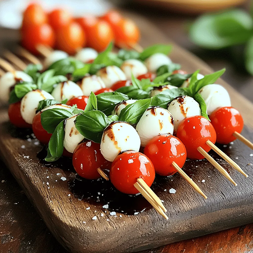 To create tasty Mini Caprese Skewers, you need fresh, vibrant ingredients. Here’s what you will need: - Cherry tomatoes - Fresh mozzarella balls (bocconcini) - Fresh basil leaves - Balsamic glaze - Extra virgin olive oil - Salt and pepper - Small skewers or toothpicks Each ingredient plays a key role in making these skewers fresh and flavorful. The cherry tomatoes bring a burst of sweetness. Fresh mozzarella offers a creamy texture that pairs well with the tomatoes. The basil adds a fragrant herb note. Balsamic glaze provides a sweet tang, while extra virgin olive oil enhances the overall flavor. Finally, salt and pepper help to bring it all together. When picking your ingredients, go for the best quality. Look for firm, ripe cherry tomatoes. Choose mozzarella balls that are soft and fresh. Fresh basil should be bright green and aromatic. If you can, try to find organic options to boost flavor and support sustainable farming. For the full recipe, check out the [Full Recipe]. This simple yet elegant appetizer is sure to impress at any gathering. Enjoy the process of gathering these ingredients and let your creativity shine in each skewer you prepare! - Rinse and dry cherry tomatoes and basil. - Take the skewers and start to assemble mini Caprese stacks. - Begin with a cherry tomato, add a basil leaf, then a mozzarella ball. - Press gently to keep everything in place. - Repeat this pattern until you have three sets on each skewer. - When done, arrange the skewers on a serving platter. - In a bowl, mix olive oil, salt, and cracked pepper. - Drizzle this mixture over your skewers for flavor. - Next, add balsamic glaze to each skewer for a sweet touch. - Optional: Chop extra basil and sprinkle it over the skewers. For the full recipe, refer to the earlier section. This simple method brings rich flavors to your table. Selecting the best cherry tomatoes When choosing cherry tomatoes, look for bright colors. Red, yellow, or orange tomatoes should feel firm. Avoid any that are soft or have dark spots. Fresh cherry tomatoes will add great flavor. They should smell sweet and earthy. Finding fresh mozzarella and basil For mozzarella, pick small balls called bocconcini. They should be soft and moist. Check the packaging date for freshness. For basil, look for vibrant green leaves. Choose bunches without wilting or browning. Fresh basil gives the skewers an aromatic lift. Arranging skewers for visual appeal To make the skewers pop, use a large white platter. Place the skewers in a crisscross pattern. This will create a fun and inviting look. You can also cluster them together for a more casual style. Consider adding some extra cherry tomatoes around the skewers for color. Serving suggestions for events At gatherings, mini Caprese skewers shine as a finger food. They are easy to grab and eat. You can serve them alongside a small bowl of extra balsamic glaze for dipping. For a festive touch, add small flags or labels to each skewer. This adds charm and helps guests know what they are enjoying. Remember, you can find the full recipe to make your skewers right here! {{image_4}} You can make your mini Caprese skewers even more exciting with different flavors. Here are some simple ideas: - Adding Herbs: Try mixing in oregano or parsley. These herbs bring a fresh taste. You can place a small leaf of oregano or parsley between the tomato and mozzarella. The extra flavor will surprise your guests! - Flavored Balsamic Glazes: Instead of regular balsamic glaze, use flavored ones. There are many options like fig or raspberry. These glazes add sweetness and a twist to the classic taste. A drizzle of these glazes can elevate your dish. If you want to cater to different diets, mini Caprese skewers can adapt well. - Vegetarian Options: The recipe is already vegetarian-friendly. You can keep it as is, or add more veggies. Bell peppers or cucumbers can add crunch and color. - Gluten-Free Considerations: This recipe is naturally gluten-free. Just ensure your balsamic glaze has no added gluten. Check the label to be safe, and you’re good to go! These variations keep the dish fresh and fun for every occasion. For the full recipe, check out [Full Recipe]. To keep your mini Caprese skewers fresh, store any leftovers in the refrigerator. Place them in an airtight container to prevent drying out. This simple step helps maintain their taste and texture. I suggest eating them within two days for the best flavor. For meal prep, assemble the skewers ahead of time. Just leave out the balsamic glaze until serving. This keeps the skewers fresh and prevents sogginess. You can make them a few hours in advance and store them in the fridge, ready for your guests. If you want to refresh the flavors before serving, take the skewers out of the fridge. Let them sit at room temperature for about 15 minutes. This enhances the taste and makes them more inviting. Instead of reheating, consider drizzling more balsamic glaze on top. This adds a nice touch and boosts the flavor. Enjoy the freshness of the ingredients with each bite of your mini Caprese skewers! How to keep skewers from getting soggy? To keep your skewers fresh, avoid soaking the tomatoes before assembly. Pat them dry instead. Use a light drizzle of olive oil just before serving. This helps keep them crisp. Can I make these ahead of time? Yes, you can prepare these skewers a few hours in advance. Just keep them in the fridge. Drizzle the balsamic glaze right before serving for the best flavor. What can I serve with mini Caprese skewers? Mini Caprese skewers pair well with a variety of snacks. Consider serving them with crusty bread or a light salad. They also work great with a cheese platter. Suggestions for pairing drinks or sides These skewers match nicely with white wine or sparkling water. A fresh lemonade adds a fun twist too. For sides, try pairing with bruschetta or a light pasta dish. Creative dips or sauces to serve alongside You can serve these skewers with a tangy pesto or a creamy avocado dip. A simple garlic aioli also adds a nice touch. Each dip brings out new flavors in the skewers. For the full recipe, check the Mini Caprese Skewers with Balsamic Drizzle. To make tasty Mini Caprese Skewers, you need just a few fresh items. Here’s what you should gather: - Cherry tomatoes - Fresh mozzarella balls (bocconcini) - Fresh basil leaves - Balsamic glaze - Extra virgin olive oil - Salt and pepper - Small skewers or toothpicks These ingredients bring bright colors and great flavors. The cherry tomatoes add a burst of sweetness. The mozzarella gives a soft, creamy texture. Fresh basil brings a strong aroma. Each skewer is a mini taste of summer! When shopping, choose ripe cherry tomatoes. They should feel firm and look shiny. For mozzarella, look for small balls in water. Fresh basil should be vibrant green with no brown spots. These choices make your dish pop. The balsamic glaze adds a sweet and tangy kick. You can find it in most grocery stores. If you prefer, you can make your own by reducing balsamic vinegar. Just simmer it until it thickens. Using high-quality olive oil is key. It enhances the taste of your dish. Don't skip the salt and pepper; they boost all the flavors. Now that you have your ingredients, you’re ready to create a delightful appetizer. For the detailed steps, check out the Full Recipe. Mini Caprese skewers are simple yet delicious. We covered the key ingredients, including cherry tomatoes, mozzarella, and fresh basil. You learned how to easily assemble them and add tasty touches like balsamic glaze. Remember, sourcing fresh ingredients makes a big difference in flavor. In the end, these skewers are a fun, versatile dish for any gathering. Enjoy experimenting with variations and serving them fresh. Try these insights, and you’ll impress your guests every time!