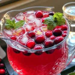 To make a tasty cranberry ginger punch, gather these ingredients: - 4 cups cranberry juice - 1 tablespoon fresh ginger, finely grated - 1 cup sparkling water - 1/4 cup honey (adjust based on sweetness preference) - Juice of 1 lime - 1 cup fresh cranberries (for decorative garnish) - Fresh mint leaves (for garnishing) - Ice cubes This punch is simple to make and full of flavor. You can also customize it! Here are some optional ingredients to try: - Use flavored sparkling water for a twist. - Add orange juice for a fruity kick. - Substitute agave syrup for honey if you prefer. Gather these ingredients, and you’re ready to make the perfect holiday drink! For the full recipe, check out the detailed steps in the next section. Prepping the Ingredients Start by gathering all your ingredients. You need cranberry juice, fresh ginger, sparkling water, honey, lime juice, fresh cranberries, mint leaves, and ice cubes. Measure 4 cups of cranberry juice and 1 tablespoon of grated ginger. Squeeze the juice from one lime. Get 1 cup of fresh cranberries for garnish, and have fresh mint ready. Mixing and Flavor Infusion In a large pitcher, combine the cranberry juice, grated ginger, honey, and lime juice. Stir it well. Make sure the honey dissolves fully. Cover the pitcher and let the mix sit for 30 minutes. This step is key as it lets the flavors blend together nicely. After 30 minutes, strain the mix through a fine mesh sieve. This removes the ginger bits and pulp, giving you a smooth drink. Serving Suggestions Before serving, add 1 cup of sparkling water to the pitcher. Gently stir to keep it bubbly. Prepare your glasses with ice cubes. Pour the cranberry ginger punch over the ice. For a nice touch, add fresh cranberries on top. Finish off each glass with a sprig of mint. This adds color and aroma. Enjoy your refreshing holiday drink! You can find the full recipe for more details. - Best practices for flavor balance: Start with quality cranberry juice. Use 100% juice for the best taste. Fresh ginger adds a warm, spicy kick. Lime juice brings brightness. Adjust the mix as needed. Taste as you go. - How to adjust sweetness levels: Honey is a great sweetener, but you can use less. If you want it sweeter, add more honey. Remember, you can always add more, but you can't take it out. Try different sweeteners like agave or maple syrup for a twist. - Ensuring maximum freshness: Use fresh ginger and lime juice for the best flavor. Always serve the punch cold and add ice just before serving. This keeps the drink from getting watery. If making ahead, store the base drink and add sparkling water right before serving. These tips will help you create a delicious cranberry ginger punch that everyone will love. For the complete recipe, check out the Full Recipe. Enjoy your festive drink! {{image_4}} You can make cranberry ginger punch even more fun with a few twists. Here are some ideas: - Alcoholic version with spirits: Want to add some cheer? Mix in vodka or rum. For a festive touch, try cranberry-flavored vodka. Use about 1 to 2 cups. Adjust based on taste. This adds a fun kick for adult gatherings. - Alternative sweeteners or juices: If you want to change the sweetness, swap honey for agave nectar or maple syrup. You can also use apple juice instead of cranberry juice. This gives a new flavor and can be less tart. - Seasonal variations and additions: Mix in other fruits for a seasonal vibe. Try adding orange slices or pomegranate seeds. You can also add herbs like rosemary or thyme. They give a nice twist and add depth to the flavor. These variations make your cranberry ginger punch unique, perfect for any party or holiday gathering. For the full recipe, check out the [Full Recipe]. To keep your cranberry ginger punch fresh, pour any leftover drink into a clean bottle. Seal it tightly with a lid. This method helps keep the flavors intact and stops air from getting in. If stored properly in the fridge, the punch stays fresh for about three days. However, for the best taste, try to enjoy it within one day. The ginger flavors may become stronger over time, which might change the punch's taste. If you want to repurpose your punch, use it in a fun way! You can freeze it into ice cubes. These cubes add a splash of cranberry flavor to water or other drinks later. You can also blend it into smoothies for a refreshing twist. For reheating, pour the punch into a pot. Heat it gently on low. Avoid boiling, as this will change the taste. Stir occasionally until warm, then serve it hot with some fresh mint or cranberries on top. This makes a cozy drink for chilly nights. For the full recipe, check out the Cranberry Ginger Punch instructions above! Can I make this punch ahead of time? Yes, you can make this punch ahead of time. Prepare the mix without the sparkling water. Refrigerate it for up to two days. When ready to serve, add the sparkling water for fizz. What are the health benefits of ginger? Ginger has many health benefits. It can help with digestion and reduce nausea. Ginger also has anti-inflammatory properties. This spice may help boost your immune system, which is great during winter. How can I add more flavors to my punch? You can add more flavors to your punch easily. Consider adding sliced oranges or lemons for a citrus twist. You might also try berries like blueberries or raspberries. Using different herbs, like rosemary or basil, can add a unique touch. For a spicy kick, add more ginger! For the full recipe, be sure to check out the details above! This blog post covered everything you need to know about making Cranberry Ginger Punch. We explored the complete ingredient list, step-by-step instructions, and tips for mastering flavors. You also learned fun variations and how to store any leftovers. Enjoy this refreshing drink at your next gathering. Have fun customizing it to match your taste. Share your own twists and tricks. Happy mixing!
