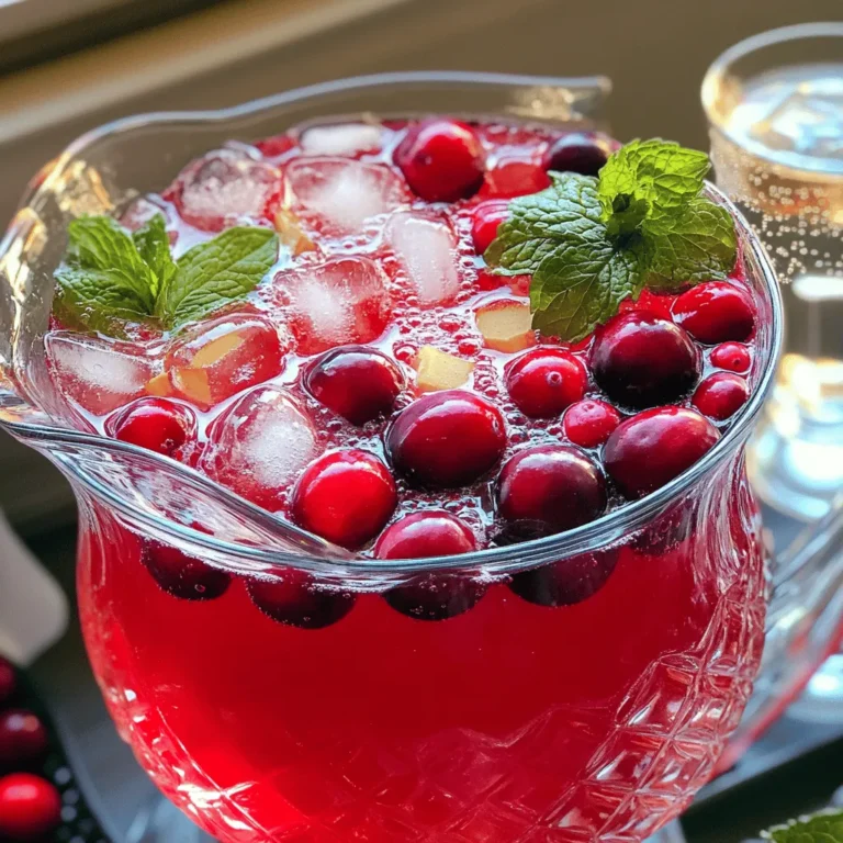 To make a tasty cranberry ginger punch, gather these ingredients: - 4 cups cranberry juice - 1 tablespoon fresh ginger, finely grated - 1 cup sparkling water - 1/4 cup honey (adjust based on sweetness preference) - Juice of 1 lime - 1 cup fresh cranberries (for decorative garnish) - Fresh mint leaves (for garnishing) - Ice cubes This punch is simple to make and full of flavor. You can also customize it! Here are some optional ingredients to try: - Use flavored sparkling water for a twist. - Add orange juice for a fruity kick. - Substitute agave syrup for honey if you prefer. Gather these ingredients, and you’re ready to make the perfect holiday drink! For the full recipe, check out the detailed steps in the next section. Prepping the Ingredients Start by gathering all your ingredients. You need cranberry juice, fresh ginger, sparkling water, honey, lime juice, fresh cranberries, mint leaves, and ice cubes. Measure 4 cups of cranberry juice and 1 tablespoon of grated ginger. Squeeze the juice from one lime. Get 1 cup of fresh cranberries for garnish, and have fresh mint ready. Mixing and Flavor Infusion In a large pitcher, combine the cranberry juice, grated ginger, honey, and lime juice. Stir it well. Make sure the honey dissolves fully. Cover the pitcher and let the mix sit for 30 minutes. This step is key as it lets the flavors blend together nicely. After 30 minutes, strain the mix through a fine mesh sieve. This removes the ginger bits and pulp, giving you a smooth drink. Serving Suggestions Before serving, add 1 cup of sparkling water to the pitcher. Gently stir to keep it bubbly. Prepare your glasses with ice cubes. Pour the cranberry ginger punch over the ice. For a nice touch, add fresh cranberries on top. Finish off each glass with a sprig of mint. This adds color and aroma. Enjoy your refreshing holiday drink! You can find the full recipe for more details. - Best practices for flavor balance: Start with quality cranberry juice. Use 100% juice for the best taste. Fresh ginger adds a warm, spicy kick. Lime juice brings brightness. Adjust the mix as needed. Taste as you go. - How to adjust sweetness levels: Honey is a great sweetener, but you can use less. If you want it sweeter, add more honey. Remember, you can always add more, but you can't take it out. Try different sweeteners like agave or maple syrup for a twist. - Ensuring maximum freshness: Use fresh ginger and lime juice for the best flavor. Always serve the punch cold and add ice just before serving. This keeps the drink from getting watery. If making ahead, store the base drink and add sparkling water right before serving. These tips will help you create a delicious cranberry ginger punch that everyone will love. For the complete recipe, check out the Full Recipe. Enjoy your festive drink! {{image_4}} You can make cranberry ginger punch even more fun with a few twists. Here are some ideas: - Alcoholic version with spirits: Want to add some cheer? Mix in vodka or rum. For a festive touch, try cranberry-flavored vodka. Use about 1 to 2 cups. Adjust based on taste. This adds a fun kick for adult gatherings. - Alternative sweeteners or juices: If you want to change the sweetness, swap honey for agave nectar or maple syrup. You can also use apple juice instead of cranberry juice. This gives a new flavor and can be less tart. - Seasonal variations and additions: Mix in other fruits for a seasonal vibe. Try adding orange slices or pomegranate seeds. You can also add herbs like rosemary or thyme. They give a nice twist and add depth to the flavor. These variations make your cranberry ginger punch unique, perfect for any party or holiday gathering. For the full recipe, check out the [Full Recipe]. To keep your cranberry ginger punch fresh, pour any leftover drink into a clean bottle. Seal it tightly with a lid. This method helps keep the flavors intact and stops air from getting in. If stored properly in the fridge, the punch stays fresh for about three days. However, for the best taste, try to enjoy it within one day. The ginger flavors may become stronger over time, which might change the punch's taste. If you want to repurpose your punch, use it in a fun way! You can freeze it into ice cubes. These cubes add a splash of cranberry flavor to water or other drinks later. You can also blend it into smoothies for a refreshing twist. For reheating, pour the punch into a pot. Heat it gently on low. Avoid boiling, as this will change the taste. Stir occasionally until warm, then serve it hot with some fresh mint or cranberries on top. This makes a cozy drink for chilly nights. For the full recipe, check out the Cranberry Ginger Punch instructions above! Can I make this punch ahead of time? Yes, you can make this punch ahead of time. Prepare the mix without the sparkling water. Refrigerate it for up to two days. When ready to serve, add the sparkling water for fizz. What are the health benefits of ginger? Ginger has many health benefits. It can help with digestion and reduce nausea. Ginger also has anti-inflammatory properties. This spice may help boost your immune system, which is great during winter. How can I add more flavors to my punch? You can add more flavors to your punch easily. Consider adding sliced oranges or lemons for a citrus twist. You might also try berries like blueberries or raspberries. Using different herbs, like rosemary or basil, can add a unique touch. For a spicy kick, add more ginger! For the full recipe, be sure to check out the details above! This blog post covered everything you need to know about making Cranberry Ginger Punch. We explored the complete ingredient list, step-by-step instructions, and tips for mastering flavors. You also learned fun variations and how to store any leftovers. Enjoy this refreshing drink at your next gathering. Have fun customizing it to match your taste. Share your own twists and tricks. Happy mixing!