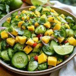 - 2 ripe mangoes, diced into bite-sized pieces - 1 crisp cucumber, diced - 1 colorful red bell pepper, diced - 1/2 of a medium red onion, finely chopped - 1 jalapeño pepper, seeded and minced (optional for an added kick) The main ingredients bring a burst of color and flavor. Ripe mangoes are sweet and juicy. The cucumber adds a nice crunch. The red bell pepper gives a fresh taste and bright color. Red onions add a bit of sharpness, while jalapeños can spice things up if you want. - Juice of 2 fresh limes - 2 tablespoons honey (or substitute with agave syrup for a vegan alternative) - 2 tablespoons extra-virgin olive oil - Sea salt and freshly cracked black pepper to taste This dressing is zesty and bright. Fresh lime juice gives it a tangy kick. Honey adds sweetness, but you can use agave syrup for a vegan option. Olive oil makes it smooth, while salt and pepper enhance all the flavors. This recipe serves 4. If you have more guests, just double the amounts. You can swap ingredients if needed. Try using pineapple instead of mango for a tropical twist. You can also use a different oil or sweetener based on your taste. If you want a creamier dressing, add yogurt or avocado. For more details, check the Full Recipe. Start with the mangoes. Choose ripe mangoes; they will be sweet and juicy. Hold the mango upright and slice off the cheeks, avoiding the pit. Dice the mango into bite-sized pieces. Next, grab a cucumber. Peel it if you like, then cut it into small cubes. For color, dice a red bell pepper. Follow this by chopping half a red onion finely. If you want a kick, chop a jalapeño pepper. Remove the seeds first. Lastly, roughly chop fresh cilantro leaves. Combine all these vibrant ingredients in a large mixing bowl. In a small bowl, squeeze the juice of two fresh limes. You need about a half cup of juice. Add two tablespoons of honey or agave syrup. This adds sweetness to balance the lime's tartness. Next, pour in two tablespoons of extra-virgin olive oil. This gives the dressing a rich flavor. Season with sea salt and cracked black pepper to taste. Whisk all the ingredients together vigorously. You want a smooth, glossy dressing that coats well. Now it’s time to mix! Drizzle the lime dressing over the salad mixture. Use a spatula or salad tongs to gently toss the salad. Be careful not to mash the mango pieces. They should stay intact for a beautiful look. Taste the salad and adjust the seasoning if needed. Wait about ten minutes for the flavors to blend. Just before serving, sprinkle chopped cilantro over the top. This adds a fresh aroma and bright color. For the complete recipe, check out the Full Recipe section. To boost the taste of your mango salad, try these ideas: - Add more lime juice for a zesty kick. - Use fresh herbs like mint or basil for added freshness. - Include diced avocado for creaminess and healthy fats. - Toss in some chopped nuts for crunch. These changes can make your salad unique and tasty. Don’t hesitate to play with flavors until you find your perfect mix. This salad shines at summer picnics or casual dinners. Here are some great times to serve it: - Serve it at barbecues alongside grilled meats. - It works well for taco night or as a side for fish. - Bring it to potlucks for a vibrant and fresh option. Garnish with lime wedges or extra herbs to make it pop on the table. Make your salad visually appealing with these tips: - Use a large, shallow bowl to let the colors stand out. - Layer the ingredients instead of mixing them all together. - Add a few lime slices on top for a bright touch. These simple tricks will impress your guests and make your salad a centerpiece. For the full recipe, check out the Tropical Mango Fusion Salad with Zesty Lime Drizzle. {{image_4}} You can easily swap fruits or veggies in this salad. If mangoes are not available, try ripe peaches or juicy pineapples. They add a sweet burst to the dish. You could also use diced avocado for creaminess. For crunch, consider adding radishes or shredded carrots. These options keep your salad fresh and fun. While the lime dressing shines, feel free to experiment with other dressings. A simple balsamic vinaigrette works well, bringing a tangy note. You could try a creamy yogurt dressing for a different twist. Even a chili-lime sauce can add heat and zest. These dressings can change the whole flavor of your mango salad. Want to spice things up? Add cooked shrimp or grilled chicken for protein. You can also toss in roasted chickpeas for a hearty touch. For more heat, include diced serrano peppers. These additions give your salad unique flavors and textures. Feel free to get creative and make it your own! To keep your mango salad fresh, store it in an airtight container. Place it in the fridge. This helps to keep the flavors intact and the ingredients crisp. If you can, consume the salad within a day or two for the best taste. Avoid mixing in the dressing until you are ready to eat. This will prevent the salad from getting soggy. Mangoes stay fresh for about 2-3 days after cutting. Cucumbers and bell peppers can last 3-5 days when stored properly. Red onions usually stay good for a week if kept cool. If you use jalapeños, they should be eaten within a few days for the best flavor. Check for any signs of spoilage before using. This salad is best served cold. If you need to revive it, mix in a splash of fresh lime juice. This will brighten up the flavors. You can also add fresh cilantro just before serving. Avoid reheating the salad, as it may change the texture and taste. Enjoy it as a refreshing snack or side dish! For the complete recipe, check out the Full Recipe. Yes, you can make the salad ahead of time! To prep in advance, chop the mangoes and veggies. Store them in an airtight container in the fridge. Keep the dressing separate until you're ready to eat. This keeps the salad fresh and crunchy. This salad pairs well with many dishes. You can serve it alongside grilled chicken or fish for a tasty meal. It also works great with tacos or rice dishes. The bright flavors of the salad complement spicy foods very well. Yes, this recipe can easily be vegan! You can swap honey for agave syrup. All other ingredients are naturally vegan. This way, everyone can enjoy the refreshing flavors of the salad. It's a great option for plant-based meals. For the full recipe, check out the Tropical Mango Fusion Salad with Zesty Lime Drizzle. In this article, we explored making a refreshing mango salad. You learned about the key ingredients, from ripe mangoes to spicy jalapeños. We shared step-by-step instructions for preparing and mixing the salad. You found tips on enhancing flavors and ideas for presentation. We also discussed variations, storage tips, and FAQs. With these insights, you can easily create a tasty, colorful dish. Enjoy trying new flavors and impressing your guests. Your creativity with this salad will shine!