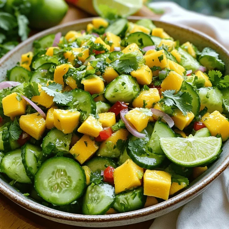 - 2 ripe mangoes, diced into bite-sized pieces - 1 crisp cucumber, diced - 1 colorful red bell pepper, diced - 1/2 of a medium red onion, finely chopped - 1 jalapeño pepper, seeded and minced (optional for an added kick) The main ingredients bring a burst of color and flavor. Ripe mangoes are sweet and juicy. The cucumber adds a nice crunch. The red bell pepper gives a fresh taste and bright color. Red onions add a bit of sharpness, while jalapeños can spice things up if you want. - Juice of 2 fresh limes - 2 tablespoons honey (or substitute with agave syrup for a vegan alternative) - 2 tablespoons extra-virgin olive oil - Sea salt and freshly cracked black pepper to taste This dressing is zesty and bright. Fresh lime juice gives it a tangy kick. Honey adds sweetness, but you can use agave syrup for a vegan option. Olive oil makes it smooth, while salt and pepper enhance all the flavors. This recipe serves 4. If you have more guests, just double the amounts. You can swap ingredients if needed. Try using pineapple instead of mango for a tropical twist. You can also use a different oil or sweetener based on your taste. If you want a creamier dressing, add yogurt or avocado. For more details, check the Full Recipe. Start with the mangoes. Choose ripe mangoes; they will be sweet and juicy. Hold the mango upright and slice off the cheeks, avoiding the pit. Dice the mango into bite-sized pieces. Next, grab a cucumber. Peel it if you like, then cut it into small cubes. For color, dice a red bell pepper. Follow this by chopping half a red onion finely. If you want a kick, chop a jalapeño pepper. Remove the seeds first. Lastly, roughly chop fresh cilantro leaves. Combine all these vibrant ingredients in a large mixing bowl. In a small bowl, squeeze the juice of two fresh limes. You need about a half cup of juice. Add two tablespoons of honey or agave syrup. This adds sweetness to balance the lime's tartness. Next, pour in two tablespoons of extra-virgin olive oil. This gives the dressing a rich flavor. Season with sea salt and cracked black pepper to taste. Whisk all the ingredients together vigorously. You want a smooth, glossy dressing that coats well. Now it’s time to mix! Drizzle the lime dressing over the salad mixture. Use a spatula or salad tongs to gently toss the salad. Be careful not to mash the mango pieces. They should stay intact for a beautiful look. Taste the salad and adjust the seasoning if needed. Wait about ten minutes for the flavors to blend. Just before serving, sprinkle chopped cilantro over the top. This adds a fresh aroma and bright color. For the complete recipe, check out the Full Recipe section. To boost the taste of your mango salad, try these ideas: - Add more lime juice for a zesty kick. - Use fresh herbs like mint or basil for added freshness. - Include diced avocado for creaminess and healthy fats. - Toss in some chopped nuts for crunch. These changes can make your salad unique and tasty. Don’t hesitate to play with flavors until you find your perfect mix. This salad shines at summer picnics or casual dinners. Here are some great times to serve it: - Serve it at barbecues alongside grilled meats. - It works well for taco night or as a side for fish. - Bring it to potlucks for a vibrant and fresh option. Garnish with lime wedges or extra herbs to make it pop on the table. Make your salad visually appealing with these tips: - Use a large, shallow bowl to let the colors stand out. - Layer the ingredients instead of mixing them all together. - Add a few lime slices on top for a bright touch. These simple tricks will impress your guests and make your salad a centerpiece. For the full recipe, check out the Tropical Mango Fusion Salad with Zesty Lime Drizzle. {{image_4}} You can easily swap fruits or veggies in this salad. If mangoes are not available, try ripe peaches or juicy pineapples. They add a sweet burst to the dish. You could also use diced avocado for creaminess. For crunch, consider adding radishes or shredded carrots. These options keep your salad fresh and fun. While the lime dressing shines, feel free to experiment with other dressings. A simple balsamic vinaigrette works well, bringing a tangy note. You could try a creamy yogurt dressing for a different twist. Even a chili-lime sauce can add heat and zest. These dressings can change the whole flavor of your mango salad. Want to spice things up? Add cooked shrimp or grilled chicken for protein. You can also toss in roasted chickpeas for a hearty touch. For more heat, include diced serrano peppers. These additions give your salad unique flavors and textures. Feel free to get creative and make it your own! To keep your mango salad fresh, store it in an airtight container. Place it in the fridge. This helps to keep the flavors intact and the ingredients crisp. If you can, consume the salad within a day or two for the best taste. Avoid mixing in the dressing until you are ready to eat. This will prevent the salad from getting soggy. Mangoes stay fresh for about 2-3 days after cutting. Cucumbers and bell peppers can last 3-5 days when stored properly. Red onions usually stay good for a week if kept cool. If you use jalapeños, they should be eaten within a few days for the best flavor. Check for any signs of spoilage before using. This salad is best served cold. If you need to revive it, mix in a splash of fresh lime juice. This will brighten up the flavors. You can also add fresh cilantro just before serving. Avoid reheating the salad, as it may change the texture and taste. Enjoy it as a refreshing snack or side dish! For the complete recipe, check out the Full Recipe. Yes, you can make the salad ahead of time! To prep in advance, chop the mangoes and veggies. Store them in an airtight container in the fridge. Keep the dressing separate until you're ready to eat. This keeps the salad fresh and crunchy. This salad pairs well with many dishes. You can serve it alongside grilled chicken or fish for a tasty meal. It also works great with tacos or rice dishes. The bright flavors of the salad complement spicy foods very well. Yes, this recipe can easily be vegan! You can swap honey for agave syrup. All other ingredients are naturally vegan. This way, everyone can enjoy the refreshing flavors of the salad. It's a great option for plant-based meals. For the full recipe, check out the Tropical Mango Fusion Salad with Zesty Lime Drizzle. In this article, we explored making a refreshing mango salad. You learned about the key ingredients, from ripe mangoes to spicy jalapeños. We shared step-by-step instructions for preparing and mixing the salad. You found tips on enhancing flavors and ideas for presentation. We also discussed variations, storage tips, and FAQs. With these insights, you can easily create a tasty, colorful dish. Enjoy trying new flavors and impressing your guests. Your creativity with this salad will shine!