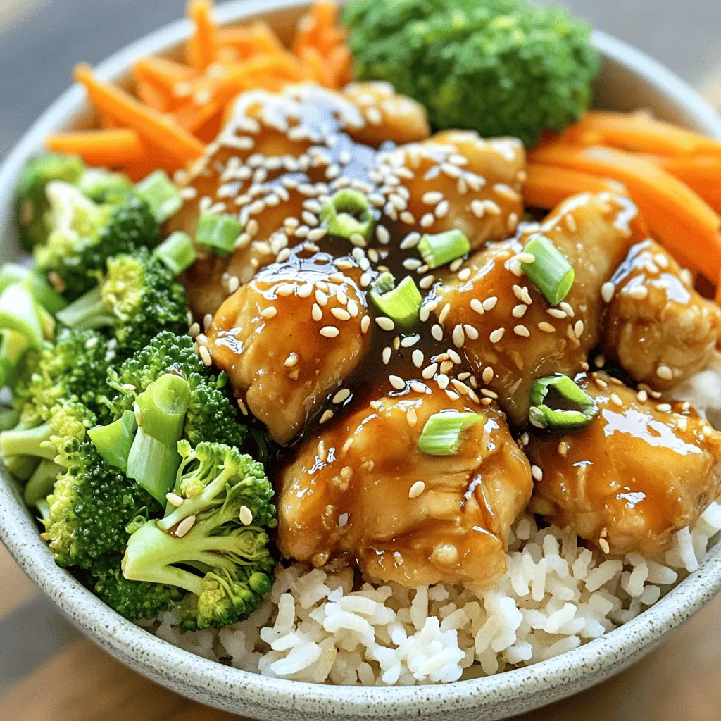 - 2 boneless, skinless chicken thighs, diced into bite-sized pieces - 1 cup jasmine rice - 2 cups water or chicken broth - 1 tablespoon vegetable oil - 1/4 cup low-sodium soy sauce - 2 tablespoons honey - 1 tablespoon freshly grated ginger - 2 cloves garlic, finely minced - 1/2 teaspoon sesame oil - 1 cup fresh broccoli florets - 1/2 cup carrot, julienned - 2 green onions, sliced thinly - Sesame seeds for garnish When making a teriyaki chicken rice bowl, I focus on fresh, simple ingredients. The chicken is the star. I use two boneless thighs, cut into small pieces. This makes it easy to cook quickly. I love jasmine rice for its sweet flavor and fluffy texture. For the sauce, low-sodium soy sauce is key. It gives great taste without too much salt. I mix it with honey for sweetness. Fresh ginger and garlic add a nice kick. A touch of sesame oil rounds it out. Fresh veggies make the dish colorful and healthy. I pick bright green broccoli and sweet carrots. Green onions add a fresh crunch on top. Finally, I sprinkle sesame seeds for a nutty finish. You can find the full recipe at the end of the article. Enjoy cooking! - Bring water or broth to a boil. - Stir in jasmine rice and simmer for 15 minutes. - Fluff the rice and set aside. To cook the rice, use a medium pot. Pour in either water or chicken broth. A flavorful broth adds depth to your rice. Once the liquid boils, add the jasmine rice. Cover the pot with a lid and reduce the heat to low. Let it simmer for about 15 minutes. This will allow the rice to absorb all the liquid. After 15 minutes, fluff the rice with a fork. This step makes the rice light and airy. Keep it aside while you prepare the rest. - Combine soy sauce, honey, ginger, garlic, and sesame oil. - Whisk until smooth. For the teriyaki sauce, grab a small mixing bowl. Combine soy sauce, honey, grated ginger, minced garlic, and sesame oil. Whisk these ingredients together until the mixture is smooth. This sauce is key for flavor. Set it aside for later as you cook the chicken and veggies. - Heat vegetable oil in a skillet. - Add diced chicken and cook until golden brown. - Ensure internal temperature reaches 165°F. In a large skillet, heat vegetable oil over medium-high heat. Once the oil shimmers, add your diced chicken. Cook them for about 5 to 7 minutes. Stir occasionally and watch for that golden-brown color. Use a meat thermometer to check that the chicken reaches 165°F. This ensures it's safe to eat. - Lower heat and add broccoli and carrots. - Sauté until broccoli is bright green and tender. Once your chicken is golden, lower the heat to medium. Add fresh broccoli florets and julienned carrots to the skillet. Sauté the mixture for 3 to 5 minutes. You want the broccoli to turn bright green and tender but still crisp. This adds color and texture to your dish. - Pour teriyaki sauce over the skillet mixture. - Cook until sauce thickens. Next, pour the teriyaki sauce over the chicken and veggies in the skillet. Stir well to coat everything evenly. Allow it to cook for an additional 2 to 3 minutes. This helps the sauce thicken and stick to your chicken and veggies. - Divide rice among serving bowls. - Top with teriyaki chicken and vegetables. Now it’s time to assemble your rice bowls! Divide the fluffy jasmine rice among your serving bowls. Generously top the rice with the teriyaki chicken and vegetable mixture. This creates a colorful and delicious meal. For a finishing touch, sprinkle sliced green onions and sesame seeds on top. Enjoy your flavorful Teriyaki Chicken Rice Bowl! For the full recipe, check out the details above! - Experiment with additional spices like red pepper flakes. This adds a nice kick. - Adjust sweetness by modifying the honey quantity. More honey makes it sweeter. - Use a meat thermometer for precision. Cook chicken until it reaches 165°F. - Marinate chicken for added flavor overnight. This makes a big difference in taste. - Rinse rice before cooking for a fluffier texture. This removes excess starch. - Consider using a rice cooker for convenience. It ensures perfect rice every time. These tips will help you make a tasty Teriyaki Chicken Rice Bowl. Check out the Full Recipe for all the details! {{image_4}} You can change the protein in your Teriyaki Chicken Rice Bowl. Substitute the chicken with tofu or shrimp. Tofu gives a nice texture and absorbs flavors well. Shrimp cooks quickly and adds a sweet taste. If you want something heartier, use beef. A Teriyaki Beef Rice Bowl brings a rich flavor that pairs well with the sauce. Feel free to mix up the veggies in your bowl. Replace the broccoli with bell peppers or snap peas. Both options add a crisp bite and color. You can also try bok choy for a unique twist. Bok choy has a mild flavor and adds a nice crunch. You can tweak the teriyaki sauce to suit your taste. Try using pineapple juice for a sweeter sauce. This adds a fruity note that brightens the dish. If you like heat, incorporate Sriracha for a spicy kick. This adds depth and makes each bite exciting. For the complete recipe, check the Full Recipe. After enjoying your Teriyaki Chicken Rice Bowl, store leftovers in an airtight container in the fridge. This helps keep the flavors fresh and safe. Try to eat it within 3-4 days for the best quality. When you're ready to enjoy your leftovers, you have a couple of options. You can microwave the rice bowl for 1-2 minutes. Make sure to stir it occasionally to heat evenly. If you want a better texture, use a skillet. Just heat it over medium heat until warmed through. If you want to save some for later, freezing is a good choice. Freeze the dish in individual portions for easy meal prep. When you’re ready to eat, thaw it properly in the fridge overnight before reheating. This keeps the chicken juicy and the rice fluffy. For the full recipe, check out the earlier sections. Yes, but adjust the cooking time and water ratio. Brown rice takes longer to cook. Use 2.5 cups of water for 1 cup of brown rice. Cook it for about 40-45 minutes. This will give you a nutty flavor and more fiber. Steamed dumplings and miso soup are great sides. Both add a nice touch to your meal. You can also serve a fresh salad on the side. These will enhance your dining experience. Substitute soy sauce with tamari or coconut aminos. Both options will give you a similar taste. You can find them at most grocery stores. They are perfect for anyone avoiding gluten. Yes, prepare all components in advance and combine when ready to serve. Cook the chicken, rice, and veggies ahead of time. Store them in separate containers in the fridge. Simply reheat when you're ready to enjoy your meal. Use less honey and incorporate more vegetables for added nutrients. Add bell peppers, snap peas, or spinach. This not only boosts nutrition but also adds vibrant colors to your bowl. You can enjoy a tasty meal that’s healthy and satisfying. In this article, we explored a simple Teriyaki Chicken Rice Bowl recipe. We covered key ingredients, from chicken thighs to fresh veggies. You learned step-by-step cooking instructions to create a delicious meal. Tips helped you enhance flavors, while variations allowed for creativity. Remember, this dish is versatile and easy to make. Whether for a family dinner or meal prep, it fits any occasion. Enjoy experimenting with it, and make it your own!