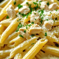 - 300g penne pasta - 2 boneless, skinless chicken breasts, diced - 4 cloves garlic, finely minced - 1 cup heavy cream - 1 cup chicken broth - 1 cup freshly grated Parmesan cheese - 1 tablespoon olive oil - 1 teaspoon dried Italian herbs - Salt and freshly ground black pepper - Fresh parsley, for garnish When I think of Creamy Garlic Chicken Penne, I picture a dish that brings warmth and comfort. The main ingredients are simple yet important. The penne pasta forms a perfect base, while the chicken gives it substance. Garlic adds a strong, fragrant touch, making it irresistible. Next, we have the cooking essentials. Heavy cream creates that rich, creamy texture we love. Chicken broth brings depth of flavor, while Parmesan cheese adds a savory touch. Olive oil is key for cooking the chicken and starting the dish off right. Don’t forget the seasoning and garnish. Italian herbs add a burst of flavor, and salt and pepper balance everything out. Fresh parsley not only looks great but also adds freshness to the plate. For the full experience, check out the Full Recipe. Remember, each ingredient plays a role in making this dish truly special! Start by filling a large pot with water and add a good amount of salt. This step adds flavor to the pasta. Bring the water to a rolling boil. Once boiling, add the penne pasta. Cook it according to the package instructions until it is al dente, usually about 10-12 minutes. When done, drain the pasta in a colander. Remember to save a cup of the starchy pasta water for later. While the pasta cooks, take your diced chicken breasts. Season them well with salt, black pepper, and dried Italian herbs. In a large skillet, heat the olive oil over medium heat. Once the oil shimmers, add the chicken. Cook the chicken for about 5-7 minutes, stirring occasionally. It should turn golden brown and be fully cooked. After cooking, remove the chicken from the skillet and let it rest on a plate. In the same skillet, add your minced garlic. Sauté it for 1-2 minutes, stirring often to avoid burning. You want the garlic to smell amazing! Next, pour in the chicken broth and let it simmer for about 2 minutes. Slowly add the heavy cream, stirring continuously. Let the sauce simmer on low heat for another 3-4 minutes until it thickens into a rich and creamy texture. Now it's time to bring everything together. Return the cooked chicken to the skillet, along with the drained penne. Gently fold in the grated Parmesan cheese. Stir until all the ingredients are well mixed and the pasta is coated in the creamy sauce. If the sauce is too thick, add a splash of the reserved pasta water to reach your desired consistency. Before serving, taste your dish. Adjust the seasoning with more salt and freshly ground pepper if needed. Once it tastes just right, remove the skillet from heat. Serve your Creamy Garlic Chicken Penne hot, garnished with freshly chopped parsley for a touch of color. For the full recipe, check below! To avoid burning garlic, cook it slowly. Add it to your pan after the chicken. Stir it often for one to two minutes. You want it golden, not brown. This gives a nice flavor without bitterness. For a creamy consistency, use heavy cream. Slowly add it to the pan after the broth. Stir often to blend. Let it simmer on low heat. This helps it thicken and get rich. Timing is key for pasta. If you overcook it, it turns mushy. Check the package for cooking times. Start tasting the pasta a minute or two before the time is up. Look for a firm bite when you taste it. It should not be hard but have some resistance. This is the perfect al dente texture for your penne. For side dishes, think about a fresh salad or garlic bread. A simple green salad with lemon dressing works well. Garlic bread adds a nice crunch and flavor. To present your dish, use shallow bowls. This makes the meal look elegant. Top it with extra Parmesan and a sprig of parsley. It adds color and style to your creamy garlic chicken penne. {{image_4}} You can make this dish fit many diets. If you need gluten-free options, use gluten-free pasta. Many brands offer good substitutes that taste great. You can easily find them in stores. For a vegan option, swap the chicken and cream. Use chickpeas or tofu for protein. Instead of heavy cream, try coconut cream or cashew cream. These options keep the dish creamy and rich. Want to boost the flavor? Add vegetables to your dish. Spinach is a great choice. It wilts nicely and adds nutrients. Sun-dried tomatoes bring a burst of flavor, too. They add a nice sweetness that pairs well with garlic. If you like a little heat, sprinkle in red pepper flakes. Start with a small amount. You can always add more if you like it spicy. You can switch out chicken for other proteins. Shrimp works wonderfully in this dish. It cooks quickly and adds a nice seafood twist. Tofu is another great substitute. Make sure to press it first to remove excess water. Cook it until golden brown for the best texture. Adjust cooking times as needed. Shrimp cooks fast, while tofu takes a bit longer to get crispy. Explore these variations to make the dish your own. Each twist offers a fresh take on a classic. For the full recipe, check out the detailed instructions above. To keep your Creamy Garlic Chicken Penne fresh, store it in an airtight container. Make sure it cools to room temperature before sealing. This dish will last in the fridge for about 3 to 4 days. If you notice any change in smell or color, it’s best to throw it away. You can freeze Creamy Garlic Chicken Penne if you want to save some for later. Portion it into freezer-safe containers. It’s best to freeze it within two days of making it. This dish can last in the freezer for up to 2 months. When you’re ready to eat, thaw it overnight in the fridge. To reheat, check the next section for the best methods that keep it creamy and delicious. To reheat your creamy dish, use a skillet over low heat. Add a splash of chicken broth or milk to keep it smooth. Stir it gently to avoid burning. If you prefer the microwave, heat it in short bursts. Stir between each burst to ensure even heating. Be careful not to overcook it, as this can make the sauce separate. Enjoy your meal just like it was fresh! Making Creamy Garlic Chicken Penne takes about 35 minutes. You need 10 minutes to prep and 25 minutes to cook. This timing works well for a quick weeknight meal. Yes, you can add more garlic if you love its flavor. Start with an extra clove. Taste as you go to avoid making the dish too strong. Garlic adds depth, but balance is key. This dish pairs well with a fresh green salad or garlic bread. A simple side of steamed broccoli can also add color and nutrition. These sides complement the creamy sauce and give you a complete meal. To add spice, try red pepper flakes or black pepper. Start with a pinch and stir. You can also use spicy Italian sausage instead of chicken. This change gives a nice heat to the meal. Yes, you can prep the chicken and sauce ahead of time. Store them in the fridge for up to two days. Cook the penne just before serving. This method keeps the pasta fresh and prevents it from getting soggy. For the full recipe, check the earlier section. This blog post covered how to make Creamy Garlic Chicken Penne. You learned about key ingredients, step-by-step cooking, and serving ideas. We explored fun variations and how to store leftovers. Remember, cooking should be fun and flexible. Feel free to tweak the recipe to fit your taste. Enjoy creating your dish and sharing it with others!