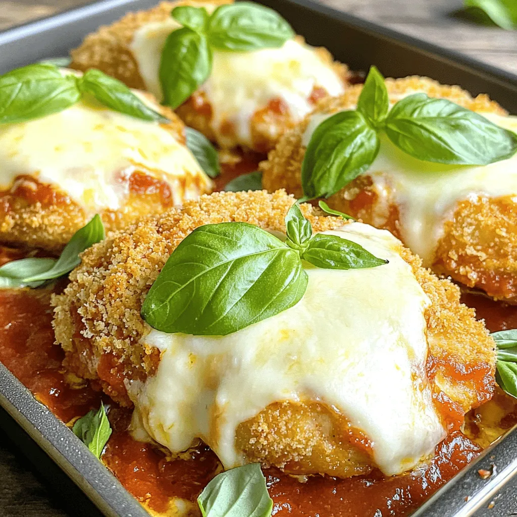 - 2 boneless, skinless chicken breasts - Marinara sauce (store-bought or homemade) - Shredded mozzarella cheese - 1 cup all-purpose flour - 2 large eggs, beaten - 1 cup Italian-style breadcrumbs - 1/2 cup grated Parmesan cheese - 1 teaspoon garlic powder - 1 teaspoon dried oregano - 1 teaspoon dried basil - Salt and pepper, to taste In this recipe, we focus on fresh, simple ingredients. The chicken gives a nice base for flavor. Marinara sauce adds tang and richness. Mozzarella cheese melts beautifully, adding creaminess. For the coating, all-purpose flour helps the egg stick. Eggs bind the breadcrumbs to the chicken. The Italian-style breadcrumbs add a crispy crunch that everyone loves. Seasoning is key. Grated Parmesan cheese adds a salty, nutty flavor. Garlic powder gives a warm taste, while dried oregano and basil add depth. Just a pinch of salt and pepper helps bring all the flavors together. You can find the full recipe for this dish online. Understanding these ingredients helps you make this dish perfect every time. Enjoy cooking! 1. Preheat your oven to 375°F (190°C). This step is key for even cooking. 2. Place the chicken breasts between two sheets of plastic wrap. Using a meat mallet or rolling pin, pound the chicken to an even thickness of about 1/2 inch. This helps the chicken cook evenly and stay juicy. 1. Set up three shallow dishes in a line. Fill the first dish with all-purpose flour. Beat the eggs in the second dish. In the third dish, mix the breadcrumbs, grated Parmesan, garlic powder, dried oregano, dried basil, salt, and pepper. This mix gives flavor. 2. Coat one chicken breast at a time. First, dredge it in flour and shake off excess flour. Next, dip it into the beaten eggs, letting extra egg drip back. Finally, press the chicken into the breadcrumb mixture, covering it well on both sides. 1. In a large skillet, pour olive oil to cover the bottom. Heat over medium heat. To test if the oil is hot, drop in a small piece of breadcrumb; it should sizzle. 2. Carefully add the coated chicken breast. Fry for about 4-5 minutes on each side or until golden brown. If needed, cook in batches to avoid crowding the skillet. Once done, transfer the chicken to a paper towel-lined plate to drain excess oil. 1. In a baking dish, spread 1/3 cup of marinara sauce evenly across the bottom. Lay the fried chicken breasts over the sauce in a single layer. 2. Spoon additional marinara sauce over each chicken breast. Sprinkle shredded mozzarella cheese on top. 3. Carefully place the baking dish into the preheated oven. Bake for about 20-25 minutes, or until the cheese is melted and bubbly. The chicken should reach an internal temperature of 165°F (75°C). For a full recipe, check the detailed instructions. Enjoy making this easy chicken parmesan! To make the best chicken parmesan, start with even chicken breasts. This helps them cook evenly and stay juicy. Place the chicken between two sheets of plastic wrap. Use a meat mallet to gently pound them to about 1/2 inch thick. This small step makes a big difference in cooking. Next, frying oil temperature is key. Heat olive oil over medium heat until it's hot. You can test this by dropping in a small piece of breadcrumb. If it sizzles, the oil is ready. This ensures a crispy and golden crust. Pair your chicken parmesan with tasty side dishes. Pasta is a classic choice, but a fresh salad works great too. The bright flavors of salad balance the rich cheese and sauce. For presentation, serve the chicken directly from the baking dish. This gives a cozy, rustic look. If you want something fancier, plate the chicken on individual dishes. Add a sprinkle of extra parmesan and a sprig of basil on top. It makes the dish look beautiful and inviting. Using the right skillet can change your cooking game. A cast-iron skillet is perfect for frying chicken. It heats evenly and helps create a nice crust. For baking, any medium-sized baking dish will do. Glass or ceramic dishes are great options. They hold heat well and look nice on the table. With these tips and tricks, you can make a chicken parmesan that impresses everyone. For the full recipe, check the earlier section to get started! {{image_4}} You can change a few ingredients for a fresh twist. Instead of marinara sauce, try pesto. It adds a bright, herby flavor. You can also use a white sauce for a creamy touch. For cheese, mozzarella is great, but you can use provolone or gouda. Both melt well and add a unique taste. Mixing cheeses can create a richer flavor profile. If you want a lighter dish, bake the chicken instead of frying it. This method cuts down on oil and fat. Just brush the chicken with olive oil and bake until golden. Using whole wheat breadcrumbs is another great option. They add fiber and nutrients. Gluten-free breadcrumbs work too, making this dish friendly for those with gluten sensitivities. Boost the flavor by adding vegetables. Spinach, mushrooms, or bell peppers make tasty additions. You can sauté them and layer them with the chicken. For extra spices, consider red pepper flakes for heat or fresh herbs for depth. Toppings like olives or sun-dried tomatoes add a lovely texture and taste. They bring a Mediterranean flair to your Chicken Parmesan. For more details on making this dish, check out the Full Recipe. To keep your Chicken Parmesan fresh, cool it first. Place the leftovers in an airtight container. I recommend using glass or plastic containers with tight-fitting lids. Store them in the fridge for up to three days. This way, you can enjoy the flavors later without losing quality. For reheating, you can use either the oven or microwave. The oven gives the best results. Preheat it to 350°F (175°C). Place the Chicken Parmesan on a baking sheet. Cover it with foil to keep it moist. Heat for about 15-20 minutes until warm. If you use the microwave, place a piece on a microwave-safe plate. Heat it for about 1-2 minutes, checking often. To keep the crispy texture, I suggest adding a paper towel over the chicken. This helps absorb moisture. You can freeze baked Chicken Parmesan easily. Allow it to cool completely first. Wrap each piece in plastic wrap, then place it in a freezer bag. You can freeze it for up to three months. To thaw, move the chicken to the fridge overnight. When you’re ready to cook, reheat it in the oven as mentioned before. This way, you’ll enjoy a delicious meal without much fuss. For more details, check out the Full Recipe. It takes about 45 minutes to make Easy Chicken Parmesan. You will spend around 15 minutes on prep. Cooking the chicken and baking it takes about 30 minutes. Yes, you can make Chicken Parmesan ahead of time! You can prepare the chicken and coat it. Store the coated chicken in the fridge for up to a day. You can also make the sauce ahead of time. Just reheat the sauce when you are ready to cook. If you want alternatives, you can use turkey or pork. For a vegetarian option, try eggplant or zucchini. Both work well and taste great with the sauce and cheese. Chicken Parmesan goes well with many sides. You can serve it with spaghetti or a fresh salad. Garlic bread or roasted vegetables make great choices too. Yes, you can make Chicken Parmesan gluten-free! Use gluten-free breadcrumbs instead of regular ones. You can also use almond flour for a different texture. Just make sure your marinara sauce is gluten-free too. You now know how to make Easy Chicken Parmesan from start to finish. We covered the main ingredients, crucial tips for perfecting your dish, and even variations to suit different tastes. Remember, the key lies in even chicken thickness, the right frying temperature, and good storage practices. This dish brings flavor and joy to any meal. With this knowledge, you can impress family and friends with your cooking skills. Enjoy your delicious creation and don’t hesitate to customize it to make it your own!