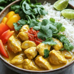 - 1 pound boneless, skinless chicken thighs - 1 can coconut milk - 2 tablespoons red curry paste - 1 onion, finely chopped - 3 cloves garlic, minced - 1 tablespoon fresh ginger, grated - 1 bell pepper, sliced into thin strips - 2 tablespoons fish sauce (or soy sauce) - 1 tablespoon packed brown sugar - 1 cup baby spinach, loosely packed - Fresh cilantro, chopped, for garnish - Cooked jasmine rice, for serving - Salt and freshly ground pepper - Optional: lime wedges for serving These ingredients come together to create a rich and tasty Coconut Curry Chicken. The chicken thighs stay juicy and tender, while the coconut milk gives a creamy texture. The red curry paste adds warmth and depth. You can find the full recipe at the end to guide you through the cooking process! Remember, fresh herbs like cilantro and lime wedges can brighten the dish and make it visually appealing. Enjoy crafting this vibrant meal! 1. Start by heating olive oil in a large skillet or Dutch oven over medium heat. 2. Once hot, add the finely chopped onion. Sauté it for 3-4 minutes. It should turn translucent and soft. 3. Next, add minced garlic and grated ginger. Stir for about a minute. You want to bring out their great aroma. 4. Now, incorporate the red curry paste. Cook it while stirring for about 2 minutes. This deepens the flavors. 1. Gradually pour in the coconut milk. Stir well to mix in the curry paste. 2. Add the chicken pieces along with sliced bell pepper, fish sauce, and brown sugar. 3. Season with salt and freshly ground pepper. Increase the heat until it simmers gently. 4. Cover the skillet and let it cook for about 15 minutes. The chicken should be cooked and tender. 5. After 15 minutes, fold in baby spinach. Cook for another 2-3 minutes until it wilts. Taste and adjust the seasoning. 1. Remove from heat and sprinkle with freshly chopped cilantro. This adds a burst of freshness. 2. Serve the Coconut Curry Chicken hot over jasmine rice. Enjoy the rich flavors and warm spices. You can find the full recipe and more tips to enhance your cooking experience. - Cut chicken into even pieces. This helps it cook evenly. - Adjust spice level by changing the curry paste. More paste makes it spicier. - Use shallow bowls for serving. This showcases the vibrant colors. - Add fresh herbs and lime for garnish. This makes the dish pop! - Prepare ingredients in advance. Chop veggies and measure spices before cooking. - Use pre-cooked rice for quicker meals. This saves you valuable time in the kitchen. These simple tips will help you make the most of your Coconut Curry Chicken. Enjoy the cooking process and have fun! For the full recipe, check out the relevant section in this article. {{image_4}} If you're looking to switch things up, consider a vegetarian option. You can replace the chicken with tofu or chickpeas. Tofu absorbs flavors, making it a great choice. Chickpeas add protein and a nice texture. Both options work well with the rich coconut curry sauce. For those needing gluten-free meals, replace fish sauce with gluten-free soy sauce. This keeps the dish flavorful without gluten. Always check labels to ensure all ingredients are safe for gluten-free diets. Don't be afraid to play with flavors! You can try different curry pastes like green or Massaman. Each type offers a unique taste. Green curry paste is more aromatic, while Massaman is sweeter and richer. Adding vegetables is also a fun way to change the dish. Zucchini and carrots make great additions. They add color and nutrients. Just chop them up and toss them in with the chicken. Side dishes can enhance your meal. Naan bread is perfect for dipping into the curry. Steamed vegetables also pair well, balancing flavors and adding crunch. For drinks, coconut water is refreshing and complements the curry. Thai iced tea is another option. Its sweetness and creaminess contrast nicely with the savory curry. For the full recipe, check out the [Full Recipe]. To keep your Coconut Curry Chicken fresh, store it in an airtight container. This helps lock in flavors and moisture. Place the container in the fridge. Your leftovers will stay good for about 3 to 4 days. If you want to save some for later, freezing is a great option. Divide the curry into single-serve portions. Use freezer-safe containers or zip-lock bags. Make sure to remove as much air as possible to prevent freezer burn. You can freeze it for up to 3 months. When it's time to enjoy your curry again, reheating is simple. For stovetop reheating, place it in a pot over low heat. Stir often to keep it from sticking. If you prefer the microwave, put it in a microwave-safe dish. Heat in short bursts, stirring in between. Both methods keep the flavors intact. You can use almond milk or heavy cream as a substitute. Almond milk gives a nutty taste. Heavy cream adds richness but is less coconut-like. Both options work well in this dish. Yes, you can add heat to your curry! Try using more red curry paste. You can also mix in chili flakes or fresh chilies for extra spice. Adjust the amount to fit your taste. Coconut Curry Chicken stays good for about 3 to 4 days in the fridge. Make sure to store it in an airtight container. If it smells off or looks strange, throw it away. You learned how to make a tasty Coconut Curry Chicken dish. We covered the main ingredients like chicken, coconut milk, and red curry paste. I shared tips on cooking, serving, and how to adjust to your taste. Remember, you can also try variations, like making it vegetarian or gluten-free. Finally, store your leftovers right and you'll enjoy this meal longer. Dive in and make it your own! Enjoy the process and the flavor!