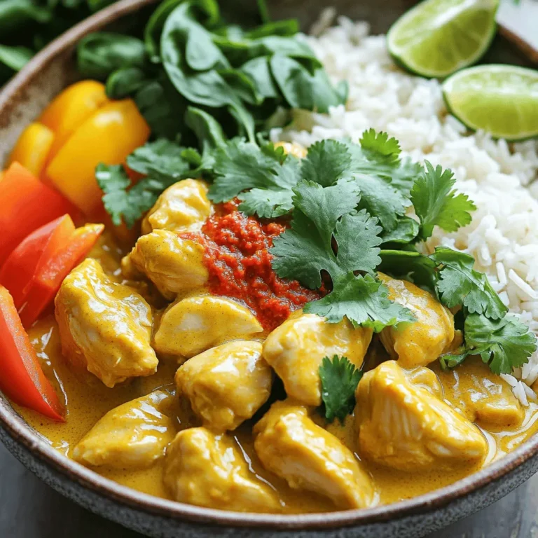 - 1 pound boneless, skinless chicken thighs - 1 can coconut milk - 2 tablespoons red curry paste - 1 onion, finely chopped - 3 cloves garlic, minced - 1 tablespoon fresh ginger, grated - 1 bell pepper, sliced into thin strips - 2 tablespoons fish sauce (or soy sauce) - 1 tablespoon packed brown sugar - 1 cup baby spinach, loosely packed - Fresh cilantro, chopped, for garnish - Cooked jasmine rice, for serving - Salt and freshly ground pepper - Optional: lime wedges for serving These ingredients come together to create a rich and tasty Coconut Curry Chicken. The chicken thighs stay juicy and tender, while the coconut milk gives a creamy texture. The red curry paste adds warmth and depth. You can find the full recipe at the end to guide you through the cooking process! Remember, fresh herbs like cilantro and lime wedges can brighten the dish and make it visually appealing. Enjoy crafting this vibrant meal! 1. Start by heating olive oil in a large skillet or Dutch oven over medium heat. 2. Once hot, add the finely chopped onion. Sauté it for 3-4 minutes. It should turn translucent and soft. 3. Next, add minced garlic and grated ginger. Stir for about a minute. You want to bring out their great aroma. 4. Now, incorporate the red curry paste. Cook it while stirring for about 2 minutes. This deepens the flavors. 1. Gradually pour in the coconut milk. Stir well to mix in the curry paste. 2. Add the chicken pieces along with sliced bell pepper, fish sauce, and brown sugar. 3. Season with salt and freshly ground pepper. Increase the heat until it simmers gently. 4. Cover the skillet and let it cook for about 15 minutes. The chicken should be cooked and tender. 5. After 15 minutes, fold in baby spinach. Cook for another 2-3 minutes until it wilts. Taste and adjust the seasoning. 1. Remove from heat and sprinkle with freshly chopped cilantro. This adds a burst of freshness. 2. Serve the Coconut Curry Chicken hot over jasmine rice. Enjoy the rich flavors and warm spices. You can find the full recipe and more tips to enhance your cooking experience. - Cut chicken into even pieces. This helps it cook evenly. - Adjust spice level by changing the curry paste. More paste makes it spicier. - Use shallow bowls for serving. This showcases the vibrant colors. - Add fresh herbs and lime for garnish. This makes the dish pop! - Prepare ingredients in advance. Chop veggies and measure spices before cooking. - Use pre-cooked rice for quicker meals. This saves you valuable time in the kitchen. These simple tips will help you make the most of your Coconut Curry Chicken. Enjoy the cooking process and have fun! For the full recipe, check out the relevant section in this article. {{image_4}} If you're looking to switch things up, consider a vegetarian option. You can replace the chicken with tofu or chickpeas. Tofu absorbs flavors, making it a great choice. Chickpeas add protein and a nice texture. Both options work well with the rich coconut curry sauce. For those needing gluten-free meals, replace fish sauce with gluten-free soy sauce. This keeps the dish flavorful without gluten. Always check labels to ensure all ingredients are safe for gluten-free diets. Don't be afraid to play with flavors! You can try different curry pastes like green or Massaman. Each type offers a unique taste. Green curry paste is more aromatic, while Massaman is sweeter and richer. Adding vegetables is also a fun way to change the dish. Zucchini and carrots make great additions. They add color and nutrients. Just chop them up and toss them in with the chicken. Side dishes can enhance your meal. Naan bread is perfect for dipping into the curry. Steamed vegetables also pair well, balancing flavors and adding crunch. For drinks, coconut water is refreshing and complements the curry. Thai iced tea is another option. Its sweetness and creaminess contrast nicely with the savory curry. For the full recipe, check out the [Full Recipe]. To keep your Coconut Curry Chicken fresh, store it in an airtight container. This helps lock in flavors and moisture. Place the container in the fridge. Your leftovers will stay good for about 3 to 4 days. If you want to save some for later, freezing is a great option. Divide the curry into single-serve portions. Use freezer-safe containers or zip-lock bags. Make sure to remove as much air as possible to prevent freezer burn. You can freeze it for up to 3 months. When it's time to enjoy your curry again, reheating is simple. For stovetop reheating, place it in a pot over low heat. Stir often to keep it from sticking. If you prefer the microwave, put it in a microwave-safe dish. Heat in short bursts, stirring in between. Both methods keep the flavors intact. You can use almond milk or heavy cream as a substitute. Almond milk gives a nutty taste. Heavy cream adds richness but is less coconut-like. Both options work well in this dish. Yes, you can add heat to your curry! Try using more red curry paste. You can also mix in chili flakes or fresh chilies for extra spice. Adjust the amount to fit your taste. Coconut Curry Chicken stays good for about 3 to 4 days in the fridge. Make sure to store it in an airtight container. If it smells off or looks strange, throw it away. You learned how to make a tasty Coconut Curry Chicken dish. We covered the main ingredients like chicken, coconut milk, and red curry paste. I shared tips on cooking, serving, and how to adjust to your taste. Remember, you can also try variations, like making it vegetarian or gluten-free. Finally, store your leftovers right and you'll enjoy this meal longer. Dive in and make it your own! Enjoy the process and the flavor!
