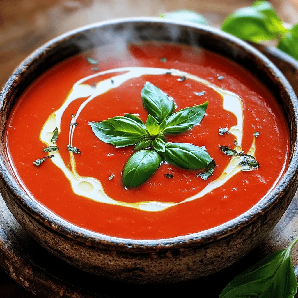 To make a tasty Creamy Tomato Basil Soup, you need fresh and simple ingredients. Here’s what you will need: - 2 tablespoons olive oil - 1 medium onion, finely diced - 3 cloves garlic, minced (about 1 tablespoon) - 2 cans (14 oz each) fire-roasted diced tomatoes - 2 cups vegetable broth (low-sodium preferred) - 1 teaspoon sugar - 1 teaspoon dried oregano - Salt and freshly ground black pepper, to taste - 1 cup heavy cream (or substitute with coconut cream for a dairy-free version) - 1 cup fresh basil leaves, roughly torn or chopped - 1 tablespoon balsamic vinegar These ingredients work together to create a rich, creamy soup. The fire-roasted tomatoes add a nice depth of flavor. Fresh basil gives a bright taste, while the cream makes it smooth. You’ll find that this soup is both comforting and easy to prepare. For the complete process, check out the Full Recipe. - Heat olive oil and sauté onion. - Add minced garlic and cook briefly. - Incorporate tomatoes and broth, then season. Start by heating two tablespoons of olive oil in a large pot over medium heat. Once the oil shimmers, add one finely diced medium onion. Sauté this for about five to seven minutes. The onion should become soft and translucent. Next, add three minced garlic cloves. Cook this for about one minute. You want it fragrant but not browned. Now, pour in two cans of fire-roasted diced tomatoes along with their juices. Add two cups of low-sodium vegetable broth to the mix. Then, sprinkle in one teaspoon of sugar and one teaspoon of dried oregano. Season with salt and fresh black pepper to your taste. Stir everything well, and bring the mixture to a gentle simmer. - Simmer for flavor development. - Blend for a smooth texture. - Stir in cream and basil. Lower the heat and let your soup simmer for about 15 minutes. This step helps the flavors blend and develop beautifully. After simmering, carefully take the pot off the heat. Use an immersion blender to blend the soup until it is smooth. If you don’t have one, transfer the soup to a standard blender in batches. Just be careful of hot splashes. Put the pot back on the stove over low heat. Slowly stir in one cup of heavy cream. If you want a dairy-free option, use coconut cream instead. Heat the soup gently until it is warmed through. Avoid boiling to keep it creamy. Finally, fold in one cup of roughly torn or chopped fresh basil leaves and one tablespoon of balsamic vinegar. Stir well to combine all the flavors. - Adjust seasoning and serve hot. - Garnish for presentation. Taste your soup and adjust the seasoning with more salt or pepper if needed. Serve the soup hot in bowls. You can garnish it with extra basil leaves or add a swirl of cream for a beautiful touch. Enjoy your creamy tomato basil soup! To make your soup creamy, you can use heavy cream or coconut cream. Both work well. Coconut cream gives a nice twist if you're dairy-free. When blending, use an immersion blender. It keeps the soup in the pot and smooths it out. If you use a regular blender, blend in small batches. Be careful to avoid hot splashes. You can add more herbs to boost flavor. Fresh thyme or parsley works great. If you like spice, try a pinch of red pepper flakes. Taste your soup as you go. It helps you decide if you need more salt or pepper. Don't forget the balsamic vinegar; it adds a nice depth. To avoid splashes while blending, hold the blender close to the soup. Move it slowly to blend evenly. If you want a thicker soup, let it simmer longer. Stir occasionally to prevent sticking. Aim for a velvety texture that coats the spoon. A perfect creamy tomato basil soup is all about balance and smoothness. {{image_4}} You can easily make this soup dairy-free. Use coconut cream instead of heavy cream. This gives a rich, creamy texture. The coconut flavor blends well with the tomatoes. For extra creaminess, try adding soaked cashews. Just blend them into the soup for a smooth finish. Want to change the flavor? Add roasted red peppers to the soup. They bring a sweet, smoky taste. You can also infuse spices like cumin or smoked paprika. These spices add warmth and depth to the dish. A pinch of red pepper flakes can give it a kick, if you like heat. Pair your creamy tomato basil soup with crusty bread or crunchy crackers. A grilled cheese sandwich on the side makes a classic combo. For a fresh touch, serve it with a simple green salad. You can also top the soup with a dollop of pesto for added flavor. Enjoy your meal! To store leftovers, let the soup cool first. Pour it into airtight containers. This keeps your soup fresh and tasty. I like to use glass containers, as they are safe and easy to clean. You can also use plastic ones, but check they are safe for hot food. For freezing soup, wait until it cools down completely. Use freezer-safe bags or containers. Leave some space at the top for expansion. This will help prevent spills. When it's time to eat, take it out and thaw it in the fridge overnight. To reheat, pour it into a pot and warm it on low heat. Stir often to keep it smooth. In the fridge, your soup lasts about 3 to 5 days. If you freeze it, it can last up to 3 months. Always check for signs of spoilage before eating. If it smells off, has a strange color, or shows mold, toss it out. Enjoy your creamy tomato basil soup safely! For more details, check the Full Recipe. You can use several dairy-free options. Coconut cream is a great choice. It adds richness and a hint of sweetness. Other options include cashew cream or almond milk blended with a little oil. Each choice gives a unique flavor, so pick what you enjoy best. Yes, you can make this soup in advance. Just cool it down and store it in an airtight container. It keeps well in the fridge for about three days. You can also freeze it for up to three months. Thaw it overnight in the fridge before reheating. If you want a thicker soup, try a few methods. You can add more cream or use a cornstarch slurry. Mix one tablespoon of cornstarch with two tablespoons of water, then stir it in. Another option is to blend in some cooked potatoes or rice for added body. Yes, this soup freezes well. After cooking, let it cool completely. Then, transfer it to freezer-safe containers. Leave some space at the top for expansion. When you’re ready to eat, thaw it in the fridge and reheat on the stove over low heat. Tomato basil soup is not only tasty but also healthy. Tomatoes are rich in vitamins C and K. They also have antioxidants that support heart health. Basil adds flavor and has anti-inflammatory properties. Together, they make a nutritious meal that feels comforting. For a complete guide on making this delicious soup, check out the [Full Recipe](#). This blog post outlined a simple and tasty tomato basil soup recipe. We covered key ingredients, easy steps, and various tips to enhance flavor and texture. You can even adjust for dietary needs with dairy-free options. Remember, effective storage helps maintain freshness. Enjoy making this soup, and feel free to experiment with flavors! For more details, check the full recipe. Happy cooking!