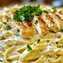 To make Easy Chicken Alfredo Pasta, you need simple and fresh ingredients. Here is what you will need: - 8 oz fettuccine pasta - 2 boneless, skinless chicken breasts - 2 tablespoons extra virgin olive oil - 2 cloves garlic, finely minced - 1 cup heavy cream - 1 cup freshly grated Parmesan cheese - 1 teaspoon Italian seasoning blend - Salt and freshly ground black pepper, to taste - Fresh parsley, finely chopped (for garnish) These ingredients create a creamy and rich sauce that coats the pasta beautifully. Each component plays an important role. The fettuccine provides a nice base, while the chicken adds protein. The garlic gives depth, and the heavy cream creates that luxurious texture we love. Parmesan cheese adds a salty and nutty flavor that ties everything together. Don't forget to garnish with parsley; it adds color and freshness to your dish. For the full recipe, you can refer to the detailed instructions. This meal is quick to prepare and sure to impress anyone at your table. Enjoy the process of cooking and savor the delightful flavors you create! To cook fettuccine al dente, start with a large pot of salted water. Bring it to a rolling boil. Add the fettuccine and cook for about 8-10 minutes. Check the pasta a minute or two before the time is up. It should be firm yet tender when you bite into it. After cooking, drain the pasta but save a small cup of pasta water. This water helps adjust the sauce later. For the chicken breasts, season them well. Use salt, pepper, and Italian seasoning. This gives the chicken great flavor. For cooking, I like to sear the chicken in a hot skillet. Heat olive oil over medium heat. Once hot, add the chicken. Cook for 6-7 minutes on each side. The chicken should be golden and cooked through. Always check that it reaches 165°F. Let it rest before slicing it thinly. Sauté garlic for maximum flavor. In the same skillet where you cooked the chicken, add minced garlic. Sauté it for about 30 seconds. Stir it constantly to avoid burning. Next, pour in the heavy cream. Increase the heat slightly to bring it to a gentle simmer. To thicken the sauce, gradually stir in grated Parmesan cheese. Mix until it melts and the sauce thickens. If it gets too thick, add a splash of reserved pasta water to loosen it. To mix the pasta and sauce, add the cooked fettuccine directly into the skillet. Toss it gently to coat the pasta. Then, fold in the sliced chicken to combine everything well. For serving, use tongs to plate the Chicken Alfredo. Twirl the pasta into nests for a nice look. Top with the chicken slices and sprinkle with fresh parsley. This adds a pop of color to your dish. For the full recipe, check out the detailed steps in the main article. To get a creamy texture in your Chicken Alfredo, use heavy cream. It makes the sauce rich and smooth. Stir in the Parmesan cheese slowly. This helps it melt evenly and keeps the sauce creamy. If the sauce feels thick, splash in some reserved pasta water. This adds moisture without ruining the flavor. When it comes to seasoning, taste as you go. The right amount of salt and pepper can really change the dish. If you want a little more flavor, add more Italian seasoning. Always adjust to your liking. For making Chicken Alfredo, I recommend using a large skillet. A non-stick skillet works best for easy cooking and cleanup. This helps prevent the sauce from sticking. A good pot for boiling pasta is also key. Make sure it is big enough for the fettuccine to move freely. When serving, use tongs for a neat presentation. They help you plate the pasta without making a mess. A large serving spoon can also help with portions. One mistake to watch out for is overcooking the chicken. Cook it until it reaches 165°F. This keeps it juicy and tender. If you leave it too long, it can dry out. Another mistake is skipping the pasta water. This water helps to loosen the sauce. It also adds a bit of starch, which helps the sauce cling to the pasta. Always save a cup before draining the pasta. For the full recipe, check out the section above. Enjoy your cooking! {{image_4}} You can switch out heavy cream for several lighter options. Here are some ideas: - Milk: Use whole milk for a creamier sauce. - Greek Yogurt: Mix Greek yogurt with a bit of milk. This adds creaminess and protein. - Coconut Cream: For a dairy-free option, coconut cream works great. When it comes to pasta, fettuccine is classic, but you can try different types: - Penne: This shape holds the sauce well. - Spaghetti: A simple and popular choice. - Zoodles: For a low-carb option, use spiralized zucchini. Adding veggies boosts nutrition and flavor. Here are some tasty options: - Spinach: It wilts nicely and adds color. - Broccoli: A fun crunch and a healthy twist. - Mushrooms: They bring earthy notes to the dish. You can also change up the cheese for more fun flavors: - Mozzarella: This cheese melts beautifully and adds stretch. - Gorgonzola: For a bold, tangy kick. - Asiago: A sharp flavor that pairs well with cream. For gluten-free options, try these: - Gluten-Free Pasta: Many brands offer great alternatives. - Quinoa Pasta: A healthy choice that is also gluten-free. If you need a dairy-free version, consider these tips: - Nut-Based Cream: Use cashew cream for richness. - Nutritional Yeast: This gives a cheesy flavor without dairy. To lower the calories, you can: - Use Less Cream: Cut back on heavy cream and add more broth. - Opt for Lean Chicken: Skinless chicken thighs are tasty and lower in fat. With these variations, you can create a dish that fits your taste and needs. Check out the Full Recipe for more details on making your own Easy Chicken Alfredo Pasta. To store your Chicken Alfredo pasta safely, first let it cool. Place it in airtight containers. Make sure they are tightly sealed to keep out air. This will help prevent spoilage. You can store it in the fridge for up to three days. For best results, use glass or BPA-free plastic containers. These types keep the food fresh and do not absorb odors. To reheat your Chicken Alfredo, use the stovetop or microwave. On the stovetop, warm it on low heat. Stir often to keep the sauce creamy. If it seems dry, add a splash of milk or cream. In the microwave, heat in short bursts of 30 seconds. Stir between intervals to ensure even heating. This keeps your dish smooth and tasty. You can refresh the dish by adding fresh parsley or a sprinkle of cheese. This adds flavor and makes it look nice. Yes, you can freeze Chicken Alfredo! To freeze, let it cool completely. Then, put it in freezer-safe containers. Remove as much air as you can. It can last up to three months in the freezer. When ready to eat, thaw in the fridge overnight. Reheat on the stovetop, adding a bit of cream to regain the texture. Enjoy the same creamy delight with less hassle! For the full recipe, check out Creamy Chicken Alfredo Delight 🥛. Making Chicken Alfredo is quick and easy. The prep time is about 10 minutes. Cooking the pasta and chicken takes around 20 minutes. In total, you can have this dish ready in about 30 minutes. This makes it perfect for a weeknight meal. Yes, you can use frozen chicken. If you cook from frozen, it will take longer. Make sure to cook the chicken until it reaches 165°F. I recommend thawing it first for even cooking. If you use frozen chicken, add a few extra minutes to the cooking time. Chicken Alfredo pairs well with various side dishes. You can serve it with garlic bread for a tasty touch. A light green salad can add freshness. Steamed broccoli or sautéed spinach are also great choices. These sides balance the creamy dish and enhance the meal. If your Alfredo sauce is too thick, don’t worry! You can fix this easily. Just add a splash of the reserved pasta water. Stir it in slowly until you reach your desired consistency. You can also add a bit more cream if needed. This keeps the sauce creamy and smooth. This blog post guides you through making Chicken Alfredo. You learned about the key ingredients, cooking steps, and essential tips. We covered variations for dietary needs and how to store and reheat leftovers. Remember, practice is key. Avoid common mistakes to improve your dish. With these tips, you can create a delicious Chicken Alfredo that suits your taste. Enjoy your cooking and impress your friends and family!