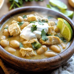 - 1 lb boneless, skinless chicken breasts, cut into 1-inch cubes - 1 tablespoon extra virgin olive oil - 1 medium onion, finely chopped - 3 cloves garlic, minced - 2 cans (15 oz each) white beans (cannellini or great northern), thoroughly drained and rinsed - 2 cups low-sodium chicken broth - 1 cup sour cream, at room temperature - 1 cup Monterey Jack cheese, freshly shredded - 1 can (4 oz) diced green chilies, well-drained - 1 teaspoon ground cumin - 1 teaspoon smoked paprika - 1 teaspoon mild chili powder - Sea salt and freshly cracked black pepper, to taste - Fresh cilantro, chopped (for garnish) - Lime wedges, for serving The main ingredients in this creamy white chicken chili are simple yet flavorful. The chicken brings protein, while the white beans add creaminess. The broth makes it hearty, and the spices give it a kick. - For beans, you can use black beans or pinto beans. - Instead of chicken, try turkey or tofu for a different protein. - For a dairy-free option, substitute sour cream with coconut cream. These substitutes will still keep your chili tasty and satisfying. Feel free to mix and match based on what you have at home. - A spacious pot or Dutch oven - A sharp knife for cutting - A cutting board for prep - A wooden spoon for stirring - Measuring cups and spoons Having the right tools makes cooking easier. A Dutch oven heats evenly and holds flavors well. A good knife saves time when chopping. Make sure to gather everything before you start. 1. Cooking the aromatics: Start by heating olive oil in a large pot over medium heat. Add the chopped onion and sauté for about 5 minutes. The onion should turn soft and fragrant. Next, add minced garlic and cook for 1 more minute. Stir often to keep the garlic from burning. 2. Browning the chicken: Now, add the cubed chicken to the pot. Cook it for about 5 to 7 minutes. Stir the chicken to brown all sides. You want it golden for the best flavor. 1. Adding beans and seasonings: Once the chicken is browned, it’s time to add the white beans, chicken broth, and diced green chilies. Sprinkle in the ground cumin, smoked paprika, and chili powder. Season with sea salt and black pepper. Bring this mixture to a rolling boil. 2. Creating the creamy texture: After boiling, lower the heat and cover the pot. Let it simmer for about 20 minutes. This helps the chicken cook through and the flavors blend. When done, remove it from heat, and let it cool for a few minutes. Stir in sour cream and shredded Monterey Jack cheese. Mix until it’s smooth and creamy. 1. Simmering and melding flavors: Put the pot back on low heat. Warm it gently for another 5 minutes. Avoid boiling again; you want a nice, even heat. 2. Adjusting seasoning before serving: Taste your chili at this point. If it needs more flavor, add extra salt or pepper. This final touch makes all the difference. Now you're ready to enjoy this creamy white chicken chili! For more details, check the Full Recipe. - Overcooking chicken: This can make it tough. Cook it just until no pink remains. - Not seasoning properly: A dish needs salt and spices. Taste as you go. - Recommended herbs or spices: I love adding fresh cilantro and lime juice. They brighten the dish. - Using homemade chicken broth: This adds depth. Store-bought works too, but homemade is richer. - Best side dishes to pair: Cornbread and tortilla chips are perfect. They add crunch and balance. - Presentation ideas for serving: Use rustic bowls. Top with extra cheese and cilantro for a pop of color. For the full recipe of Creamy White Chicken Chili, check out the complete instructions. Enjoy the process and get creative! {{image_4}} You can easily change the protein in creamy white chicken chili. If you want a leaner option, try turkey. Ground turkey works well and cooks quickly. For a plant-based choice, use chickpeas or tofu. Both options add protein and texture. They fit right into the creamy broth and keep the dish hearty. Adjusting the spice level is simple. If you prefer mild flavors, skip the chili powder or use less. For a medium kick, add a small amount of diced jalapeños. If you love heat, use more chili powder or add fresh chopped serrano peppers. You can also sprinkle some cayenne pepper on top for an extra boost. Making creamy white chicken chili fit special diets is easy. To make it gluten-free, ensure your broth has no gluten. For a vegan option, swap chicken for plant-based protein and use coconut cream instead of sour cream. You can also choose nutritional yeast for a cheesy flavor without dairy. These swaps let everyone enjoy this dish! For the full recipe, check out the complete instructions above. To keep your creamy white chicken chili fresh, store it in an airtight container. Let it cool to room temperature before sealing. Place it in the fridge if you plan to eat it within three days. For best taste, consume it within this time frame. You can freeze creamy white chicken chili if you need to save it for later. Pour the cooled chili into a freezer-safe container. Leave some space at the top for expansion. Seal it tightly and label with the date. It will last up to three months in the freezer. To thaw, place it in the fridge overnight. For quicker results, use the microwave on low power. When reheating, use the stove for best results. Pour the chili into a pot over medium heat. Stir often to prevent it from sticking. If it seems too thick, add a splash of chicken broth or water. You can also reheat it in the microwave. Use a microwave-safe bowl and heat in short intervals, stirring in between. This keeps the chili creamy and delicious. For the full recipe, check the earlier section. Creamy white chicken chili can last for about three to four days in the fridge. To store it, let the chili cool down. Then, transfer it to an airtight container. This helps keep it fresh and tasty. When you reheat it, make sure it’s heated all the way through. Stir it well to mix the flavors. Yes, you can easily make creamy white chicken chili in a slow cooker! Here’s how: 1. Start by adding the chicken, onion, garlic, beans, green chilies, and broth to the slow cooker. 2. Sprinkle in your spices: cumin, smoked paprika, and chili powder. 3. Cook on low for about six to seven hours or on high for three to four hours. 4. About 30 minutes before serving, stir in the sour cream and cheese. 5. This will make it creamy and delicious. You can serve creamy white chicken chili with many tasty sides. Here are some ideas: - Warm tortilla chips are great for dipping. - Fresh cornbread adds a nice touch. - A simple green salad balances the meal. - You can also try rice for a filling option. These sides will complement your chili and make a complete meal. In this post, we explored creamy white chicken chili. We discussed key ingredients, useful substitutes, and essential kitchen tools needed. I shared step-by-step instructions to make it easy. I also covered tips to avoid common mistakes and ways to enhance flavors. Plus, we looked at variations to fit different diets and tastes. Finally, I included storage tips to keep your chili fresh longer. Enjoy making this dish and impress your family with its rich taste!