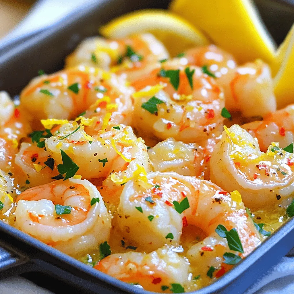 - 1 pound large shrimp, peeled and deveined - 4 tablespoons unsalted butter - 4 cloves garlic, finely minced - Zest and juice of 1 fresh lemon - 1/4 teaspoon red pepper flakes - Sea salt and freshly ground black pepper, to taste - 1 tablespoon fresh parsley, finely chopped - Lemon wedges, for serving The main ingredients create a big flavor. The shrimp form the heart of this dish, providing a sweet and mild taste. Large shrimp work best since they cook evenly and stay juicy. If you want a rich flavor, unsalted butter is key. It allows the other flavors to shine. Garlic adds a wonderful aroma and taste. Mince the garlic finely to release its oils. This step makes sure you spread the garlic flavor evenly. Lemon is the star in this recipe. The zest adds a bright note, while the juice gives a tangy burst. Together, they balance the richness of the butter. Optional ingredients can make this dish your own. Red pepper flakes bring some heat. Adjust the amount to suit your taste. Fresh parsley adds color and freshness to the final dish. Season with sea salt and black pepper for depth. You can find the full recipe to make Lemon Garlic Butter Shrimp delicious and simple. - Peeling and deveining shrimp: Start by rinsing the shrimp under cold water. Use a firm hand to peel off the shell. Then, use a small knife to make a shallow cut along the back. Remove the dark vein inside. This keeps the shrimp clean and tasty. - Mincing garlic and preparing lemon zest: Next, take your garlic cloves. Use a knife to chop them finely. The smaller the pieces, the better the flavor. Now, grab a fresh lemon. Use a grater to remove the outer yellow skin, but avoid the white part. This zest adds a bright taste. - Melting the butter and sautéing garlic: Heat a large skillet over medium heat. Add the unsalted butter. Once it melts, it will begin to bubble. Quickly add the minced garlic. Sauté it for about one minute. Stir often to keep it fragrant without burning. - Adding shrimp and seasoning for flavor: If you like it spicy, toss in the red pepper flakes. Then, add the shrimp to the skillet. Cook them for about 2-3 minutes. They will start to turn pink. Flip them to cook the other side. This ensures they cook evenly. - Final touches with lemon juice and parsley: After flipping, squeeze in the fresh lemon juice. Add the lemon zest you prepared earlier. Season with sea salt and freshly ground black pepper. Cook for another 2-3 minutes. Remove from heat and sprinkle the chopped parsley on top. - Plating the shrimp uniquely: For a great look, serve the shrimp in a shallow bowl. Pour some of the buttery sauce over them. This makes the dish more appealing. - Adding garnishes and complements: Add lemon wedges on the side. They provide a fresh touch. You can also sprinkle a bit more parsley on top to make it pop. Enjoy your Lemon Garlic Butter Shrimp right away for the best taste. For the complete recipe, check out the [Full Recipe]. Cook large shrimp for about 2-3 minutes per side. They turn pink when ready. Do not overcook them. Overcooked shrimp become rubbery and tough. To find the best flavor, balance the lemon and garlic. The lemon adds brightness, while garlic gives depth. Adjust these to your taste. To sauté garlic, heat your skillet, then add the butter. Add garlic after the butter melts. Stir it often to avoid burning. Burnt garlic tastes bitter, which ruins the dish. For the best lemon flavor, use fresh lemons. They have more juice and zest than old ones. Zest the lemon first, then juice it. Serve shrimp in a shallow bowl for a nice look. Drizzle the garlic butter sauce over the top. Add lemon wedges and parsley for color. The green parsley pops against the shrimp's pink. Enjoy this dish right away for the best taste and view. {{image_4}} You can spice up your Lemon Garlic Butter Shrimp easily. Adding some heat makes the dish exciting. Try adding jalapeños, chili powder, or cayenne pepper. Start with a small amount. You can always add more if you like it hot. Aim for a nice balance so the spice enhances the flavor, not overpowers it. Fresh herbs can change the flavor of your dish. You can use basil, cilantro, or thyme instead of parsley. Each herb gives a new taste. Basil offers a sweet touch, while cilantro adds a fresh zing. You can mix and match to find your favorite combination. Just chop them finely and sprinkle them in at the end. Transforming this shrimp dish into pasta is easy. Just cook your favorite pasta while making the shrimp. Spaghetti or fettuccine works great. When the shrimp is done, toss it with the pasta. This adds a nice twist. You can also add veggies like spinach or cherry tomatoes for more color and nutrition. Make sure to save some sauce for a tasty finish. For the full recipe, check out Lemon Garlic Butter Shrimp Delight. Store your leftover shrimp in an airtight container. This keeps them fresh and safe. Place the shrimp in the fridge if you plan to eat them soon. They stay good for up to two days. If you want to keep them longer, consider freezing. For cooked shrimp, cool them first before storage. This helps prevent moisture loss. Avoid stacking them too tightly; this keeps them from sticking together. To reheat shrimp, use low heat. You can use a skillet or microwave. If using a skillet, add a splash of water or broth. This helps keep the shrimp moist. Heat for just a few minutes until warm. In the microwave, use a cover. This traps steam and keeps shrimp juicy. Heat in short bursts of 30 seconds. Check often to avoid overcooking. Overcooked shrimp can turn tough and rubbery. Yes, you can freeze Lemon Garlic Butter Shrimp! First, cool the shrimp completely. Then, place them in a freezer-safe bag. Remove as much air as you can. This prevents freezer burn. When you are ready to eat, thaw shrimp in the fridge overnight. You can also use cold water for quick thawing. Just seal them in a bag and submerge. Avoid thawing shrimp in the microwave, as this can cook them unevenly. For the full recipe to enjoy now or later, check out the Lemon Garlic Butter Shrimp Delight! 1. Are fresh or frozen shrimp better? Fresh shrimp often taste better, but frozen shrimp can be just as good. They are often frozen right after harvest, locking in their flavor. If you choose frozen shrimp, look for those labeled as "wild-caught" for the best taste. 2. How do I choose shrimp at the store? When selecting shrimp, check for a fresh, briny smell. The shrimp should look moist and shiny. Avoid any shrimp with black spots or a strong fishy odor. Size matters too; larger shrimp work best for this recipe. 1. What can I substitute for unsalted butter? You can use olive oil for a lighter option. Coconut oil is another choice, adding a hint of sweetness. If you prefer a different flavor, ghee can also work well. 2. Can I make this recipe dairy-free? Yes, you can easily make this recipe dairy-free. Use a plant-based butter spread or olive oil. Both choices will keep the dish tasty and satisfying. 1. What color should shrimp be when done? Cooked shrimp change from gray to a bright pink color. The flesh should be opaque and firm to the touch when they are fully cooked. 2. Are there any signs of undercooked shrimp? Undercooked shrimp may still look translucent and gray. They may also feel soft and rubbery. Make sure to cook them until they are fully pink and firm for the best results. Lemon garlic butter shrimp is a simple and tasty dish. We explored its main ingredients, step-by-step cooking, and tips for perfection. Each bite bursts with flavor, making it a favorite meal. Try serving it with pasta or adding herbs for variety. Remember, proper storage helps keep leftovers fresh. Whether you choose fresh or frozen shrimp, you now have the knowledge to make this dish shine. Enjoy experimenting and sharing your results with family and friends. Great meals create great memories. Happy cooking!