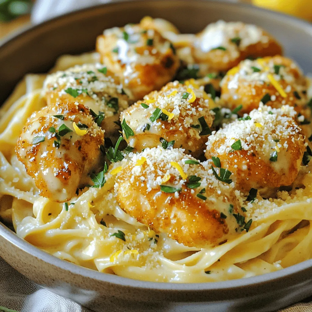 - 1 lb (450g) chicken breast, cut into bite-sized pieces - 4 cloves garlic, minced - 4 tablespoons unsalted butter, divided - 1 teaspoon Italian seasoning - Salt and freshly ground black pepper, to taste - 8 oz (225g) fettuccine pasta - 1 cup heavy cream - 1/2 cup grated Parmesan cheese - 1/4 cup fresh parsley, chopped - Zest of 1 lemon You can swap chicken breast with chicken thighs for more juiciness. If you want a lighter dish, use zucchini noodles instead of fettuccine. For a dairy-free option, try coconut milk in place of heavy cream. You can use nutritional yeast instead of Parmesan for a vegan twist. If you don't have fresh parsley, dried parsley works well too. These substitutions keep the dish tasty and flexible! For the full recipe, check the details above. Start by melting 2 tablespoons of unsalted butter in a large skillet over medium heat. Once the butter is melted, add the minced garlic. Stir it for about one minute. You want the garlic to smell great, but not brown. This stage is key for rich flavor in your dish. Raise the heat to medium-high and add the bite-sized chicken pieces next. Season them with salt, pepper, and Italian seasoning. Cook the chicken for about 5 to 7 minutes. Keep stirring to ensure even cooking. The chicken should turn golden brown and be fully cooked. After cooking the chicken, set it aside on a plate. In the same skillet, add the remaining 2 tablespoons of butter. Let it melt and scrape up any brown bits from the bottom. This adds depth to your sauce. Then, pour in the heavy cream and bring it to a gentle simmer. Stir in the grated Parmesan cheese for creaminess. Cook for 2 to 3 minutes until it thickens. Combine the drained fettuccine and chicken in the skillet, tossing to coat. Finally, add lemon zest and parsley for a fresh finish. For a detailed cooking experience, refer to the Full Recipe for Garlic Butter Chicken Bites with Creamy Pasta. To get perfect chicken bites, start with fresh chicken. Cut it into even, bite-sized pieces. This helps them cook evenly. I recommend using a cast-iron skillet. It heats well and gives a nice brown crust. Heat the skillet over medium-high heat. Add butter and let it melt. Then, add the chicken. Don't overcrowd the pan; cook in batches if needed. This keeps the heat high and helps the chicken brown. Stir occasionally for even cooking. Cook until golden brown, about 5-7 minutes. For creamy pasta, choose fettuccine or a similar noodle. Bring a large pot of salted water to boil. This adds flavor to the pasta. Cook the pasta according to the package instructions. Check it a minute early for the perfect al dente texture. Once done, drain it, but save a bit of pasta water. If your sauce is too thick, this water can help loosen it. Toss the pasta with the sauce while it's still warm. This helps the pasta soak up the flavor. Seasoning makes all the difference in this dish. Use fresh garlic for a strong flavor. Don’t skip the Italian seasoning—it's a great mix of herbs. Add salt and pepper to taste. For a fresh twist, try lemon zest at the end. It brightens the dish and adds a nice aroma. Fresh parsley also adds color and a hint of freshness. Feel free to experiment with other herbs, too. Basil or thyme can add fun new flavors! {{image_4}} You can easily swap chicken for other proteins. Shrimp works great in this dish. Just cook shrimp until they turn pink, about 3-4 minutes. You can also use diced pork or turkey for a different flavor. Each option gives a unique twist to the creamy pasta. If you prefer a vegetarian dish, replace the chicken with veggies. Try mushrooms, bell peppers, and broccoli. Sauté these in garlic butter until they are tender. This change keeps the dish rich and tasty. You still get the creamy goodness of the sauce, making it a delightful meal. Fettuccine is classic, but you can use other pasta shapes. Penne, farfalle, or even spaghetti work well. Each shape holds the creamy sauce differently. Choose based on your preference or what you have at home. This flexibility keeps the dish exciting and fun to make. For a complete recipe, check the Full Recipe section. To keep your garlic butter chicken bites fresh, store them in an airtight container. Make sure to let them cool first before sealing the container. This helps prevent steam from building up, which can make the chicken soggy. Place the container in the fridge. Properly stored, these bites can last for up to three days. When you’re ready to enjoy your leftovers, the best way to reheat them is in a skillet. Add a splash of water or chicken broth to keep the chicken moist. Heat over medium-low heat to warm them evenly. Stir occasionally to avoid sticking. You can also use a microwave, but be sure to cover the dish to keep moisture in. Heat in short intervals, checking often to avoid overcooking. If you want to freeze your garlic butter chicken bites, place them in a freezer-safe bag or container. Remove as much air as possible to prevent freezer burn. They can be frozen for up to three months. When you're ready to eat, thaw them in the fridge overnight. Reheat in a skillet for the best results. This way, you can enjoy a quick, tasty meal anytime! You can serve Garlic Butter Chicken Bites with a green salad or garlic bread. A simple side of steamed veggies also pairs well. If you want some crunch, try serving it with crispy roasted potatoes. These sides add flavor and balance to your meal. Yes, you can prepare Garlic Butter Chicken Bites ahead of time. Cook the chicken and sauce, then store them in separate containers. You can cook the pasta just before serving. This keeps everything fresh and tasty. Garlic Butter Chicken Bites can last up to three days in the fridge. Just make sure to store them in an airtight container. When you reheat, add a splash of cream to keep the sauce creamy. Enjoy your meal later without losing flavor. For the full recipe, check out the [Full Recipe]. This blog post covered all you need for Garlic Butter Chicken Bites and creamy pasta. You learned about key ingredients, cooking steps, and expert tips. We explored tasty variations and how to store leftovers. In closing, you can create a delicious meal using these easy methods. Try new flavors and enjoy cooking at home! Your kitchen can become a fun place with these recipes.