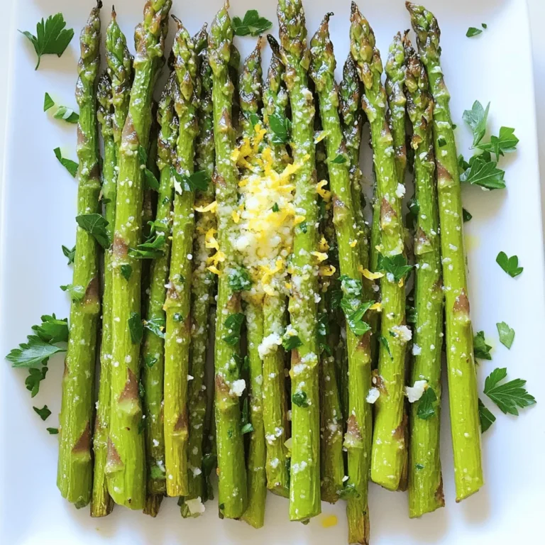 - 1 pound fresh asparagus, trimmed - 2 tablespoons extra-virgin olive oil - 3 cloves garlic, finely minced - Zest of 1 fresh lemon - Juice of 1 fresh lemon - Salt and freshly ground black pepper to taste - 1 teaspoon red pepper flakes (optional) - 2 tablespoons Parmesan cheese (optional) - Fresh parsley for garnish When I make lemon garlic roasted asparagus, I love using fresh, vibrant ingredients. The asparagus should be firm and bright green. Trim the tough ends so the spears cook evenly. The olive oil is key for a rich flavor. I prefer extra-virgin olive oil for its fresh taste. Garlic adds depth to the dish. Mince it finely to release all its flavor. The zest of a lemon brings brightness. It enhances the asparagus without making it too sour. Fresh lemon juice balances the garlic and oil. If you like a little heat, add red pepper flakes. They give a nice kick. Parmesan cheese can add a creamy touch. It melts beautifully on hot asparagus. Finally, fresh parsley is great for garnish. It adds color and freshness to the dish. These simple ingredients come together for a delicious side dish. You can find the full recipe for lemon garlic roasted asparagus in the previous section. Enjoy! - Preheat the oven to 425°F (220°C). - Rinse and trim the asparagus. Start by preheating your oven. This ensures the asparagus cooks evenly. Rinse the asparagus under cold water to remove any dirt. Trim the tough ends by snapping them off or cutting them. This gives you tender bites. - Whisk together olive oil, garlic, lemon zest, juice, salt, and pepper. - Add red pepper flakes if desired. Next, grab a mixing bowl. Add the olive oil, minced garlic, lemon zest, lemon juice, salt, and pepper. Whisk it together until it blends well. The mix should smell fresh and bright. If you like heat, throw in some red pepper flakes. It adds a nice kick. - Toss asparagus in the dressing and arrange on a baking sheet. - Roast for 12-15 minutes, stirring halfway through. - Add Parmesan cheese in the last two minutes if using. Now, add the trimmed asparagus to the bowl. Toss it well so each piece is covered in the dressing. Spread the asparagus out on a baking sheet. Make sure they are in a single layer for even cooking. Place the sheet in the oven. Roast for 12-15 minutes, giving them a stir halfway through. This helps them cook evenly. If you want to add Parmesan cheese, sprinkle it on in the last two minutes. This gives a creamy finish. For the complete recipe, check out the Full Recipe to create this zesty dish that pairs well with many meals! Choosing the right size of asparagus is key. Thinner spears cook faster, while thicker ones take longer. Aim for medium-sized spears for even cooking. Spacing is also important. Place asparagus in a single layer on the baking sheet. This ensures each spear gets hot air for even roasting. If they touch, they will steam instead of roast. You can enhance the flavor by adding herbs. Try fresh thyme or rosemary for a twist. You can also use spices like paprika for a smoky taste. Substituting oils can change the flavor profile too. Use avocado oil for a buttery taste. Adding extra lemon zest brightens the dish and gives it a fresh kick. A common mistake is overcrowding the baking sheet. This causes the asparagus to steam instead of roast. Always give them space to cook evenly. Another mistake is not preheating the oven. If the oven isn't hot, the asparagus won’t cook well. Always preheat to 425°F (220°C) for the best results. For the full recipe, check out the recipe section above. {{image_4}} You can mix asparagus with other tasty veggies. Try adding cherry tomatoes for sweetness. Bell peppers add crunch and color. Carrots bring a nice texture. Toss in any of these to your lemon garlic roasted asparagus. You will enjoy a fresh and vibrant side dish. Seasons change, and so can your dish. In spring, add fresh herbs like dill or basil. In summer, toss in zucchini or corn for a bright twist. Fall is great for adding roasted butternut squash. Winter calls for hearty greens like kale. Using seasonal ingredients makes your dish burst with flavor. Want to make your dish gluten-free? No problem! The recipe is already gluten-free. Just skip the cheese or choose a dairy-free substitute for a vegan option. You can use nutritional yeast for a cheesy flavor without dairy. Adjusting your recipe makes it fit any diet! To keep your roasted asparagus fresh, place it in an airtight container. You can store it in the fridge for up to three days. Make sure to cool it down before sealing. This helps prevent sogginess. If you want to enjoy it later, try to keep the flavors intact. When it comes time to eat your leftovers, aim to keep the texture. I suggest reheating in the oven. Set your oven to 350°F (175°C). Place the asparagus on a baking sheet. Heat for about 10 minutes. This way, it stays crisp and tasty. You can also use a skillet over medium heat. Just warm it gently, stirring often. If you want to freeze your asparagus, start by letting it cool completely. Then, lay the spears flat on a baking sheet. This prevents them from sticking together. Freeze them for about two hours. After that, transfer them to a freezer bag. They can last up to three months. When you’re ready to eat, thaw in the fridge overnight before reheating. Cooking lemon garlic roasted asparagus takes about 12-15 minutes. First, preheat your oven to 425°F (220°C). Once you place the asparagus in the oven, stir them halfway through. This helps them cook evenly. You want them tender yet still crisp. For best results, check them around the 10-minute mark. If they look bright green and tender, they're ready! Yes, you can use frozen asparagus, but it cooks differently. Frozen asparagus often has more water. It may become softer and mushy. If you use frozen, roast it straight from the freezer. Add a few extra minutes to the cooking time. This ensures they heat through and get a bit crispy. However, fresh asparagus will give you the best flavor and texture. Lemon garlic roasted asparagus pairs well with many dishes. Here are some ideas: - Grilled chicken or fish - Beef or pork steaks - Quinoa or rice dishes - Pasta with lemon or garlic - Other roasted veggies like carrots or potatoes This side dish adds a fresh and bright flavor to any meal. Absolutely! You can customize this dish to suit your taste. Here are a few ideas: - Add nuts like almonds or pine nuts for crunch - Use different cheeses, like feta or goat cheese, for a tangy twist - Mix in other herbs like thyme, rosemary, or dill for extra flavor - Toss in cherry tomatoes for a pop of color and sweetness Experimenting with these options can make your lemon garlic roasted asparagus even more exciting. For the full recipe, check out the [Full Recipe]. Lemon garlic roasted asparagus is simple and tasty. Start with fresh ingredients, and follow the steps closely for great results. Remember to space the asparagus well on the baking sheet and avoid overcrowding. You can also mix in other veggies or spices for new flavors. Store leftovers properly and reheat them for later enjoyment. This dish suits many meals and diets. With these tips, you'll impress everyone with your cooking skills. Enjoy your delicious creation!