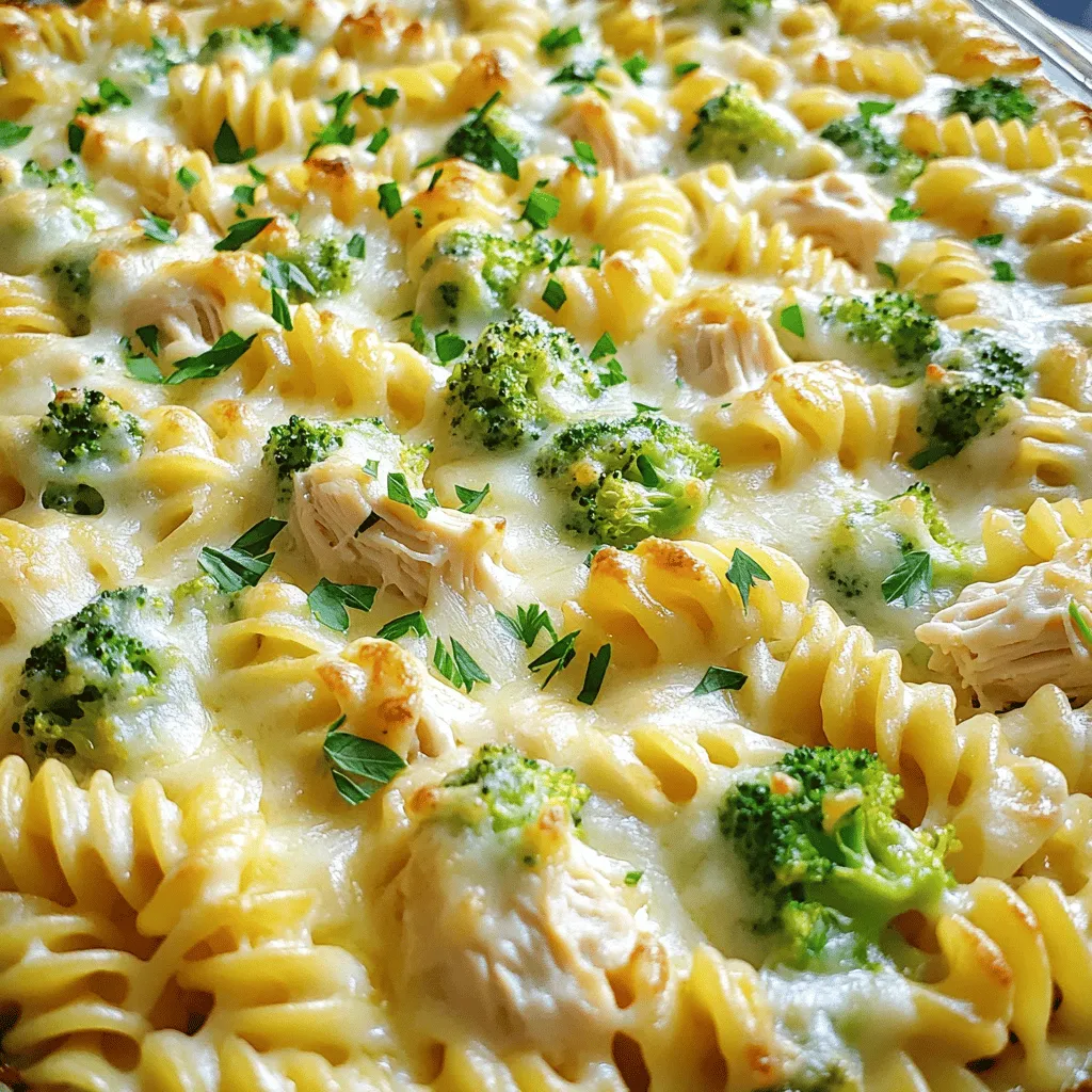 - 2 cups cooked rotini pasta - 2 cups cooked shredded chicken breast - 2 cups Alfredo sauce (store-bought or homemade) - 1 cup steamed broccoli florets - 1 cup shredded mozzarella cheese - ½ cup grated Parmesan cheese - 1 tsp garlic powder - 1 tsp Italian seasoning - Salt and pepper to taste - Fresh parsley for garnish Gathering these ingredients is the first step to making your Easy Chicken Alfredo Bake. Each item plays a key role in creating a creamy and tasty dish. The rotini pasta holds the sauce well, while the chicken adds protein. Broccoli provides color and nutrients. You can use store-bought Alfredo sauce or make your own if you prefer. The cheese blends into the creamy sauce and gives it that rich flavor. Make sure to have fresh parsley for a pop of color when serving. Each ingredient adds something special to the bake. With this list, you can easily prep and create a comforting meal that everyone will love. For the complete cooking steps, check out the Full Recipe. Set the oven temperature to 375°F (190°C). This step is key for even cooking. In a large bowl, combine these ingredients: - 2 cups cooked rotini pasta - 2 cups cooked shredded chicken breast - 1 cup steamed broccoli florets - 2 cups Alfredo sauce - 1 tsp garlic powder - 1 tsp Italian seasoning - Salt and pepper to taste Stir all the items together well. You want every piece to soak up the sauce. Transfer the mixture to a greased baking dish. Use a 9x13 inch dish for best results. Then, sprinkle on: - 1 cup shredded mozzarella cheese - ½ cup grated Parmesan cheese Cover the dish with foil. Bake for 20 minutes. After that, remove the foil. Bake for an extra 10 to 15 minutes. The cheese should be bubbly and golden. After baking, let it cool for a few minutes. This allows the flavors to settle. For a nice touch, garnish with fresh parsley. Enjoy your Easy Chicken Alfredo Bake! For more details, check the Full Recipe. The best pasta types for baking casseroles are short and sturdy. I love using rotini, penne, or fusilli. These shapes hold sauce well and mix nicely with other ingredients. Avoid long pastas like spaghetti, as they don't bake as evenly. To keep your Chicken Alfredo Bake creamy, use enough sauce. If the dish seems dry, add a splash of milk or more Alfredo sauce. Cover the dish with foil while baking to trap moisture. This helps the pasta absorb the sauce without drying out. For the best melting cheeses, I recommend mozzarella and Parmesan. Mozzarella gives that gooey, stretchy texture. Parmesan adds a nice sharp flavor. You can also try provolone or fontina for extra creaminess. Always mix different cheeses for a richer taste. For the full recipe, check the provided link. This dish is sure to impress! {{image_4}} You can easily boost nutrition by adding veggies. Try mixing in fresh spinach or colorful bell peppers. These add flavor, color, and crunch. You can also use peas or zucchini. Just chop them small, so they blend well with the pasta. This way, you make a dish that’s not only tasty but also healthy. If you want to change the protein, rotisserie chicken is a great choice. It saves time and adds rich flavor. You can also use tofu for a plant-based option. Simply cube it and toss it in the mix. Shrimp is another fun twist. Just make sure to cook it briefly before adding it to the bake. Each option makes the dish uniquely yours. For gluten-free, swap regular pasta with gluten-free rotini. There are many good brands available. If you need a dairy-free version, use coconut milk for the Alfredo sauce. Nutritional yeast can add a cheesy flavor without milk. Almond cheese or cashew cream works well for the topping too. These adjustments let everyone enjoy this comforting dish. For the full recipe, refer back to the beginning of the article. After cooking, let the Easy Chicken Alfredo Bake cool down. This helps avoid extra moisture. Once cooled, cover it tightly with plastic wrap or foil. Store it in your fridge. It stays fresh for up to three days. When you’re ready to eat, just reheat it. Want to save some for later? Freezing is a great option. First, let the bake cool completely. Then, cut it into portions. Wrap each portion tightly in plastic wrap. Place them in a freezer-safe bag or container. This way, you can enjoy it for up to three months. Remember to label the bags with the date. Reheating can be tricky. For the best taste, use the oven. Preheat it to 350°F (175°C). Place the portions in an oven-safe dish. Cover it with foil to keep it moist. Heat for about 20 minutes, or until warm. You can also use a microwave. Just heat in short bursts, stirring in between. This keeps the chicken from drying out. Enjoy your delicious meal! Yes, you can. To prep ahead, follow these steps: - Cook and mix all your ingredients. - Place the mixture into a greased baking dish. - Cover it tightly with plastic wrap. - Store it in the fridge for 1-2 days. When you're ready to bake, take it out and let it sit at room temperature for 30 minutes. Then, bake as directed in the Full Recipe. This way, you save time on busy days. If you want a different sauce, here are some ideas: - Use a creamy mushroom sauce for earthy notes. - Try a homemade cheese sauce for extra flavor. - A white sauce with herbs gives a fresh taste. - You can also use pesto for a different twist. Each option brings its own unique flavor to your bake. To keep your bake from being soggy, follow these tips: - Drain any excess liquid from cooked ingredients. - Avoid overcooking the pasta; it should be al dente. - Use a thicker sauce to help absorb moisture. - Bake uncovered for part of the time to let steam escape. These steps will help ensure your Easy Chicken Alfredo Bake stays delicious and not mushy. In this blog post, I shared a simple recipe for Easy Chicken Alfredo Bake. We covered the ingredients needed, like cooked pasta and shredded chicken, and went through step-by-step baking instructions. You learned tips to choose the right pasta and keep your dish creamy. I also offered variations for different tastes and dietary needs. Remember, making this bake is easy and fun! You can impress your family with a rich, cheesy meal that satisfies. Enjoy your cooking and happy eating!