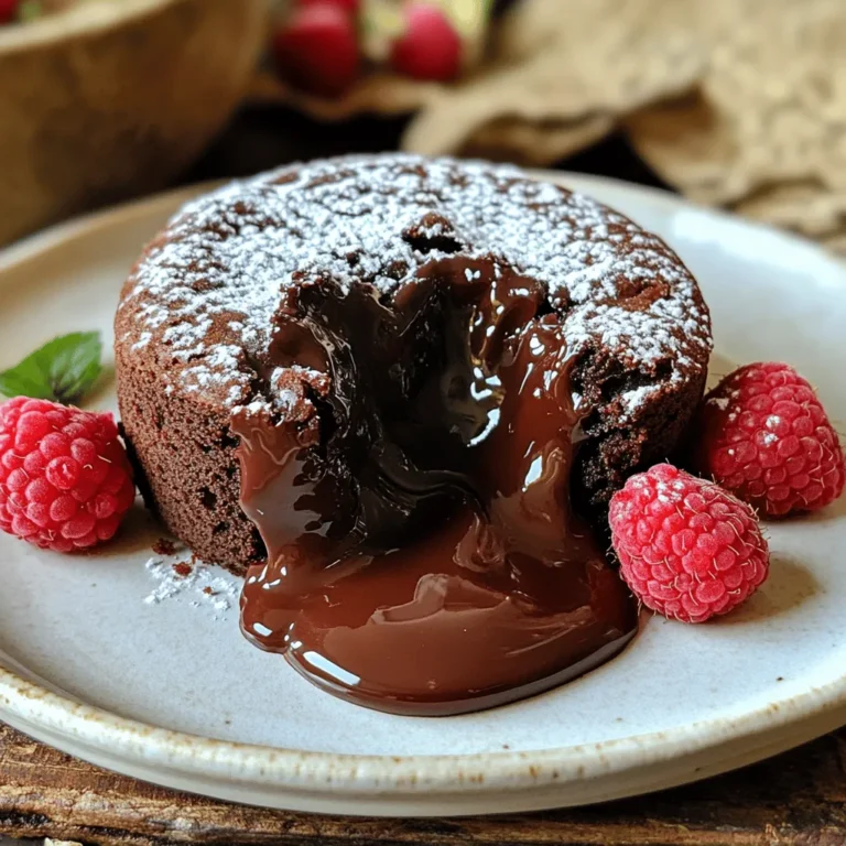 To make a delicious chocolate lava cake, you need just a few simple ingredients. Here’s what you will need: - ½ cup unsalted butter (plus extra for greasing) - 1 cup semi-sweet chocolate chips - 2 large eggs - 2 large egg yolks - ½ cup granulated sugar - ¼ cup all-purpose flour - 1 teaspoon vanilla extract - A pinch of salt - Powdered sugar for dusting (optional) - Fresh raspberries or strawberries for garnish (optional) Each ingredient plays a key role. The butter and chocolate create the rich base. Eggs and yolks give it structure and help it rise. Sugar adds sweetness and flavor. Flour holds it all together. Vanilla adds a nice touch, while salt balances the taste. Remember to keep your butter extra for greasing the ramekins. This step is important to ensure the cakes come out smoothly after baking. For the best results, I recommend using semi-sweet chocolate chips. They melt perfectly and bring that rich chocolate taste we love in a lava cake. For the full recipe, check out the instructions later in the article. Happy baking! First, preheat your oven to 425°F (220°C). This ensures even baking. Next, generously grease four 6 oz ramekins with butter. Place them on a baking tray to catch any drips. This makes it easier to move them in and out of the oven. Now, let’s melt the butter and chocolate. In a medium microwave-safe bowl, combine ½ cup unsalted butter and 1 cup semi-sweet chocolate chips. Heat in the microwave in 30-second intervals. Stir after each interval until smooth and melted. Allow it to cool for a few minutes. Next, whisk the eggs and sugar together. In a separate mixing bowl, whisk 2 large eggs, 2 large egg yolks, and ½ cup granulated sugar. Keep whisking for about 3-5 minutes. You want it to turn light in color and fluffy. Once your mixtures are ready, combine them carefully. Fold the cooled melted chocolate mixture into the egg mixture using a spatula. Gently mix until fully combined. Now, it's time to add flour. Sift in ¼ cup all-purpose flour and a pinch of salt. Add 1 teaspoon vanilla extract to enhance flavor. Fold the batter until you see no traces of flour. Be careful not to overmix. Fill the ramekins with batter. Divide the mixture evenly among them, filling each about ¾ full. This allows room for the cakes to rise. Now, bake in the preheated oven for 12-14 minutes. The edges should feel firm, and the center should jiggle slightly. After baking, remove the ramekins from the oven. Let them cool for about a minute. To serve, carefully run a knife around the edges of each cake to loosen it. Invert each cake onto individual plates with a gentle tap. For a beautiful finish, dust the hot cakes with powdered sugar. This adds a nice touch. You can also garnish with fresh raspberries or strawberries for a pop of color and flavor. Serve the lava cakes warm to reveal their gooey center. Enjoy! To get that gooey center, timing is key. Bake your cakes for 12 to 14 minutes. Watch them closely! The edges should be firm, while the center remains soft. To check for doneness, gently shake the ramekin. It should jiggle slightly in the middle. If it wobbles too much, it needs more time. One mistake is overmixing the batter. This can make your cake dense instead of light. Mix just until you can’t see flour. Another common error is baking at the wrong temperature. Always preheat your oven to 425°F (220°C). An oven that is too cool will ruin your lava cake. You need some basic tools to make this treat. Use a mixing bowl, whisk, and spatula. You also need four ramekins. I recommend 6 oz ramekins for the best results. Having a baking tray is helpful too. It catches any drips and makes it easy to move your cakes. {{image_4}} You can change the taste of your chocolate lava cake by adding flavored extracts. A few drops of mint or almond extract can make a big difference. You can also add spices like cinnamon for a warm note. Spices bring a unique twist that surprises your taste buds. Think about using different fillings inside your cake. For a fun change, try caramel or peanut butter in the center. You can even swap out the chocolate type. Use dark chocolate for a richer taste or white chocolate for a sweeter option. Each choice adds a new layer of flavor. When it comes to serving, the options are endless! Pair your lava cake with a scoop of ice cream or a dollop of whipped cream for a creamy contrast. You can also drizzle chocolate or fruit sauce over the cake. These toppings enhance the dessert's appeal and taste. For the full recipe, check out the detailed steps provided. After enjoying your chocolate lava cakes, you may have some left. To store them short-term, let them cool completely. Place the cakes in an airtight container. Keep them in the fridge for up to three days. If you want to store them long-term, you can freeze them. Wrap each cooled cake in plastic wrap, then place them in a freezer bag. They can last up to three months in the freezer. When you’re ready to enjoy your leftover lava cakes, reheating is easy. For the best results, use the oven. Preheat your oven to 350°F (175°C). Remove the cakes from the fridge or freezer. If frozen, let them thaw for about 30 minutes. Place the cakes on a baking sheet. Heat for 10-15 minutes in the oven. This method warms the cake evenly and keeps the center gooey. If you’re in a hurry, you can use the microwave. Heat each cake for about 30 seconds on medium power. Check if the center is warm enough. If not, heat it in 10-second bursts. This method is quick, but it may not keep the cake as moist. Enjoy your chocolate lava cake warm for the best experience! The cooking time for Chocolate Lava Cake is about 12 to 14 minutes. This timing gives you soft edges and a gooey center. I always recommend checking at the 12-minute mark. The cakes should feel firm around the edges while the center remains slightly jiggly. Yes, you can make Chocolate Lava Cake in advance. Prepare the batter and fill the ramekins. Then, cover them and refrigerate for up to 24 hours. When you are ready to bake, just add a couple of extra minutes to the cooking time. You will know your Lava Cake is done when the edges are firm. The center should still jiggle a bit. Insert a toothpick into the center; it should come out with some batter on it. If it comes out clean, the cake is overcooked. You can substitute some ingredients in the recipe. For instance, you can use dark chocolate instead of semi-sweet. You can also use coconut oil in place of butter for a dairy-free option. Just keep in mind that these changes can alter the taste and texture. I love serving Chocolate Lava Cake with a scoop of vanilla ice cream. The cold ice cream pairs well with the warm cake. Fresh berries, like raspberries or strawberries, also add a nice touch. They bring a fruity flavor that balances the rich chocolate. You can find the full recipe for this decadent treat above. In this article, we explored how to make a delicious chocolate lava cake. We covered the ingredients, step-by-step instructions, tips for success, variations, and storage info. Baking this treat is fun and simple. Remember to check your cake for doneness and avoid overmixing. Try different flavors and fillings to find your favorite version. With a bit of practice, you can impress anyone with your baking skills. Enjoy your chocolate lava cake warm and with a sweet garnish!