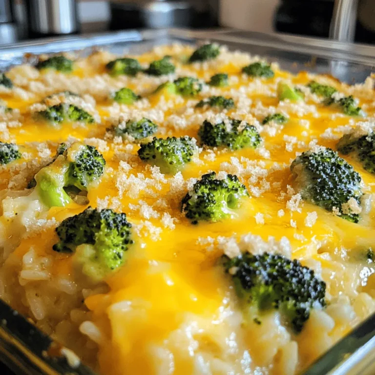 To make a tasty Cheesy Broccoli Rice Casserole, you need the following: - 2 cups cooked brown rice - 2 cups fresh broccoli florets, blanched - 1 cup shredded sharp cheddar cheese - 1 cup cottage cheese - 1 cup milk (preferably whole for creaminess) - 1/2 cup grated Parmesan cheese - 1/2 teaspoon garlic powder - 1/2 teaspoon onion powder - Salt and freshly ground black pepper to taste - 1/4 cup bread crumbs (optional, for topping) - 2 tablespoons olive oil (for greasing the dish) These ingredients work together to create a creamy, cheesy mix with a nice crunch on top. You can add more flavor and fun! Here are some optional ingredients: - Cooked chicken or turkey for protein - Sautéed onions or bell peppers for extra veggies - Different cheeses like mozzarella or gouda for a twist - Herbs such as thyme or rosemary for added flavor - Hot sauce for a spicy kick Feel free to mix and match based on what you have at home. For the best results, keep these tips in mind: - Use fresh broccoli for a bright color and crisp bite. - Cook the brown rice ahead of time and let it cool. This prevents sogginess. - Whole milk adds creaminess. If you want it lighter, you can use skim milk. - Don’t skip the garlic and onion powder. They add great depth of flavor. - If you use bread crumbs, toast them lightly for extra crunch. With these tips, you can make a casserole that will wow your family and friends. For the complete recipe, check out the Full Recipe section. First, preheat your oven to 350°F (175°C). This step is key for even baking. While the oven heats, grease a medium baking dish with 2 tablespoons of olive oil. This helps the casserole from sticking. Next, cook 2 cups of brown rice according to package directions. You can use leftover rice, too. Then, blanch 2 cups of fresh broccoli florets. This means you boil them briefly and then cool them fast in ice water. This keeps them bright and crunchy. In a big mixing bowl, add your cooked brown rice and the blanched broccoli. Use a spatula to mix them well. Make sure every piece of broccoli is mixed in. Now, grab another bowl. Whisk together 1 cup of sharp cheddar cheese, 1 cup of cottage cheese, and 1 cup of milk. Add 1/2 teaspoon of garlic powder and 1/2 teaspoon of onion powder. Don’t forget to add salt and pepper to taste. Make sure this mixture is nice and smooth. Pour this cheesy mix over your rice and broccoli. Gently fold it all together. You want every bite to have that creamy goodness. Now it’s time to transfer the mix into your greased baking dish. Spread it evenly with your spatula. If you want a crunchy topping, sprinkle 1/4 cup of bread crumbs on top. Place the dish in your preheated oven. Bake for 25-30 minutes. Keep an eye on it. You want it to be bubbly and golden brown on top. Once it looks perfect, remove it from the oven. Let it cool for 5-10 minutes before serving. This will help avoid burns and make it easier to cut. Enjoy your cheesy broccoli rice casserole! For the full recipe, check out the earlier section. To get a creamy and rich casserole, use whole milk or cream. The sharp cheddar adds a nice bite. If you want more flavor, try adding a pinch of cayenne pepper or smoked paprika. These spices can give your dish a gentle kick. Ensure you blanch the broccoli; this keeps it bright and crisp. One common mistake is overcooking the casserole. Keep an eye on it as it bakes. You want it bubbly and golden, not dry. Another error is not mixing well. Make sure the cheese sauce coats all the rice and broccoli evenly. This helps every bite to be full of flavor. Lastly, don't skip the resting time. Let it cool for a few minutes before serving. Serve this casserole hot from the oven. You can pair it with roasted chicken or a fresh salad. For a fun twist, add some crumbled bacon or toasted nuts on top before serving. This adds crunch and flavor. If you want to make it look fancy, chop some fresh parsley and sprinkle it on top. For the full recipe, check back to create your cheesy masterpiece! {{image_4}} You can easily make this dish vegetarian by using vegetable broth instead of milk. You can also add more veggies. Think about bell peppers or carrots for extra color and nutrition. To make this casserole gluten-free, swap regular bread crumbs for gluten-free ones. You can also use gluten-free rice. This keeps the dish tasty and safe for those with gluten sensitivities. If you want to change up the cheese, feel free! Try mozzarella for a milder taste or pepper jack for a spicy kick. You can also mix different cheeses to create your own unique flavor. For the full recipe, check out the details above! To store leftovers, first let the casserole cool. Then, place it in an airtight container. Make sure to cover it well to keep it fresh. You can store it in the fridge for up to four days. If you want to keep it longer, freezing is a great option. When you are ready to eat, you have a few choices. You can reheat it in the oven or microwave. For the oven, preheat to 350°F (175°C). Place the casserole in a dish and cover it with foil. Bake for about 15-20 minutes. For the microwave, heat in a safe bowl for 2-3 minutes. Stir in between to heat evenly. To freeze, make sure the casserole is completely cool. Cut it into portions and wrap each piece in plastic wrap. Then place them in a freezer-safe bag. This helps keep them fresh for up to three months. When you want to eat it, thaw overnight in the fridge. Then reheat as mentioned. For the best taste, try to eat it within a month. For the full recipe, check the link. You can use white rice if you prefer. It cooks faster and is softer. Quinoa is another great choice. It adds a nutty flavor and is high in protein. Cauliflower rice works too for a low-carb option. Just remember, cooking times may vary with these substitutes. Yes, you can make this casserole ahead of time. Prepare it and place it in the fridge. Cover it tightly with plastic wrap or foil. When ready to bake, just remove the cover and cook. It may need a few extra minutes in the oven. This casserole lasts for about 3 to 5 days in the fridge. Store it in an airtight container. If you want it to last longer, consider freezing it instead. Absolutely! Frozen broccoli is a great time saver. Just thaw it and drain any excess water. Then, mix it into your casserole as you would with fresh broccoli. It may not hold its shape as well but will still taste delicious. For the full recipe, check the section above. In this blog post, we explored the key ingredients for a delicious cheesy broccoli rice casserole. I shared step-by-step instructions for making it, along with tips for perfecting flavor and texture. We also looked at variations to suit different diets and how to store any leftovers. Remember, this dish is easy to make and full of flavor. You can always adapt it to fit your tastes. Enjoy your cooking and savor each bite!
