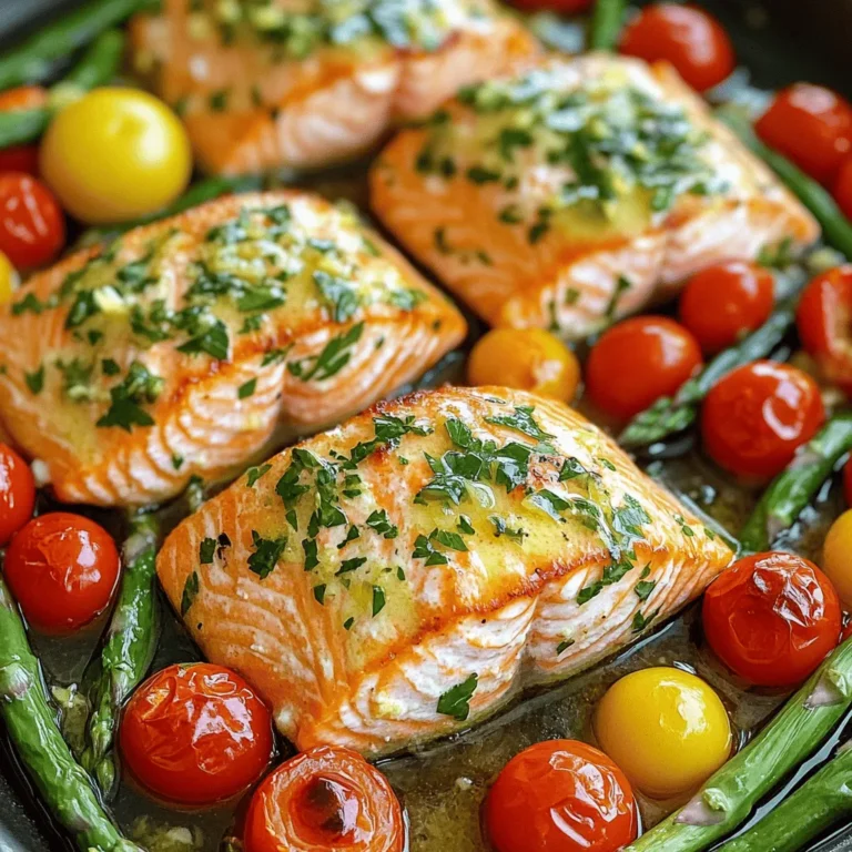 - 4 salmon fillets (approximately 6 ounces each) - 2 tablespoons extra-virgin olive oil - 2 tablespoons freshly squeezed lemon juice - 1 teaspoon freshly grated lemon zest - 3 cloves garlic, finely minced - 1 teaspoon dried oregano - 1 teaspoon dried thyme The main ingredients bring a clean, bright taste to your dish. Salmon fillets are rich and tender, making them perfect for this recipe. Olive oil and lemon juice create a fresh marinade that enhances the salmon’s flavor. Garlic adds depth, while oregano and thyme bring warmth. Together, these ingredients make a flavorful base. - 1 cup cherry tomatoes, halved - 1 cup asparagus spears, trimmed The vegetables add color and nutrition. Cherry tomatoes burst with sweetness and juice, balancing the dish. Asparagus spears give a nice crunch and earthy taste. They complement the salmon well and soak up the marinade flavors. - Sea salt and freshly ground black pepper to taste - Fresh parsley, finely chopped (for garnish) Seasoning is key for a tasty meal. Sea salt and black pepper bring out all the flavors in the dish. Fresh parsley adds a pop of color and a fresh note when you serve. This blend of seasonings ties everything together beautifully. For the full recipe, check out the [Full Recipe]. To start, you need to make the marinade. Gather these ingredients: - 2 tablespoons extra-virgin olive oil - 2 tablespoons freshly squeezed lemon juice - 1 teaspoon freshly grated lemon zest - 3 cloves garlic, finely minced - 1 teaspoon dried oregano - 1 teaspoon dried thyme - Sea salt and freshly ground black pepper to taste In a small bowl, mix the olive oil, lemon juice, lemon zest, garlic, oregano, thyme, salt, and pepper. Stir it well until everything blends together. This mixture adds zest and brightness to your salmon. Next, prepare your baking sheet. Line it with parchment paper for easy cleanup. Place the salmon fillets skin-side down. Make sure they fit nicely without crowding. Pour half of the marinade over the salmon. Let it soak in for flavor. Now, on the other side of the baking sheet, add the cherry tomatoes and asparagus spears. Drizzle the remaining marinade over these veggies. Toss them gently to coat each piece. Now, it’s time to bake! Preheat your oven to 400°F (200°C). Once it reaches the right temperature, put your baking sheet inside. Bake for 15 to 20 minutes. You’ll know it’s done when the salmon flakes easily with a fork and the veggies look vibrant and tender. After baking, take the pan out and let it rest for a couple of minutes. This step helps lock in flavors. You can check the full recipe if you want more details. To check if your salmon is done, look for its color. The fish should turn from bright pink to a lighter shade. You can also use a fork to flake it gently. If it separates easily, it's ready to eat. This texture shows that the fish is cooked but still moist. You can make this dish unique by changing the herbs or spices. Try adding dill, basil, or even a pinch of red pepper flakes for heat. You can also mix in vegetables like bell peppers or zucchini. These additions will bring new flavors to your plate. For a nice look, plate the salmon and veggies together. You can serve them right on the baking sheet for a rustic style. If you want something fancier, put them on individual plates. Don’t forget to sprinkle fresh parsley on top. A lemon wedge on the side adds a bright touch. These details make your meal feel special, even if it’s simple. {{image_4}} You can add couscous to the baking sheet. This gives a nice texture and flavor. To do this, simply cook the couscous as per the package instructions. Spread it on one side of the baking sheet with the salmon. The couscous soaks up the tasty juices from the salmon and veggies. It also makes the meal heartier and filling. You can mix in some lemon zest or herbs for extra flavor. Substituting asparagus with spinach is another great twist. Spinach cooks down quickly and adds a fresh taste. Just toss fresh spinach with the marinade before spreading it on the baking sheet. The spinach will wilt and soak up the lemony flavor. This variation is perfect for a quick dinner, keeping it light and healthy. You can even mix in some cherry tomatoes for color and sweetness. If you need a gluten-free meal, it's easy to adapt. Make sure all the ingredients you use are gluten-free. Most salmon and veggies are naturally gluten-free. Check the couscous package if you choose to add it. There are gluten-free options available. You can also try quinoa or rice as a substitute. These grains make the meal gluten-free while still being delicious. For the full recipe, check out the One-Pan Lemon Herb Salmon details above. Store leftover One-Pan Lemon Herb Salmon in an airtight container. Make sure to cool the salmon first. Place it in the fridge within two hours of cooking. This keeps it fresh and safe to eat. It’s best to eat leftovers within two to three days. If you have veggies left, store them separately to keep their texture. To freeze salmon, wrap each fillet tightly in plastic wrap. Then, place them in a freezer bag or container. Squeeze out as much air as possible. This prevents freezer burn. You can freeze the salmon for up to three months. To thaw, move the salmon to the fridge for about 12 hours. This slow thaw method keeps the fish moist. For reheating, the oven works best. Preheat it to 350°F (175°C). Place the salmon on a baking sheet and cover it loosely with foil. Heat for about 10-15 minutes. This helps keep the fish from drying out. You can also use the microwave. Heat in short bursts of 30 seconds. Check often to avoid overcooking. Enjoy your meal again! Bake your One-Pan Lemon Herb Salmon for 15 to 20 minutes at 400°F (200°C). The salmon should be opaque and flake easily with a fork. This time ensures the fish stays moist, while the veggies cook perfectly. Keep an eye on it, as every oven can be a bit different! Yes! You can use other types of fish like cod or tilapia. They cook well and absorb flavors nicely. Just adjust the cooking time a little. Thin fillets will need less time, while thicker ones may need a few extra minutes. To boost the flavor, try adding fresh herbs like dill or basil. You can also mix in a little chili flake for heat or a splash of soy sauce for depth. Marinating the fish longer will deepen the flavor too. Just remember, a little goes a long way! For more tips and the complete recipe, check out the Full Recipe. This blog post showed you how to make One-Pan Lemon Herb Salmon. You learned about the key ingredients like salmon, olive oil, and fresh herbs. I shared step-by-step instructions for marinating, baking, and serving the dish. You now have tips to ensure your salmon cooks perfectly, as well as ideas for variations. Remember, cooking can be fun! Experiment with flavors and make this meal your own. Enjoy your tasty dish, and share it with loved ones for a joyful dining experience.