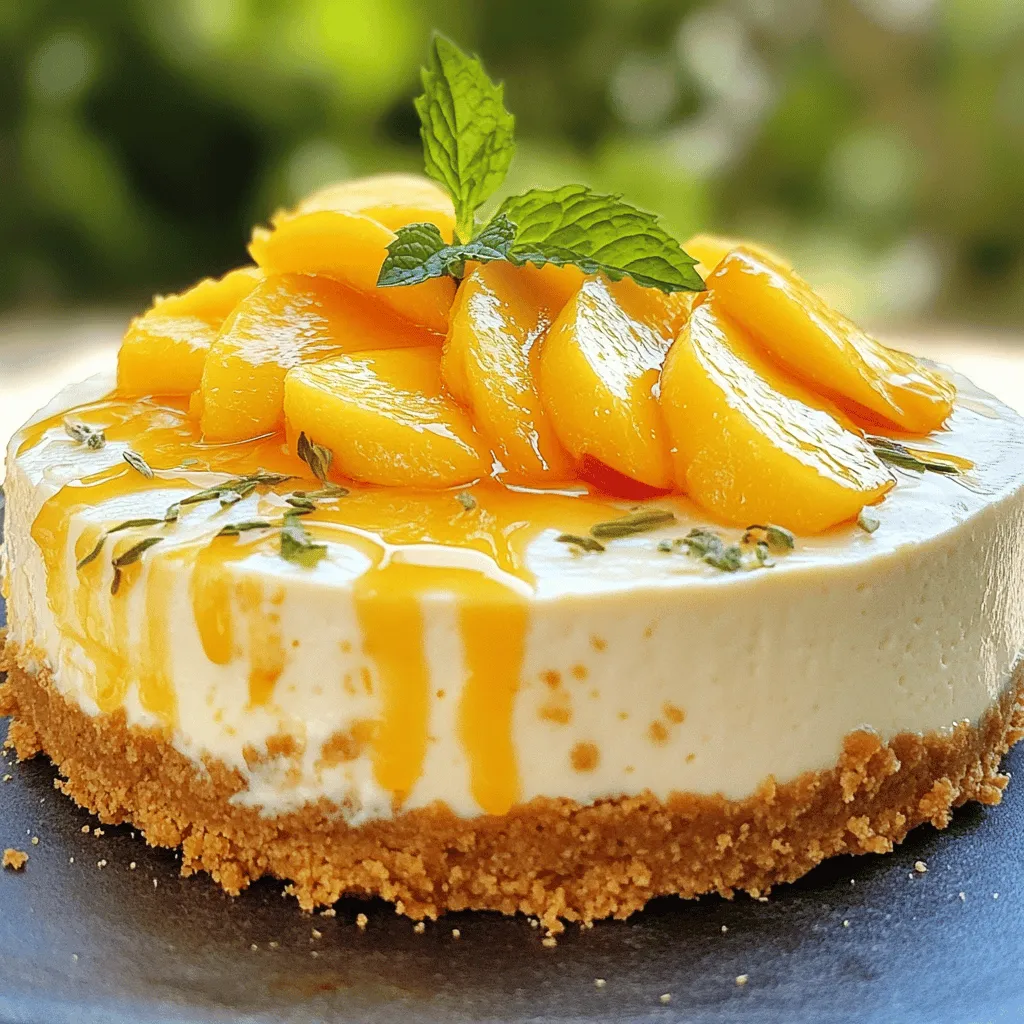 For the best no bake peach cheesecake, gather these key ingredients: - 1 ½ cups graham cracker crumbs - ½ cup unsalted butter, melted - 2 cups cream cheese, softened at room temperature - 1 cup powdered sugar - 1 teaspoon vanilla extract - 1 cup heavy whipping cream, chilled - 2 cups fresh peaches, peeled and sliced (set aside a few for garnishing) - 1 tablespoon lemon juice These ingredients work together to create a creamy and fruity dessert. The graham cracker crumbs form a tasty crust, while the cream cheese makes the filling rich and smooth. To take your cheesecake to the next level, consider these optional ingredients: - 1 teaspoon gelatin powder (for extra firmness) - 2 tablespoons warm water (to dissolve gelatin) Adding gelatin helps the cheesecake hold its shape better. If you want a firmer slice, this is a great choice. You can make swaps based on what you have at home: - Use digestive biscuits instead of graham crackers for the crust. - If you are out of cream cheese, try ricotta for a different taste. - For a dairy-free version, use vegan cream cheese and coconut cream. Making these simple substitutions allows you to still enjoy this delightful dessert. Remember, these changes might slightly alter the taste and texture, but they can be just as tasty! Check out the Full Recipe for more details. Start by mixing the graham cracker crumbs and melted butter in a bowl. Stir until the crumbs look like wet sand. Next, press this mixture into the bottom of a 9-inch springform pan. Make sure it is even and compact. Now, refrigerate the crust while you make the filling. This step helps it set well. In a large bowl, beat the softened cream cheese until smooth. This will take a few minutes. Add the powdered sugar and vanilla extract. Mix until everything is well blended. In another bowl, whip the chilled heavy cream until it forms stiff peaks. Slowly fold the whipped cream into the cream cheese mixture. Be gentle here to keep it light. Toss the sliced peaches with lemon juice to keep them fresh. Fold the peach slices into the cream cheese mixture until they are evenly mixed. If you want a firmer cheesecake, dissolve gelatin in warm water and fold it into the filling. Pour the cream cheese filling over the chilled crust. Use a spatula to spread it evenly. Once done, cover the cheesecake with plastic wrap. Refrigerate it for at least 4 hours, but overnight is best. After it sets, remove the sides of the springform pan. Lastly, top with reserved peach slices for a beautiful finish. You can find the full recipe [here](#). To make a smooth cheesecake, always start with softened cream cheese. Cold cream cheese can clump and ruin the texture. Use an electric mixer to beat the cream cheese until it is creamy. Make sure to scrape down the sides of the bowl often. This helps mix everything well. When you add the powdered sugar and vanilla, mix slowly at first. This prevents a sugary cloud from forming. Lastly, fold in the whipped cream gently. This keeps the cheesecake light and fluffy. To get the best peach flavor, choose ripe peaches. They should smell sweet and feel slightly soft. Before mixing them in, toss the peach slices with lemon juice. This keeps the color bright and adds a fresh taste. If you want a stronger peach flavor, blend some peaches into a puree. You can swirl this into the cheesecake mix or drizzle it on top before serving. This step adds both color and flavor to your dessert. For a clean look, use a warm knife to slice the cheesecake. Dip the knife in hot water, then wipe it dry. Each cut will be smooth and neat. When serving, place each slice on a cool plate to make it pop. Drizzling a homemade peach puree on the plate adds flair. Top with a fresh mint sprig for color and a hint of freshness. These simple touches make your cheesecake look as good as it tastes. For the full recipe, check out the detailed steps provided earlier. {{image_4}} You can swap peaches for other fruits. Strawberries, blueberries, or raspberries work well. Simply slice or mash them before adding to the filling. Each fruit gives a unique taste and color. For a tropical twist, try mangoes or pineapples. These fruits add a fun flair to your cheesecake. If you need a gluten-free crust, use gluten-free cookies. Almond flour or coconut flour can also work. Just mix them with melted butter. Press the mixture firmly into your pan. This simple change keeps the cheesecake tasty and safe for those with gluten allergies. For a richer flavor, add chocolate or caramel. You can swirl melted chocolate into the cream cheese mixture. Drizzle caramel sauce on top before serving. These treats add a sweet twist and make the dessert even more delightful. Your guests will love the surprise! For the full recipe, check out the Peachy Dream No-Bake Cheesecake . To keep your no-bake peach cheesecake fresh, store it in the fridge. Place it in an airtight container, or cover it tightly with plastic wrap. This helps prevent it from absorbing other fridge smells. Leftover cheesecake can stay good for up to four days. If you want to enjoy it later, freezing is a great option. If you want to save some cheesecake for later, freezing works well. First, let the cheesecake chill completely in the fridge. Then, wrap it well in plastic wrap. For extra protection, wrap it in aluminum foil too. Store it in the freezer for up to three months. Remember, the longer it freezes, the more flavor it can lose. When you're ready to enjoy your frozen cheesecake, take it out of the freezer. Move it to the fridge and let it thaw overnight. This slow thawing helps keep the texture nice. If you’re in a hurry, you can leave it at room temperature for about two hours. Avoid using a microwave, as it can change the texture. Enjoy your peachy treat! For the full recipe, check out [Full Recipe]. No bake peach cheesecake can last in the fridge for about 3 to 5 days. Store it in an airtight container to keep it fresh. If you want to keep it longer, consider freezing it. When frozen, it can last for about 1 to 2 months. Just remember to wrap it well. Yes, you can use canned peaches! However, fresh peaches taste better and have a firmer texture. If you use canned peaches, drain them well to avoid extra moisture. You can also toss them lightly in lemon juice to keep them vibrant. If you need a cream cheese substitute, try using ricotta cheese or Greek yogurt. Both options provide a creamy texture. For a vegan option, you can use cashew cream or silken tofu blended until smooth. Adjust sweetness if needed to match your taste. For the full recipe, check out the Peachy Dream No-Bake Cheesecake. This no-bake peach cheesecake offers a simple and tasty treat. You learned about essential and optional ingredients that can boost flavor. The step-by-step instructions make preparation easy, ensuring great results. Tips and tricks help achieve a smooth cheesecake and perfect peach taste. Variety is key, with options for different fruits and crusts. Store leftovers properly or freeze them for later. Overall, this recipe provides delicious enjoyment without the fuss. So, grab your ingredients and get started!