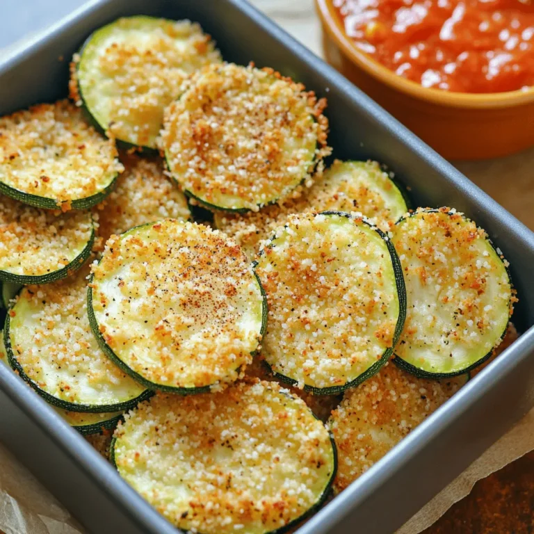 - 2 medium zucchinis, thinly sliced into rounds - 1 cup panko breadcrumbs - ½ cup finely grated Parmesan cheese - 1 teaspoon garlic powder - 1 teaspoon onion powder - ½ teaspoon smoked paprika - Salt and freshly cracked black pepper, to taste - 2 large eggs, beaten until well mixed - 1 tablespoon olive oil, for spraying - Air Fryer - Mixing Bowls - Spray Bottle for Olive Oil For these crispy zucchini chips, fresh zucchini is key. Choose firm, bright green zucchinis. They give the best texture and flavor. Panko breadcrumbs create a light crunch. The Parmesan cheese adds a rich taste and helps the chips stick. Garlic and onion powder boost flavor. Smoked paprika brings a warm, smoky note. A little salt and pepper finish the seasoning. You need an air fryer for this recipe. It cooks the chips evenly and keeps them crispy. Mixing bowls help you prepare your ingredients. A spray bottle for olive oil is handy. It lightly coats the chips for that perfect crunch without excess oil. I use these ingredients to make a delightful snack. They are easy to prepare and fun to eat. You can find the full recipe above to guide you through the steps. Enjoy making these at home; they are sure to impress! - Preheat Air Fryer to 375°F - Prepare the Dipping Station First, I preheat my air fryer to 375°F. This step is key for crispy chips. While the fryer heats up, I prepare my dipping station. I place beaten eggs in one bowl and the breadcrumb mix in another. This makes coating easy and quick. - Dip and Roll Technique - Ensuring Even Coating Next, I take each zucchini round, dip it in the egg, and coat it well. After that, I roll it in the breadcrumb mix, pressing lightly. This helps the crumbs stick. I ensure each piece is evenly coated for the best crunch. - Arranging in the Air Fryer Basket - Air Frying Parameters (Time and Temperature) Now, I arrange the coated zucchini chips in the air fryer basket. I make sure they are in a single layer. This helps them cook evenly. I lightly mist them with olive oil for extra crispiness. I set the air fryer to cook for 10-12 minutes. Halfway through, I flip the chips to get that golden-brown color. After cooking, I let them cool on a wire rack to keep them crunchy. Don't forget to check out the Full Recipe for more details! To get that perfect crunch, cook the zucchini in a single layer. This way, hot air can flow around each chip. If they overlap, some will stay soft. Use a light mist of olive oil on top. This helps the chips turn golden and crispy while cooking. Zucchini chips taste great with dips. Try marinara sauce for a classic touch. You can also serve them with ranch dressing or a zesty yogurt dip. They pair well with sandwiches and salads, making them a fun side. You can even enjoy them on their own as a snack. Avoid overcrowding the air fryer. If you add too many chips, they won’t cook evenly. Also, pay attention to coating techniques. Make sure each zucchini slice gets enough egg and breadcrumbs. This ensures the chips stay crispy and flavorful. {{image_4}} You can spice up your zucchini chips easily. For a kick, add cayenne to the mix. Just a pinch will bring heat to every bite. If you love herbs, Italian seasoning is a great choice. Mix it into the breadcrumbs for a fresh twist. This will give your chips a savory, herbaceous flavor. If you need a gluten-free option, try almond flour. It gives the zucchini chips a nice crunch. Simply swap it for panko breadcrumbs. For those wanting a cheesy taste without dairy, vegan cheese works well too. Just use it in place of Parmesan in the full recipe. Want to switch things up? Yellow squash is a fantastic alternative. It has a similar texture and taste. You can also experiment with other veggies. Carrots and sweet potatoes can give a sweet, earthy flavor. Try different veggies to find your favorite! To keep your zucchini chips fresh, store them in an airtight container. Make sure the chips are completely cool before sealing them. This helps prevent moisture buildup. I suggest you enjoy them within 2-3 days for the best taste and crunch. For the best results, reheat your zucchini chips in the air fryer. Set it to 350°F (175°C) and cook for 3-5 minutes. This method brings back their crispy texture. If you don’t have an air fryer, you can use the oven. Preheat it to 350°F (175°C) and place the chips on a baking sheet for about 5-7 minutes. Avoid using the microwave, as it can make them soft. To freeze zucchini chips, first let them cool completely. Then, place them in a single layer on a baking sheet. Freeze them for about 1-2 hours until firm. Once frozen, transfer the chips to a freezer-safe bag or container. You can store them for up to 3 months. To thaw and re-cook, simply take out the desired amount and let them sit at room temperature for about 15 minutes. Then, air fry or bake them as mentioned before. Enjoy your crispy snack anytime! Zucchini chips stay fresh in the fridge for about three days. Store them in an airtight container to keep them crunchy. If you want to keep them longer, freeze them. They can last for about two months in the freezer. Just remember to let them cool completely before freezing. Yes, you can. Instead of eggs, try using a mixture of flour and water or a flaxseed meal mix. Mix one tablespoon of flaxseed meal with two and a half tablespoons of water, and let it sit for about five minutes. This mixture binds well and keeps the breadcrumbs on the zucchini. I love serving these chips with marinara sauce or ranch dressing. You can also try a spicy yogurt dip or a lemon-garlic aioli. These dips add extra flavor and make your snack even more fun. Yes, you can make them vegan. Just omit the Parmesan cheese and eggs. Use a vegan cheese alternative or stick with the breadcrumb coating. This way, you still get all the crunch and flavor without any animal products. You learned how to make delicious air fryer zucchini chips today. We covered key ingredients like zucchini, panko breadcrumbs, and Parmesan cheese. I shared steps for coating and air frying them to crispy perfection. Remember tips like cooking in a single layer and mists of olive oil for crunch. If you want to mix it up, try spicy versions or different veggies. Store your leftovers properly for best taste. Enjoy your tasty chips and feel free to experiment with flavors!
