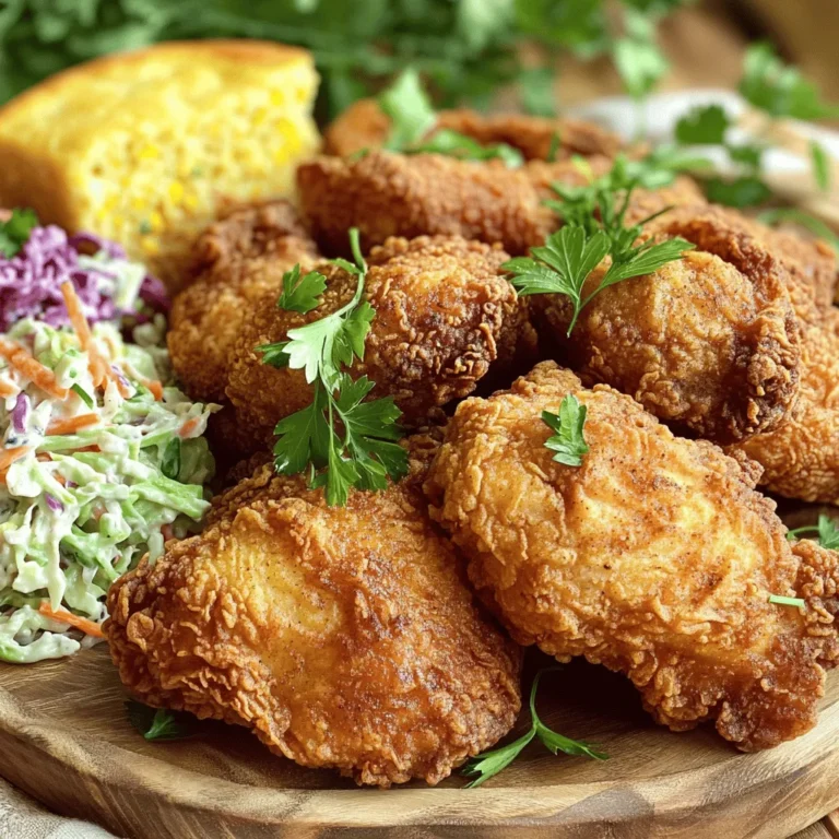 - 4 pieces of chicken (legs and thighs) - 1 cup buttermilk - 1 cup all-purpose flour - 1 tablespoon paprika - 1 teaspoon garlic powder - 1 teaspoon onion powder - 1 teaspoon cayenne pepper - 1 teaspoon salt - ½ teaspoon black pepper - Vegetable oil for frying The first step to great Southern fried chicken is choosing your chicken pieces. I love using chicken legs and thighs. They stay juicy and get crispy skin. Next, you will need buttermilk. This helps to make the chicken tender and adds flavor. For the dredging mixture, you will need all-purpose flour and a mix of spices. Paprika adds color and a mild taste. Garlic powder and onion powder bring great flavor. Cayenne pepper gives it a little kick. Salt and black pepper round out the taste. You will also need vegetable oil for frying. It helps the chicken cook evenly and get that perfect crispy crust. This combination of ingredients is key to making delicious fried chicken. You can find the Full Recipe in the next section, which will guide you on how to put this all together. Marinating is key for great flavor. It makes the chicken juicy and tender. I recommend marinating the chicken for at least two hours. However, if you can, let it sit overnight in the buttermilk. This helps the spices soak in and makes the meat more flavorful. To prepare the dredging mixture, mix the flour and spices in a shallow dish. Use the following ingredients: - 1 cup all-purpose flour - 1 tablespoon paprika - 1 teaspoon garlic powder - 1 teaspoon onion powder - 1 teaspoon cayenne pepper - 1 teaspoon salt - ½ teaspoon black pepper Make sure to whisk these well. This ensures the spices spread evenly. A good mix gives each bite a burst of flavor. After marinating, take the chicken out. Let the excess buttermilk drip off. Dredge each piece in the flour mixture. Ensure every part is covered well. Shake off any extra flour. Next, heat vegetable oil in a skillet. Use enough oil to cover the bottom about one inch deep. Heat it to 350°F (175°C). You can check the oil by dropping a pinch of flour in. If it sizzles, it’s ready. Carefully place the chicken in the hot oil. Don’t crowd the pan; this helps it cook evenly. Fry the chicken for about 15-18 minutes on one side. When it turns golden brown, flip it over. Cook for another 10-12 minutes. The chicken should be crispy and reach 165°F (74°C) inside. Once done, transfer the chicken to a plate lined with paper towels. This absorbs excess oil, keeping your chicken crispy. Let it rest for a few minutes before serving. This helps keep the juices in and improves the flavor. To get that perfect crunch, flour coating is key. A good layer of seasoned flour gives the chicken its crispy exterior. I recommend using all-purpose flour mixed with spices. This adds flavor and texture. For frying, vegetable oil works best. It heats evenly and helps achieve that golden brown color. Rest the chicken before serving. This allows the juices to settle, keeping the meat juicy. The ideal internal temperature is 165°F (74°C). Use a meat thermometer to check. This ensures your chicken is safe and delicious. Serve the chicken on a rustic wooden platter. This makes for a lovely display. Garnish with fresh herbs like parsley or rosemary for color. Pair it with classic sides like coleslaw and cornbread to complete the meal. Enjoy your feast with family or friends! If you want to know more, check the full recipe. {{image_4}} To spice things up, add hot sauce to the marinade. A few tablespoons will add a nice kick. You can also adjust the cayenne pepper for extra heat. If you love spice, don’t hold back. Just remember, you can always add more spice, but you can't take it away. Fresh herbs can elevate your fried chicken. Try adding rosemary, thyme, or oregano to the dredging mix. This will give your chicken a fresh flavor. You can also flavor the buttermilk marinade with herbs. Just blend them well before soaking the chicken. If you need a gluten-free option, use rice flour or almond flour instead of all-purpose flour. Both work great for frying. You’ll want to adjust frying times since gluten-free flours can cook faster. Keep an eye on your chicken to get that perfect golden brown color. For the complete experience, check out the Full Recipe to try these variations! Store leftover fried chicken in the fridge. Place it in an airtight container. This helps keep it fresh. You can also wrap it in foil or plastic wrap. Make sure to eat it within three days for the best taste. To reheat fried chicken, use the oven for best results. Preheat the oven to 375°F (190°C). Place the chicken on a baking sheet. Heat for about 10-15 minutes. This method keeps the skin crispy. Avoid the microwave; it can make the chicken soggy. You can freeze leftover fried chicken. First, let it cool completely. Place it in a freezer-safe bag or container. Remove as much air as possible. It can last up to three months. To thaw, move it to the fridge overnight. Reheat in the oven to keep it crispy. You should marinate Southern fried chicken for at least 2 hours. However, I recommend marinating overnight. This extra time lets the flavors soak into the meat. It also helps keep the chicken juicy and tender during cooking. The buttermilk works wonders in breaking down proteins. You’ll love the taste! The best oil for frying chicken is vegetable oil. It has a high smoke point, which means it heats well without burning. Canola oil and peanut oil work great too. These oils help achieve that perfect crispy crust. Avoid using olive oil, as it has a lower smoke point. Yes, you can make Southern fried chicken in an air fryer. This method uses less oil and can still achieve a crispy texture. Preheat your air fryer to about 375°F (190°C). Cook the chicken in batches for about 25 to 30 minutes. Be sure to flip them halfway for even cooking. Some great side dishes include: - Coleslaw - Mashed potatoes - Cornbread - Baked beans - Collard greens These sides add to the Southern charm and flavor. They balance the richness of the chicken well. To check if the chicken is fully cooked, use a meat thermometer. Insert it into the thickest part of the chicken. It should read 165°F (74°C). Another sign is the chicken's juices running clear when pierced. If it’s still pink, cook it a bit longer. Enjoy your crispy Southern fried chicken! To make Southern fried chicken, gather your ingredients and follow the steps. Marinate the chicken to keep it juicy and flavorful. Prepare your dredging mixture for that crispy crust. Cook at the right temperature for the best results. Incorporating variations can spice things up. Knowing how to store and reheat properly helps maintain taste. Enjoy your delicious fried chicken with great sides. With these tips, you'll impress everyone at your next meal. Happy cooking!