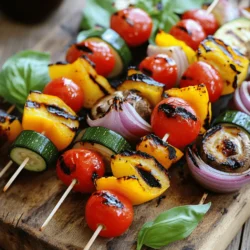 - Red bell pepper - Yellow bell pepper - Zucchini - Red onion - Cherry tomatoes - Mushrooms - Extra virgin olive oil - Balsamic vinegar - Garlic powder - Smoked paprika - Salt and pepper - Fresh basil leaves - Additional balsamic drizzle The key to great grilled vegetable skewers is using fresh, colorful vegetables. Start with red and yellow bell peppers. They add sweetness and bright colors. Next, include zucchini for a nice crunch. Red onion gives a bold flavor. Cherry tomatoes burst with juice when grilled. Lastly, mushrooms add a savory touch. To bring everything together, make a simple marinade. Use extra virgin olive oil for richness. Balsamic vinegar adds tang. Garlic powder and smoked paprika give depth of flavor. Don’t forget salt and pepper for seasoning. This marinade elevates the taste of the veggies. If you want to make your skewers even more appealing, consider garnishes. Fresh basil leaves add a lovely aroma and color. A drizzle of balsamic vinegar on top enhances flavor. For the complete recipe, check out the Full Recipe section. - Preheat the grill to medium-high. This helps to cook the skewers evenly. - Clean the grates. A clean grill prevents sticking and gives a nice char. - Whisk the marinade ingredients together. Combine olive oil, balsamic vinegar, garlic powder, smoked paprika, salt, and pepper in a bowl. - This mix adds deep flavor to the vegetables. - Toss vegetables in the marinade. Add red bell pepper, yellow bell pepper, zucchini, red onion, cherry tomatoes, and mushrooms. - Ensure each piece is well-coated for better taste. - Allow marination time. Let them sit for about 15 minutes. This step enhances the flavors. - Thread vegetables onto skewers. Alternate colors and shapes to make them look fun. - Fill each skewer but avoid overcrowding. This helps them cook evenly. - Grill skewers and turn periodically. Cook for 10-12 minutes, turning with tongs. - Check for doneness and grill marks. The veggies should be tender and have nice char marks. Follow these steps for a delicious dish. For more detailed instructions, check the Full Recipe. - Best grill temperatures for vegetables I recommend grilling vegetables at medium-high heat, around 400°F to 450°F. This heat cooks veggies evenly, giving them nice char marks. Make sure to preheat your grill properly for the best results. - How to prevent sticking To stop veggies from sticking, oil your grill grates before cooking. You can also brush the vegetables with olive oil. This simple trick creates a barrier, helping them slide right off when done. - Adding herbs and spices to marinade Adding herbs and spices can boost flavor. I love fresh basil, oregano, or thyme. You can mix them into your marinade for a tasty touch. Try adding a pinch of red pepper flakes for some heat. - Suggestions for infusing more flavor You can infuse more flavor by letting the veggies sit in the marinade longer. Aim for at least 30 minutes. If you want a smoky taste, try using smoked salt or adding a dash of liquid smoke to your marinade. - Plating ideas for serving When serving, arrange skewers on a large platter. A colorful display makes your dish appealing. Alternate colors and shapes to catch the eye. - Drizzling and garnishing suggestions Drizzle extra balsamic vinegar over the skewers for added flavor. You can also sprinkle fresh herbs on top. Fresh basil leaves add color and flavor. This simple touch makes your dish look gourmet. {{image_4}} You can mix in many seasonal vegetables. Try adding asparagus, eggplant, or squash. Each brings its own taste and texture. You can also swap out any vegetable. If you dislike mushrooms, use broccoli instead. If you love spice, add jalapeños for a kick. These skewers are already vegan-friendly. Just stick to the vegetable base. For gluten-free options, ensure your marinade has no gluten. Most balsamic vinegars are safe, but check the label. You can enjoy these skewers without worry about dietary needs. Let’s explore fun themes! For Mediterranean skewers, add olives and feta cheese. This adds great flavor. Try drizzling with lemon juice for a bright touch. For Tex-Mex skewers, use corn and black beans. A sprinkle of taco seasoning can enhance the taste. You can create fun and diverse meals with just a few tweaks. Check out the Full Recipe for more details on making these delicious grilled vegetable skewers! To keep your grilled vegetable skewers fresh, store them in an airtight container. Place them in the fridge if you have leftover skewers. They will stay good for about 3 to 4 days. If you want to save the skewers for longer, you can freeze them. Just remember to wrap them tightly in plastic wrap or foil before putting them in a freezer bag. To store the marinade, pour it into a jar or container with a lid. You can keep it in the fridge for about a week. This way, you can use it again later for more skewers or other dishes. Reheating grilled vegetable skewers is easy. You can use a microwave for quick heating. Just place them on a plate and cover them with a damp paper towel. Heat for 30 seconds at a time until warm. If you want to keep that grill flavor, use an oven or a skillet. Preheat the oven to 350°F (175°C) and place the skewers on a baking tray for about 10 minutes. For a skillet, heat a little olive oil in a pan and cook the skewers over medium heat for 3 to 5 minutes. To retain flavor and texture, avoid overcooking them. Heat just until warm, and enjoy! Grill vegetable skewers for about 10 to 12 minutes. This time allows the veggies to become tender. You should turn them every few minutes. Look for nice grill marks as a sign they are done. Each type of veggie cooks at a different rate, so keep an eye on them. Bell peppers should be soft, while zucchini needs to be tender but not mushy. You can use frozen vegetables, but they may not grill the same way. Thaw them first and pat them dry. This step helps them cook better on the grill. Frozen veggies often lose some texture and flavor. Fresh vegetables usually taste better and have a nice crunch. If possible, choose fresh for the best results. Both metal and bamboo skewers have their pros. Metal skewers are reusable and heat up well. They help cook the veggies evenly. Bamboo skewers are great for one-time use and are easy to find. Just soak them in water for 30 minutes before grilling. This soaking helps prevent burning. Choose based on your needs and what you have. Yes, you can prepare skewers ahead of time. Just marinate the veggies and thread them onto skewers. Store them in the fridge for a few hours or even overnight. This allows the flavors to deepen. When ready to grill, just take them out and cook! This method saves time and makes grilling easier. Check the Full Recipe for more tips. Grilling vegetable skewers is simple and fun. You learned about essential veggies, marinades, and tips for grilling. Each step builds tasty, colorful skewers for any meal. Explore variations to match your taste and dietary needs. Store leftovers right and reheat for full flavor. Enjoy grilling! Your next backyard meal will impress everyone. Take these ideas and make your skewers unique. Enjoy fresh flavors and colorful presentations!