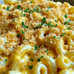 - 8 oz elbow macaroni - 2 tablespoons unsalted butter - 2 tablespoons all-purpose flour - 2 cups milk (whole or 2%) - 1 cup shredded sharp cheddar cheese - 1 cup shredded Gruyère cheese - 1/2 cup grated Parmesan cheese - 1 tablespoon truffle oil - 1/2 teaspoon garlic powder - 1/2 teaspoon onion powder - Salt and freshly ground black pepper, to taste - 1/2 cup panko breadcrumbs - 2 tablespoons freshly chopped parsley (for garnish) When I make mac and cheese, I start with elbow macaroni. This shape holds cheese well. I use unsalted butter to control the salt. Then, I mix flour in to make a roux. This helps thicken the sauce. Whole milk or 2% milk gives the sauce a creamy taste. For the cheese, I love a mix of sharp cheddar, Gruyère, and Parmesan. Each cheese adds a unique flavor. Truffle oil takes it to another level with its earthy taste. Garlic powder and onion powder add depth to the dish. I season with salt and black pepper to bring out all the flavors. For crunch, I use panko breadcrumbs mixed with olive oil. This topping gets crispy when baked. Finally, I add fresh parsley on top for color and freshness. This selection of ingredients makes my mac and cheese rich and comforting. You can find the full recipe in the link. To cook elbow macaroni, start by boiling water in a large pot. Make sure to add a good amount of salt to the water. This step helps flavor the pasta. Once the water is boiling, add the macaroni. Cook it according to the package directions, usually about 7 to 8 minutes. You want it al dente, which means it should be firm but not hard. After cooking, drain the pasta well and set it aside in a bowl. In the same pot, melt 2 tablespoons of unsalted butter over medium heat. Once it’s melted, add 2 tablespoons of all-purpose flour to make a roux. Stir it for about 1 to 2 minutes until it turns golden and bubbly. Next, slowly whisk in 2 cups of milk. Keep whisking until the sauce thickens, which takes about 5 to 7 minutes. Then, reduce the heat to low and add 1 cup of shredded sharp cheddar cheese, 1 cup of shredded Gruyère cheese, and 1/2 cup of grated Parmesan cheese. Mix until the cheeses melt and the sauce is creamy. For flavor, stir in 1 tablespoon of truffle oil, 1/2 teaspoon of garlic powder, and 1/2 teaspoon of onion powder. Season with salt and pepper to taste. Now it’s time to combine! Carefully fold the drained macaroni into the cheese sauce. Make sure every piece of pasta gets coated in that rich, cheesy goodness. Once mixed well, transfer the mixture to a greased baking dish. Spread it out evenly so it bakes nicely. Preheat your oven to 350°F (175°C). While it heats, prepare the topping. In a small bowl, mix 1/2 cup of panko breadcrumbs with a drizzle of olive oil and a pinch of salt. Evenly sprinkle this breadcrumb mixture over the mac and cheese for a crunchy topping. Place the dish in the preheated oven and bake for 20 to 25 minutes. You’ll know it’s ready when the top turns golden brown and crispy. This step-by-step guide leads to a delightful creamy comfort food experience. For the full recipe, check out the details above! To cook the pasta just right, start with plenty of salted water. Bring it to a rolling boil. Add the elbow macaroni and cook until al dente, about 7-8 minutes. Make sure to stir occasionally. After cooking, drain the pasta well and set it aside. For a smooth cheese sauce, make a roux first. Melt unsalted butter in the same pot. Once melted, whisk in all-purpose flour for 1-2 minutes. This creates a base for your sauce. Gradually add milk while whisking to avoid lumps. Keep stirring until the sauce thickens, about 5-7 minutes. If you want to change up the cheese flavors, try using different kinds. Mozzarella gives a milky taste, while gouda adds a smoky flavor. For a tangy bite, consider using feta. These swaps can make your mac and cheese unique. For vegan options, use plant-based cheese. Nutritional yeast can add a cheesy taste too. If you need gluten-free mac and cheese, choose gluten-free pasta. Rice or almond milk works well in place of dairy milk. To boost the flavor, add spices like paprika or cayenne pepper. A pinch of nutmeg can add warmth too. Fresh herbs like thyme or basil can brighten the dish. You can also include proteins. Crispy bacon adds a salty crunch, while cooked chicken makes it hearty. Try adding vegetables like broccoli or spinach for extra nutrients and color. {{image_4}} Classic mac and cheese uses simple ingredients. You need elbow macaroni, butter, flour, milk, and cheese. Gourmet mac and cheese takes this to the next level. It often includes fancy cheeses and unique flavors. For example, you can use truffle oil or lobster. Truffle adds a rich, earthy taste. Lobster brings a touch of luxury. These additions change the whole dish and make it special. For a healthier twist, swap regular pasta for whole grain. Whole grain pasta offers more fiber and nutrients. You can also choose lower calorie cheese. Options like part-skim mozzarella or reduced-fat cheddar work well. These choices cut calories but keep the creamy texture. You still enjoy the comfort of mac and cheese without the guilt. Mac and cheese can be inspired by global flavors. For a Mexican twist, add jalapeños and taco seasoning. This gives a spicy kick. Italian mac and cheese can feature marinara sauce and basil. It’s like lasagna in a bowl! An Asian version might include soy sauce and sesame oil, along with veggies. Each variation brings a new taste while keeping that comforting feel. To keep your mac and cheese fresh, place it in the fridge right away. Use airtight containers. This helps keep moisture in and prevents it from drying out. Leftover mac and cheese can last up to four days when stored properly. You can freeze mac and cheese for later. First, let it cool completely. Then, scoop it into freezer-safe bags or containers. Squeeze out as much air as you can. This prevents freezer burn. Mac and cheese can be frozen for up to three months. To reheat, take it out of the freezer and let it thaw in the fridge overnight. You can warm it in the oven or microwave. If using the oven, cover it with foil to keep it moist. Bake at 350°F until hot. Stir halfway through for even heating. Enjoy your delicious mac and cheese again! Homemade mac and cheese can last for about 3 to 5 days in the fridge. Store it in an airtight container to keep it fresh. Before eating, check for any off smells or changes in texture. Reheat in the microwave or oven until piping hot. This way, it stays creamy and tasty. Yes, you can make mac and cheese ahead of time. Prepare it up to the baking step. After mixing the pasta with the cheese sauce, transfer it to a greased baking dish. Cover it tightly and store it in the fridge for up to 24 hours. When ready to bake, just pop it in the oven. You may need to add a few extra minutes for cooking. You can add many tasty things to mac and cheese for extra flavor. Here are some popular options: - Cooked bacon or pancetta - Chopped vegetables like broccoli or spinach - Spicy jalapeños for a kick - Different cheeses like blue cheese or mozzarella - Herbs like thyme or basil These additions can change the taste and make your dish unique. Feel free to get creative! For a full recipe, check out the Decadent Cheesy Truffle Mac & Cheese. Making mac and cheese is simple and fun. We covered essential ingredients, from pasta to cheeses. I shared clear steps for cooking, preparing the sauce, and baking it perfectly. We also explored tips, tricks, and tasty variations. Whether you choose classic or gourmet styles, you can create a dish everyone enjoys. Remember to store leftovers properly and feel free to experiment with flavors. With these insights, you can whip up your best mac and cheese yet. Enjoy your cooking journey!