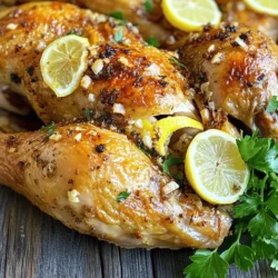 - 1 whole chicken (4-5 lbs) - 4 cloves of garlic, finely minced - 2 large lemons (one sliced into rounds, one juiced) - 2 teaspoons fresh rosemary, finely chopped (or 1 teaspoon dried rosemary) - 2 teaspoons fresh thyme, finely chopped (or 1 teaspoon dried thyme) - 1/4 cup extra virgin olive oil - Salt, to taste - Black pepper, to taste - 1 cup chicken broth or vegetable broth - Fresh parsley, chopped, for garnish To create a juicy and flavorful dish, you need the right ingredients. Start with a whole chicken. I prefer it around 4 to 5 pounds for the best results. Fresh garlic adds a punch of flavor. Use four cloves, minced well, to ensure the taste spreads throughout the chicken. Lemons are key to this recipe. You need two large lemons. One gets juiced, while the other is sliced into rounds. The slices go inside the chicken. They add a fresh, zesty taste. For herbs, I use fresh rosemary and thyme. They bring out the flavors in the chicken. If you don’t have fresh herbs, dried ones work too. You’ll also want olive oil, salt, and black pepper. They season the chicken perfectly. Lastly, add chicken broth for moisture. It helps keep the chicken juicy as it roasts. If you want a pop of color, consider adding fresh parsley as a garnish. It makes the dish look vibrant and fresh. For the complete recipe, you can check out the Full Recipe. Set your oven to 425°F (220°C). This hot temperature helps crisp the chicken skin. In a bowl, mix minced garlic, lemon juice, and herbs. Add olive oil, salt, and pepper. Whisk well until combined. This marinade will pack flavor into your chicken. Take a whole chicken and pat it dry with paper towels. Drying it helps the skin become crispy. Rub the marinade all over the chicken, including the cavity. Make sure to coat every part well. Slice one lemon into rounds. Place these lemon slices inside the chicken cavity. This adds a nice flavor while cooking. Put the chicken breast-side up on a roasting rack in a pan. Pour chicken broth into the pan for moisture and extra flavor. Roast the chicken for about 1 hour and 15 minutes. Use a meat thermometer to check the internal temperature. It should reach 165°F (75°C) for safe eating. The skin should be golden brown. Baste the chicken with pan juices halfway through for added moisture. Once cooked, take the chicken out of the oven. Cover it loosely with aluminum foil and let it rest for 10-15 minutes. Resting is key for juicy meat, as it allows the juices to settle. For the full recipe, refer to the [Full Recipe]. Enjoy your juicy and flavorful Lemon Garlic Roasted Chicken! To get that perfect crispy skin, start by drying your chicken well. Use paper towels to pat it all over. This helps remove extra moisture. Moisture leads to soggy skin, which we don’t want! After drying, let the chicken sit for a bit. This air exposure helps it crisp up nicely in the oven. Want to amp up the flavor? Try adding herbs like sage or oregano. These herbs pair well with lemon and garlic. You can also add a pinch of smoked paprika for a hint of smokiness. If you love heat, some red pepper flakes can spice things up. Feel free to mix and match to find your favorite flavor combo! Basting is key for a juicy chicken! I recommend basting every 30 minutes while roasting. Use the pan juices to keep the chicken moist. This also adds extra flavor. Make sure to use a spoon or baster to drizzle the juices over the chicken. Doing this helps keep it tender and flavorful throughout the cooking process. {{image_4}} You can change the herbs for new flavors. Instead of rosemary and thyme, use sage or oregano. These herbs add a different taste. For a spicy kick, add red pepper flakes. Mixing herbs can create a unique twist on the classic recipe. Lemons are great, but try other citrus fruits too. Using lime will give a fun flavor. Oranges can add sweetness to the dish. Simply slice and stuff them in the chicken like you do with lemons. Each fruit brings its own taste to the meal. You can cook this chicken in different ways. If you want to use a slow cooker, season the chicken as usual. Place it in the slow cooker with broth. Cook on low for 6-8 hours for tender meat. Grilling is another option. Marinate the chicken and grill it over medium heat until cooked through. Each method offers a new way to enjoy this dish. To keep your Lemon Garlic Roasted Chicken fresh, store leftovers right away. First, let the chicken cool down. Then, slice it into pieces for easy storage. Place the chicken in an airtight container. This helps keep out air and moisture. You can also wrap it well in aluminum foil or plastic wrap. If you plan to eat it later, freezing is a good option. Just make sure to use freezer-safe bags or containers. When reheating, keep the chicken juicy and tasty. One method is to use the oven. Preheat it to 350°F (175°C). Place the chicken in a baking dish and cover it with foil. This keeps moisture in. Heat it for about 20-30 minutes or until warm. You can also use the microwave for quick reheating. Put the chicken on a microwave-safe plate. Cover it with a damp paper towel to help it stay moist. Heat in short bursts, checking often to avoid drying out. Cooked chicken can last in the fridge for 3-4 days. If you freeze it, it can stay good for up to 4 months. Always check for any signs of spoilage before eating. If it smells bad or looks odd, it’s best to throw it away. Keeping track of how long you store your chicken helps you enjoy it safely. You can tell if the chicken is done by checking its internal temperature. The chicken should reach 165°F (75°C) in the thickest part of the breast. Use a meat thermometer for the best results. This step is key to ensure the chicken is safe to eat. If you don't have a thermometer, look for clear juices running from the chicken when you cut it. The skin should be golden brown and crispy. Yes, you can prepare much of this recipe ahead of time. You can marinate the chicken up to 24 hours in advance. Just keep it in the fridge until you're ready to roast it. This will deepen the flavors and save you time on cooking day. If you’re short on time, you can even prep the garlic and herbs a few days before. This chicken pairs well with many sides. I recommend serving it with roasted veggies, mashed potatoes, or a fresh salad. You can also add garlic bread for a yummy touch. For a lighter option, try pairing it with steamed green beans or a quinoa salad. This makes the meal colorful and balanced. For the complete Lemon Garlic Roasted Chicken recipe, check the [Full Recipe](#). Here you’ll find all the details you need to make this dish amazing! Lemon Garlic Roasted Chicken is a simple, tasty dish. You need a whole chicken, garlic, lemons, and some herbs. Applying the right marinade and roasting technique gives you juicy meat. Remember to rest your chicken after cooking for the best results. Don’t forget to try out variations and enjoy leftovers. With these tips, you can impress anyone with your cooking skills. Enjoy your flavorful meal!