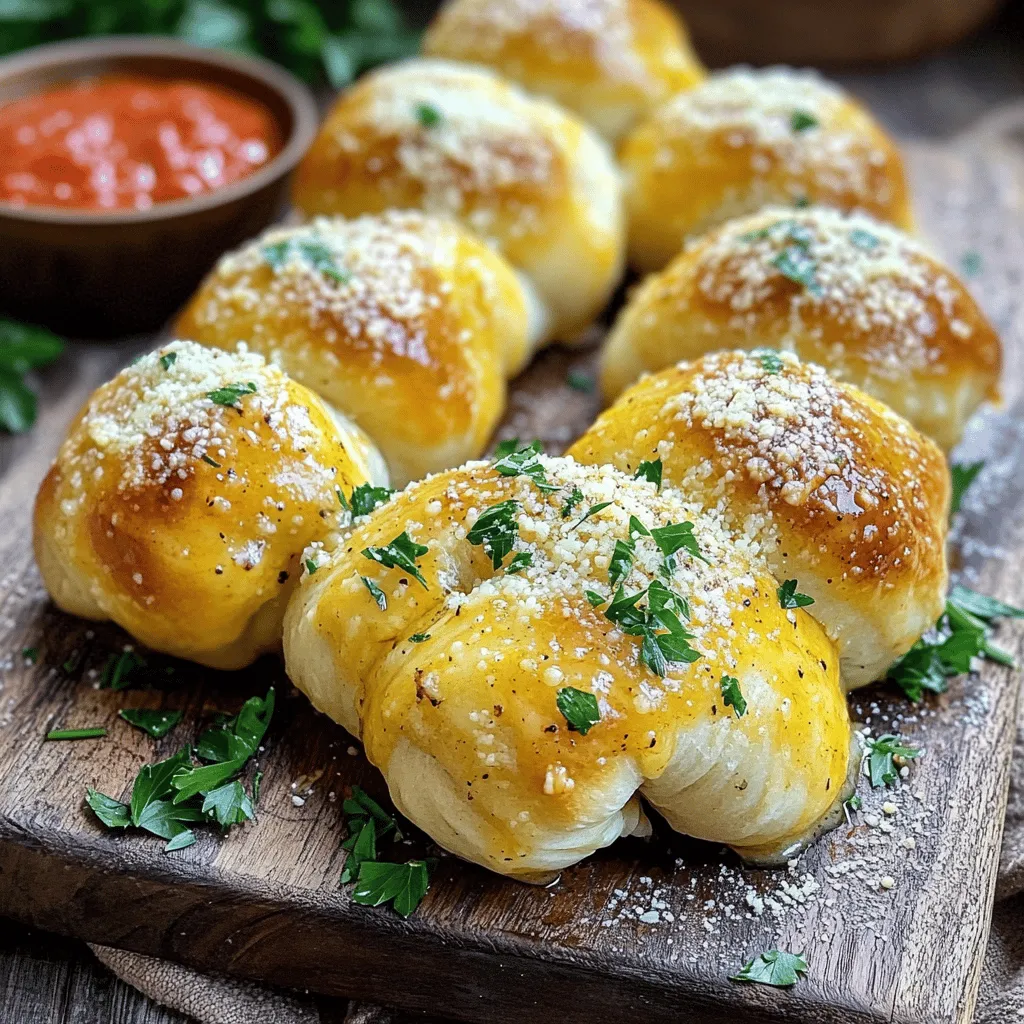 To make Quick Garlic Parmesan Knots, you’ll need these simple ingredients: - 1 pack of refrigerated pizza dough (16 oz) - 3 tablespoons unsalted butter, melted - 4 cloves garlic, finely minced - 1/4 cup freshly grated Parmesan cheese - 1 teaspoon dried Italian herb blend (oregano, basil, thyme) - 1/2 teaspoon fine sea salt - 1/4 teaspoon freshly ground black pepper - Fresh parsley, finely chopped (for garnish) These ingredients come together to create a tasty snack everyone will love. The pizza dough serves as the base for these knots, giving them their soft and chewy texture. The garlic and butter mix adds rich flavor. Parmesan gives a nice cheesy touch, while the herbs bring freshness to each bite. Feel free to experiment with different cheese or herbs you may have on hand. Cooking should be fun and should reflect your tastes! Check out the Full Recipe for all the steps to create these yummy knots. First, preheat your oven to 400°F (200°C). This ensures your knots bake evenly. Next, prepare a baking sheet by lining it with parchment paper. This will keep the knots from sticking. Then, lightly flour a clean surface. Unroll the pizza dough and use a knife to cut it into strips. Each strip should be about 1 inch wide. To form the knots, take one dough strip and create a loop. Wrap the ends around the loop. Tuck the ends underneath to hold the shape. Place each knot on the baking sheet, leaving about 2 inches between them. This space allows them to puff up nicely while baking. In a small bowl, combine melted butter, minced garlic, dried herbs, salt, and black pepper. Stir well until mixed. This garlic butter will add great flavor to your knots. Use a pastry brush to coat each knot generously with this mixture. Make sure each knot gets plenty of the buttery goodness. Now, sprinkle grated Parmesan cheese evenly over the knots. This adds a delicious cheesy layer. Bake them in the preheated oven for 12 to 15 minutes. Keep an eye on them until they puff up and turn golden brown. When they come out, brush any leftover garlic butter over the warm knots. For a fresh touch, sprinkle with finely chopped parsley. Serve the garlic knots warm for the best taste. To ensure even baking, space the knots well on the sheet. Give them room to puff up. If they touch, they may bake unevenly. Keep an eye on them, especially near the end of baking. You want a golden brown color, not burnt spots. Avoid soggy knots by not overloading them with garlic butter. While the flavor is key, too much moisture can create a soggy texture. Brush them lightly, and save any leftover butter for later. This keeps the knots crisp and delicious. For a flavor boost, try adding red pepper flakes. They give a nice kick without overpowering the garlic. You can also mix in some grated cheese with the garlic butter for extra richness. Using fresh herbs is always a winner, but dried herbs work too. Fresh parsley adds brightness, while dried Italian herbs bring depth. When you use fresh, chop them finely to release their oils. This maximizes flavor in every bite. Make your garlic knots look amazing by arranging them on a rustic wooden board. This adds charm and warmth to your serving. For a pop of color, sprinkle some fresh parsley on top. Dipping sauces make the meal fun. Serve with marinara or a creamy ranch. You can even offer a spicy aioli for those who like heat. A small bowl with extra grated Parmesan can also make a lovely touch. For the full recipe, check out the detailed instructions provided earlier. Enjoy creating this tasty snack! {{image_4}} You can switch up the cheese in your garlic knots. While Parmesan shines, try mozzarella for a gooey pull. Feta adds a tangy kick, and cheddar gives a rich flavor. Mixing cheeses is fun! Combine mozzarella and cheddar for a tasty blend. You can even sprinkle some blue cheese for a bold twist. The type of cheese you use can change the whole taste. Want to spice things up? Add crushed red pepper for some heat. A hint of honey can bring a sweet touch. You might enjoy fresh herbs like rosemary or thyme too. Basil adds freshness, while dill gives a new taste. Don't hesitate to mix and match flavors. Each batch can be unique and exciting. If you’re short on pizza dough, don’t worry! Try using biscuit dough for a fluffy twist. Puff pastry makes them light and flaky. For a healthier option, whole wheat dough works great. If you need gluten-free, look for ready-made gluten-free dough. It’s easy to find in stores today. Each dough choice gives a special flavor and texture to the knots. Check out the Full Recipe for more details! To keep your garlic knots fresh, store them in an airtight container. This helps prevent them from drying out. If you have a lot, you can wrap them in plastic wrap and then place them in the container. They will last in the fridge for about 2 to 3 days. If you want to enjoy them later, consider freezing them. When it's time to reheat, you want to keep them crispy. The best method is to use an oven. Preheat the oven to 350°F (175°C). Place the knots on a baking sheet and heat them for about 10 minutes. This will help them regain their crispy texture. Avoid using a microwave, as it can make them soggy. To keep the flavor intact, brush them lightly with olive oil or a bit of melted butter before reheating. This will enhance the taste and keep them delicious. For even more flavor, sprinkle some extra Parmesan on top before reheating. You can find the Full Recipe for these tasty knots in the earlier sections. You can make garlic knots using homemade dough. Start with flour, yeast, water, and salt. Mix them well and knead the dough until smooth. Let it rise until it doubles in size. Once ready, roll it out and cut it into strips. Shape the strips into knots and coat them with garlic butter. Yes, you can freeze garlic Parmesan knots. To freeze, place the knots on a baking sheet and freeze them until solid. Then, transfer them to a freezer bag. When ready to eat, thaw them in the fridge overnight. You can bake them directly from the freezer for about 5 extra minutes. Garlic knots pair well with many dips. Here are some tasty options: - Marinara sauce - Ranch dressing - Alfredo sauce - Garlic butter - Pesto These dips enhance the flavor and make for a great snack experience. You learned how to make delicious garlic knots from start to finish. With simple steps and a few ingredients, you can create a tasty treat. Remember to use fresh herbs for the best flavor. Storing leftovers properly keeps them fresh. Reheating tips help maintain their crispiness. Enjoy experimenting with different flavors and variations to make these knots your own. Now, gather your ingredients, and let’s get cooking!