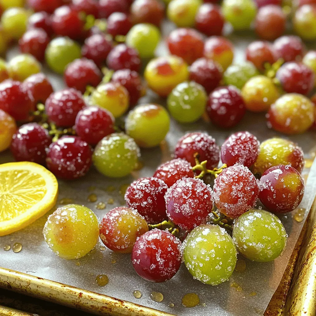 - 2 cups seedless grapes (red or green) - 1 cup granulated sugar - 1/2 cup citric acid - 1 teaspoon fresh lemon juice - 1 tablespoon water To make Sour Patch Grapes, you need simple ingredients. Choose fresh, seedless grapes. You can use red or green grapes based on your taste. Both options work well and taste great. Granulated sugar gives the grapes their sweet base. The sugar balances the tartness. Citric acid adds the sour kick. You can find citric acid in bulk food stores or online. It’s a key part of this fun treat. Fresh lemon juice adds a bright flavor. It enhances the tanginess and makes everything come together. The water helps mix the lemon juice with the sugar and citric acid. This mixture creates a sticky coating for the grapes. With these ingredients ready, you can easily create a fun and tasty snack. For the full recipe, follow the steps in the next section. Start by rinsing the seedless grapes under cold water. Make sure to wash them well to get rid of dirt. After rinsing, gently pat the grapes dry with a clean kitchen towel. Keeping the grapes dry is key. If they are wet, the sour coating won't stick well. In a medium bowl, mix the granulated sugar and citric acid. Stir well until they blend nicely. This mix gives the grapes their sour kick. Next, in a small bowl, combine fresh lemon juice with water. Slowly add this mix to the sugar and citric acid. Stir until it feels like damp sand. This is the perfect texture for coating. Place the dry grapes in a large mixing bowl. Gradually sprinkle the sour sugar mixture over the grapes. Toss them gently as you sprinkle. This helps the grapes get an even coating. Make sure every grape gets covered in that tasty mixture. Carefully arrange the coated grapes in a single layer on a baking sheet lined with parchment paper. Let them sit at room temperature for about 30 minutes. This time helps the coating set. If you want to speed it up, place them in the fridge for 15 minutes. Enjoy your Sour Patch Grapes right away for the best taste. If you have leftovers, store them in an airtight container in the fridge. They will last up to 3 days. These tangy grapes make a fun snack anytime! For the full recipe, check it out here: [Full Recipe]. To make the best sour coating, focus on the right mix of sugar and acid. Aim for a balance that gives you that classic Sour Patch taste. Start with a 2:1 ratio of sugar to citric acid. You can tweak it based on your taste. If you want more tang, add more citric acid. Adjust the lemon juice too. A teaspoon will give a nice touch, but feel free to add a bit more for a stronger zing. Cleaning grapes is simple. First, rinse them under cold water. Make sure to wash each grape well. This helps remove dirt and any wax. After rinsing, dry them gently with a kitchen towel. It’s key to dry them completely. This way, the sour coating will stick better. Sour Patch Grapes shine on their own, but you can mix them with other snacks. Try serving them with cheese or nuts for a fun platter. For a twist, use skewers to create fruit kabobs. This adds a fun look and makes them easy to grab. You can even serve them in small cups for a party treat. These ideas make your Sour Patch Grapes not just tasty but also a feast for the eyes! For the complete recipe, check out the [Full Recipe]. {{image_4}} You can change the flavor of Sour Patch Grapes by adding different citrus juices. Lime juice adds a bright twist. Orange juice brings a sweet, sunny note. Both options enhance the tangy taste. You can also try flavored sugars. Look for options like raspberry or lemon. These sugars can add a unique touch to your grapes. For a smoother texture, use superfine sugar instead of granulated sugar. It coats the grapes more evenly. You can also substitute grapes with other fruits. Strawberries, blueberries, or even pineapple work great. Each fruit gives a new taste and texture. Experiment with what you have on hand. Incorporate seasonal fruits along with grapes. In summer, add sliced peaches or cherries. In fall, try apples or figs. Mixing seasonal fruits makes your treat even more fun. The added colors and flavors create a vibrant dish. Each season offers a chance to refresh your Sour Patch Grapes. To keep your Sour Patch Grapes fresh, use airtight containers. This seals in the flavor and moisture. Place the grapes in a container after they cool down. Avoid stacking too many layers, as this can crush them. For best results, refrigerate your Sour Patch Grapes. The cool temperature helps maintain their tangy taste. Make sure the container is tightly sealed to prevent drying out. Sour Patch Grapes last about three days in the fridge. After this time, they start to lose their taste and texture. Check for signs of spoilage like mushy grapes or an off smell. If you see these signs, it’s best to toss them. Yes, you can freeze Sour Patch Grapes! Freezing keeps them fresh for up to three months. To do this, wash and dry the grapes first. Then, spread them out on a baking sheet and freeze them in a single layer. Once frozen, transfer them to an airtight container or bag. This way, you can enjoy your sweet and tangy treat anytime! When you want to eat them, just take out a few grapes and let them thaw in the fridge. This method preserves their taste and tanginess. Sour Patch Grapes are a fun treat. They mix sweet grapes with a tangy coating. The grapes get covered in sugar and citric acid, which makes them taste sour and sweet. This snack is very popular because it is easy to make and fun to eat. Kids and adults love them. You can find this treat at parties, picnics, and even in lunch boxes. Yes, you can make Sour Patch Grapes vegan! The main ingredients are grapes, sugar, and citric acid, which are all vegan. You can skip the lemon juice if you want. Just be sure to check your sugar. Some brands use bone char in their process. You can use organic sugar instead for a vegan option. Sour Patch Grapes can stay fresh for up to three days when stored correctly. Keep them in an airtight container in your fridge. If you see any signs of spoilage, like mushiness or strange smells, it’s best to toss them. If you want to enjoy them longer, you can freeze them, but they may lose some texture. Absolutely! You can change the sourness by adjusting the sugar and citric acid levels. If you want them more sour, add more citric acid. If you prefer a sweeter taste, use less. Start with small changes and taste as you go. This way, you can find the perfect balance that you enjoy. Grapes are very healthy! They are low in calories and full of nutrients. They have vitamins C and K, which are good for your skin and bones. Grapes also have antioxidants that help your body stay healthy. Eating grapes can support heart health and even improve digestion. They are a tasty, nutritious snack! Sour Patch Grapes are a fun, tasty treat you can easily make at home. We covered the simple ingredients, step-by-step instructions, and useful tips to perfect your sour coating. Plus, we explored tasty variations and storage methods to keep your grapes fresh. These sweet and sour bites are perfect for parties or snacks. With a bit of creativity, you can adapt this recipe to match your tastes and preferences. Enjoy making and sharing your Sour Patch Grapes!