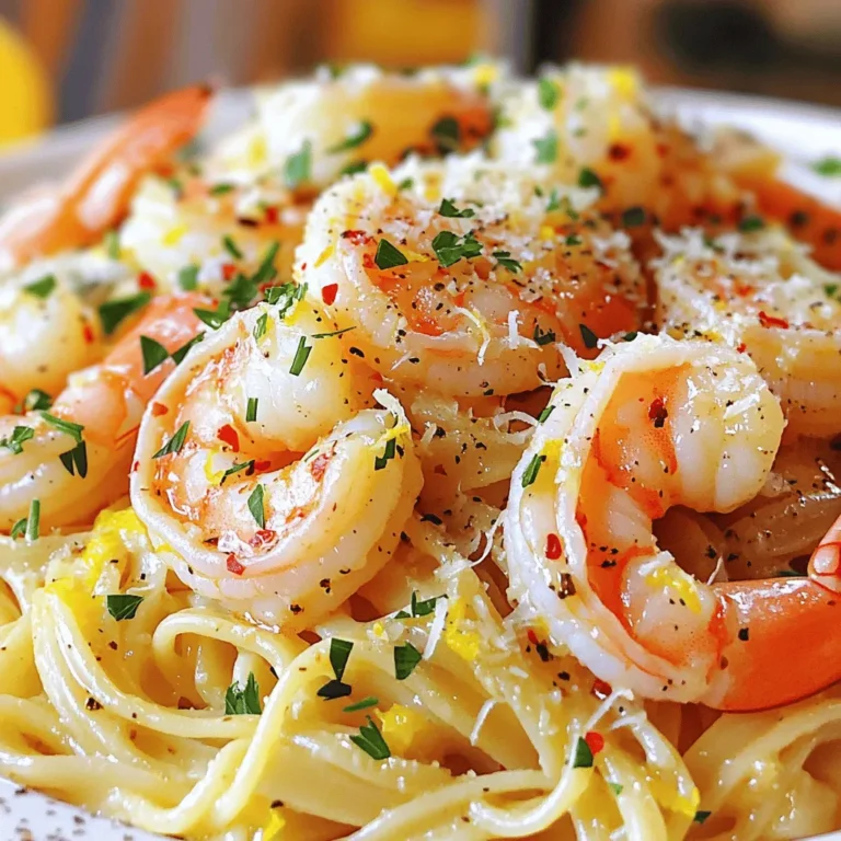 - 1 pound large shrimp, peeled and deveined - 4 tablespoons unsalted butter - 2 tablespoons olive oil - 4 cloves garlic, finely minced - 1 teaspoon red pepper flakes (optional) - Zest and juice of 2 fresh lemons - Salt and freshly ground black pepper, to taste - Fresh parsley, chopped, for garnish - 8 oz linguine or spaghetti - Grated Parmesan cheese, for serving When making Lemon Garlic Shrimp Scampi, you want fresh, tasty ingredients. Fresh shrimp gives the best flavor. Look for shrimp that smell like the ocean and have a firm texture. If you can't find fresh shrimp, frozen shrimp works fine. Just make sure to thaw it properly. You can change things up if needed. For a protein swap, try chicken or tofu. Both work well with the lemon and garlic flavors. If you want a vegan option, use mushrooms or chickpeas. For a gluten-free option, choose gluten-free pasta. It cooks just like regular pasta. Fresh shrimp is great for taste. It cooks quickly and has a nice texture. If you use frozen shrimp, make sure to thaw it right. Place it in the fridge overnight or run it under cold water. This keeps the shrimp juicy. Avoid using hot water, as it can cook the shrimp unevenly. Want the full recipe? Check out the [Full Recipe] for details. To cook linguine or spaghetti perfectly, start with a large pot. Fill it with water and add a generous pinch of salt. Bring the water to a rolling boil. Add the pasta and cook according to the package instructions. This usually takes about 8-10 minutes for al dente. To check, taste a piece; it should be firm but not hard. Once cooked, drain the pasta in a colander. Be sure to save about 1 cup of the starchy pasta water. This water will help bring your dish together later. For sautéing, use medium heat. Begin by melting the butter and olive oil in a large skillet. Wait until it foams and bubbles. Then, add the minced garlic and red pepper flakes if you want some heat. Sauté for about 1 minute. You want the garlic to be fragrant but not brown. Next, add the shrimp in a single layer. Make sure they are not crowded; this helps them cook evenly. Season with salt and pepper. Cook for 2-3 minutes on one side, then flip and cook for another 2-3 minutes. The shrimp are done when they turn pink and opaque. Now, it’s time for the fun part! Pour in the lemon zest and juice. Stir gently to coat the shrimp in the sauce. Next, add the reserved pasta to the skillet. Toss it all together, letting the pasta soak up the flavors. If it looks too dry, add a bit of the reserved pasta water. This will give you a nice, creamy texture. When serving, transfer the shrimp scampi to bowls or plates. Top with fresh parsley and a sprinkle of grated Parmesan cheese for flavor. Enjoy your Lemon Garlic Shrimp Scampi with crusty bread to soak up that amazing sauce. For the complete recipe, check the Full Recipe. To get the best flavor balance, use fresh ingredients. Fresh shrimp and lemons shine in this dish. When cooking garlic, don't let it burn. A gentle heat brings out its sweet taste. Mix the lemon juice in just before serving. This keeps the flavor bright and zesty. - Avoiding overcooked shrimp: Shrimp cook fast. Watch them closely! Cook for 2-3 minutes on each side. They should be pink and opaque. If you cook them too long, they turn tough. - Ensuring garlic doesn't burn: Sauté garlic over medium heat. Stir often while it cooks. It should smell great, not burnt. If it burns, the flavor turns bitter. Pair your Lemon Garlic Shrimp Scampi with a side salad. A fresh green salad adds crunch and freshness. You can also serve it with crusty bread. This is perfect for soaking up the sauce. For wine, a chilled white like Sauvignon Blanc works well. It complements the shrimp and lemon flavors. Consider a light red too, like Pinot Noir, if you prefer. Enjoy your meal with these tips, and don't forget to check the Full Recipe for more details! {{image_4}} To give your scampi some heat, add more red pepper flakes. Start with one teaspoon and taste as you go. If you like it hot, add more. You can also use fresh chili peppers for a punch. Slice them thin and toss them in with the garlic. This adds a fresh flavor along with the heat. For a Mediterranean touch, add veggies. Spinach and cherry tomatoes work great. Add them after the garlic but before the shrimp. The tomatoes will soften and sweeten. The spinach will wilt down nicely. Both add color and nutrition. You can even toss in some olives or artichokes for more flavor. If you prefer a creamy sauce, add heavy cream. After cooking the shrimp, pour in half a cup of cream. Stir it in and let it simmer for a few minutes. This will create a rich, velvety sauce. You can also mix in some grated cheese for extra creaminess. Serve this version over rice or with crusty bread to soak up the sauce. For a complete recipe and detailed steps, check the Full Recipe for Lemon Garlic Shrimp Scampi. To keep your Lemon Garlic Shrimp Scampi fresh, store it properly. Place leftovers in an airtight container. This helps keep the shrimp and pasta from drying out. You can keep it in the fridge for up to three days. Make sure to let it cool to room temperature first. This step prevents moisture buildup in the container. If you want to save some for later, you can freeze the scampi. Use a freezer-safe container or a heavy-duty freezer bag. Make sure to remove as much air as possible. This helps prevent freezer burn. You can freeze it for up to two months. When you’re ready to eat, defrost it in the fridge overnight. Reheating your shrimp scampi requires care. You want to keep the shrimp tender and the pasta tasty. The best way is to use the stovetop. Add a splash of water or broth in a skillet. Heat over low to medium heat. Stir gently until warm. You can also use the microwave, but do it in short bursts. This way, you avoid overcooking the shrimp. Keeping the texture and flavor intact makes all the difference! I always choose large shrimp for scampi. They have a nice texture and cook well. Fresh shrimp taste the best, but frozen shrimp can work too. When using frozen shrimp, thaw them in the fridge overnight. This keeps them safe and tasty. Look for shrimp that are firm and have a mild sea smell. Yes, you can prep Lemon Garlic Shrimp Scampi ahead. Cook the shrimp and sauce early, then store them in the fridge. To reheat, warm them gently in a skillet. Add a splash of water or broth to keep the sauce from drying out. It's best to cook the pasta fresh before serving. This keeps it al dente and delicious. Lemon Garlic Shrimp Scampi pairs well with many sides. You can serve it with crusty bread to soak up the sauce. A fresh green salad adds a nice crunch. My favorite side is garlic bread, which complements the dish well. You can also serve it with steamed vegetables for a healthy touch. Lemon Garlic Shrimp Scampi can be gluten-free. Simply use gluten-free pasta instead of regular pasta. Many brands offer tasty gluten-free options. Always check labels for hidden gluten in sauces. If you want to skip the pasta, serve it over zucchini noodles for a low-carb meal. Enjoy your meal without worry! In this blog post, we explored making Lemon Garlic Shrimp Scampi, from key ingredients to cooking tips. You learned about the right type of shrimp, cooking pasta, and best practices for flavor. Remember, fresh shrimp gives the best taste, but frozen can work too if thawed properly. Always avoid overcooking shrimp for the perfect bite. With these tips, you can enjoy a delicious meal that impresses. Get creative with variations and don’t forget the sides. Happy cooking!