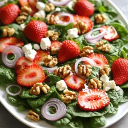 - Fresh baby spinach - Ripe strawberries - Feta cheese - Walnuts - Red onion - Balsamic vinaigrette - Honey - Salt and black pepper To make a great strawberry spinach salad, you need fresh ingredients. Start with fresh baby spinach. It should be bright green and crisp. Next, pick ripe strawberries. Look for ones that are red and smell sweet. They bring a fruity burst to your salad. Next, gather feta cheese. Feta adds a creamy and salty flavor. Walnuts add a nice crunch. Choose walnuts that are fresh and lightly toasted for the best taste. Red onion gives a mild bite, enhancing the salad's flavor. For the dressing, balsamic vinaigrette works well. It adds tanginess. Honey brings sweetness to balance the flavors. Lastly, add salt and black pepper to taste. This mix of ingredients makes the salad fresh and delightful. - Salad bowl - Mixing bowl - Whisk - Serving spoons You will need some key equipment to prepare your salad. A salad bowl is essential for mixing everything together. A mixing bowl helps when you make the dressing. Use a whisk to blend the balsamic vinaigrette and honey. Finally, have serving spoons ready. They help when you serve the salad. With these tools, you can create a beautiful and tasty strawberry spinach salad. For the complete method, check the Full Recipe. To make a great strawberry spinach salad, start by washing the spinach. Rinse it under cold water in a bowl or sink. Make sure to remove any dirt or sand. After washing, gently dry the spinach with a clean towel or use a salad spinner. This helps keep the leaves crisp. Next, slice the strawberries. Use a sharp knife to hull the strawberries first. This means removing the green tops. After hulling, slice them into thin pieces. Thin slices show off their bright color and sweet flavor. Now, it’s time to combine the spinach and strawberries. In a large salad bowl, add the washed baby spinach. Then, layer the sliced strawberries on top. Gently toss them together to mix. You want to keep the spinach leaves whole and not bruised. Next, add the feta cheese. Crumble it into small chunks and sprinkle it over the salad. Then toss in the toasted walnuts and finely sliced red onion. Each adds a different texture and taste to the salad. For the dressing, take a small bowl. Whisk together the balsamic vinaigrette and honey until smooth. This dressing balances the sweet strawberries with a tangy flavor. Drizzle the dressing over the salad mix. Use a large serving spoon to toss everything together. Make sure all the ingredients get coated well but remain intact. Finally, season your salad with salt and freshly ground black pepper. Adjust it to your taste for the best flavor. Enjoy this fresh and flavorful delight! For the full recipe, check the details above. Choosing the freshest spinach and strawberries makes a big difference. Look for vibrant green spinach with no wilting or browning. For strawberries, pick ones that are bright red and firm. They should smell sweet and have no bruises. When it comes to feta cheese, opt for quality. Crumbled feta is easy to use, but block feta offers better taste. Look for creamy-textured cheese that is not too dry. It should have a nice tang that complements the salad. For plating, use a large, shallow bowl or platter. This allows you to display the salad beautifully. Spread the spinach evenly and layer the strawberries on top. Add feta and walnuts last for a lovely look. Garnishing adds visual appeal. Use whole strawberries and walnut halves to create a pop of color. You can also sprinkle fresh herbs like mint or basil for an extra touch. Dressing alternatives can elevate your salad. Try a honey mustard dressing for a sweet kick. A lemon vinaigrette can add brightness too. Both pair well with the spinach and strawberries. Adding protein makes the salad more filling. Grilled chicken or shrimp works well. You can also use chickpeas for a vegetarian option. Each adds a nice texture and enhances the dish. Don't forget to check the [Full Recipe] for more details. {{image_4}} You can change your strawberry spinach salad by adding other fruits. Blueberries, oranges, and even peaches add color and flavor. They also bring unique health benefits. Each fruit pairs well with spinach and strawberries. You can also mix in seasonal veggies. Avocado adds creaminess and healthy fats. It makes your salad more filling and adds a rich taste. If you want a vegan-friendly dish, skip the feta cheese. You can use avocado or chickpeas instead. They add protein and texture. For gluten-free options, ensure your dressing is gluten-free. Most vinaigrettes are safe, but check labels. You want to enjoy your meal without worries. Experimenting with different dressings can change your salad's taste. Try a citrus vinaigrette for a zesty twist. A poppy seed dressing can add sweetness. You can also use nuts or seeds as substitutes for walnuts. Almonds or sunflower seeds work well. They give a nice crunch and different flavors. For the full recipe, check out Strawberry Spinach Bliss Salad. To store leftovers, place the salad in an airtight container. This keeps it fresh longer. Use a container that fits the salad snugly to prevent wilting. The salad is best eaten within 1-2 days. After that, the spinach may get soggy. You can prepare ingredients in advance to save time. Wash and dry spinach early in the day. Slice strawberries and store them in a separate container. Keep the nuts and cheese separate too. Assemble everything just before serving. This ensures all flavors stay bright and fresh. Freezing is not ideal for this salad. Fresh spinach and strawberries do not freeze well. They lose texture and taste. However, you can freeze the nuts. Store them in a freezer bag. When ready, just toast them again before adding to the salad. This keeps the crunch! You can easily swap feta cheese for other tasty options. Goat cheese works well, offering a creamy texture and tangy flavor. If you want a dairy-free choice, try nutritional yeast. It adds a cheesy flavor and is great for a vegan diet. Both options blend nicely in a strawberry spinach salad. Absolutely! You can try many dressings with this salad. Honey mustard dressing adds a sweet and tangy twist. A light vinaigrette with lemon juice brightens the flavors. Even a creamy dressing can work well, making every bite rich and satisfying. Choose based on your taste preferences. To make your salad heartier, add some protein. Grilled chicken or shrimp are great choices. You can also mix in beans or chickpeas for a plant-based option. If you want grains, try quinoa or farro. These ingredients boost nutrition and keep you full longer. To recap, we explored a fresh salad filled with baby spinach, strawberries, and feta cheese. You learned about the key ingredients and equipment needed to make this dish. We discussed how to prepare, mix, and dress the salad, along with tips for serving and storing it. Remember, feel free to play with seasonal additions and alternatives based on your taste. This salad is versatile and healthy, perfect for any occasion. Enjoy making and sharing it with others!
