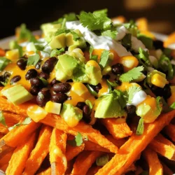 To make loaded sweet potato fries, you need some key items. Here’s what you should gather: - 2 large sweet potatoes, cut into uniform fries - 2 tablespoons extra virgin olive oil - 1 teaspoon smoked paprika - 1 teaspoon garlic powder - Salt and freshly ground black pepper to taste Sweet potatoes serve as the base. They give the fries a wonderful sweetness. Olive oil helps them crisp up nicely. Smoked paprika and garlic powder add depth and flavor. Don’t forget the salt and pepper for that perfect taste! Once your fries are baked and crispy, it’s time to load them up! Here are my favorite toppings: - 1 cup canned black beans, rinsed and drained - 1 cup corn kernels (can be fresh, frozen, or canned) - 1 cup sharp cheddar cheese, freshly shredded - 1 ripe avocado, diced - 1/2 cup plain Greek yogurt or sour cream Black beans and corn add protein and texture. Cheddar cheese melts beautifully and gives a creamy touch. Diced avocado adds a fresh taste. Lastly, Greek yogurt or sour cream provides a cool contrast. For a final touch, consider these optional garnishes: - 2 green onions, finely chopped - Fresh cilantro leaves, for garnish Chopped green onions add crunch and color. Fresh cilantro gives a bright flavor. You can mix and match these garnishes to suit your taste. For the full recipe, check the details above! 1. Preheat the oven and prepare the baking sheet First, set your oven to 425°F (220°C). This high heat helps make the fries crispy. Line a baking sheet with parchment paper. This keeps the fries from sticking and makes cleanup easy. 2. Coat the sweet potatoes with oil and spices Take your sweet potatoes and cut them into uniform fries. Place them in a large bowl. Add 2 tablespoons of extra virgin olive oil, 1 teaspoon of smoked paprika, 1 teaspoon of garlic powder, and salt and pepper to taste. Toss the fries well until every piece is coated with oil and spices. 1. Arranging the fries on the baking sheet Spread the coated sweet potato fries in a single layer on the prepared baking sheet. Make sure there’s space between each fry. This space helps them crisp up nicely. 2. Cooking time and flipping instructions Bake the fries in your preheated oven for 20-25 minutes. Flip the fries halfway through the cooking time. This way, they cook evenly and turn golden brown. 1. Preparing the black bean and corn mixture While the fries bake, gather your toppings. In a small bowl, mix 1 cup of rinsed black beans with 1 cup of corn. You can add a pinch of salt and a squeeze of lime juice for extra flavor if you wish. Stir this mixture well. 2. Melting the cheese on fries When the fries are crispy, take them out of the oven. Sprinkle 1 cup of shredded cheddar cheese over the hot fries. Return the baking sheet to the oven for about 5 minutes, until the cheese is melted and bubbly. Now, your loaded sweet potato fries are almost ready! Just top them with the black bean and corn mixture, diced avocado, and a drizzle of Greek yogurt or sour cream. Don’t forget the green onions and fresh cilantro for the best taste. Enjoy your delicious creation! For the complete recipe, check [Full Recipe]. To make your sweet potato fries crispy, cut them evenly. This helps them cook at the same rate. Aim for about 1/4 inch thickness. Thicker fries will take longer to cook and may not get as crispy. Avoid overcrowding your baking sheet. If the fries touch, they will steam instead of crisp. Bake them in batches if needed. Spread them out in a single layer. You’ll love the crunchy results! Add a splash of lime juice to your fries. It gives a fresh kick and brightens the flavor. You can also play with spices. Try chili powder or cumin for a different taste. Smoked paprika adds a nice depth too. Get creative with your seasonings! Select the right baking sheet for best results. A heavy-duty, rimmed baking sheet works great. It helps to distribute heat evenly. Use parchment paper for easy cleanup and less sticking. For mixing, a large bowl is best. A sturdy spatula helps in evenly coating the fries. Keep these tools handy to make cooking smooth and fun. Check the [Full Recipe] for more details on the cooking process! {{image_4}} You can change the flavor of your loaded sweet potato fries with fun toppings. Try adding spicy jalapeños and salsa for a kick. The heat from the jalapeños pairs well with the sweetness of the fries. You can also choose different kinds of cheese. Pepper jack gives a nice spice, while feta adds a tangy flavor. Mix and match to find your favorite combo! If you want a lighter option, use an air fryer. It cooks the fries with less oil while still keeping them crispy. This method makes your fries healthier without losing taste. For a dairy-free meal, swap Greek yogurt with a dairy-free option like cashew cream. This way, you still get creaminess without the dairy. You can explore different cuisines with your loaded fries. For a Southwest style, add toppings like black beans, corn, and avocado. You can drizzle lime juice for extra zest. If you want a Mediterranean twist, try adding olives, hummus, or fresh herbs. These flavors will transform your fries into a whole new dish. For the full recipe, check out the [Full Recipe]. To keep your loaded sweet potato fries fresh, let them cool first. Place them in an airtight container. This helps keep moisture out and preserves flavor. You can store them in the fridge for up to three days. If you want the fries to stay crisp, avoid stacking them. Place a paper towel at the bottom of the container to absorb extra moisture. When you're ready to enjoy your fries again, I recommend using the oven. Preheat it to 400°F (200°C). Spread the fries on a baking sheet in a single layer. This method helps them regain their crispiness. Bake for about 10 minutes, flipping halfway through. If you need a quick option, you can use the microwave. Place the fries on a microwave-safe plate. Heat them in 30-second bursts until warm. Be aware that they might not be as crispy. You can freeze cooked loaded sweet potato fries, but you must do it right. Allow the fries to cool completely. Lay them flat on a baking sheet and freeze until solid. After that, transfer them to a freezer bag. Remove as much air as possible to avoid freezer burn. They can last up to three months in the freezer. To prepare from frozen, you can bake the fries straight from the freezer. Preheat your oven to 425°F (220°C) and bake for about 15-20 minutes. Keep an eye on them to make sure they cook evenly. Enjoy your tasty fries anytime! For the full recipe, refer to the instructions above. Yes, you can prepare loaded sweet potato fries ahead of time. I suggest cooking the fries fresh for the best texture. However, you can make the toppings early. For example, mix the black beans and corn together and store them in the fridge. You can also chop the avocado and green onions ahead of time. Just keep them in airtight containers to stay fresh. When you’re ready to eat, bake the fries and add your tasty toppings. This way, you save time and still enjoy the full flavor! Sweet potato fries pair well with many sauces. Here are a few great options: - Honey mustard: Sweet and tangy, it adds a nice kick. - Chipotle mayo: Creamy with a bit of heat, it’s a perfect match. - Ranch dressing: Cool and creamy, it balances the sweetness of the fries. - Guacamole: Creamy and fresh, it complements the fries well. Feel free to mix and match these sauces to find your favorite! Making loaded fries vegan is easy! Skip the cheddar cheese and use vegan cheese instead. You can also swap the Greek yogurt with a plant-based yogurt. Look for options made from almonds or coconut. This way, you keep the creamy texture while making it vegan-friendly. Enjoy your loaded sweet potato fries without missing out on flavor! Loaded sweet potato fries are a tasty and fun dish. You learned key ingredients, from sweet potatoes to toppings that enhance flavor. I shared tips to get them crispy and variations to try. You can make ahead, store well, and reheat easily. Enjoy experimenting with flavors and enjoying this treat. Simple steps make your fries a hit, every time. Keep it fresh, flavorful, and fun!