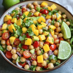 - 1 ripe mango, diced - 1 red bell pepper, diced - ½ red onion, finely chopped - 1 cup cherry tomatoes, halved - 1 ripe avocado, diced - ¼ cup fresh cilantro, finely chopped - 1 can (15 oz) chickpeas, drained and rinsed - 2 tablespoons extra virgin olive oil - 1 tablespoon fresh lime juice - 1 teaspoon ground cumin - Salt and freshly cracked black pepper to taste This salad serves four people. Each serving is low in calories but rich in nutrients. You get about 200 calories per serving. The fresh mango adds vitamin C and vitamin A. Chickpeas give you fiber and protein. Avocado provides healthy fats. Together, these ingredients create a balanced dish that supports your health. Mango Chickpea Salad is not just tasty; it’s also good for you. Enjoy this fresh and colorful delight! You can find the full recipe in the article. - Dice 1 ripe mango into small cubes. - Dice 1 red bell pepper into small pieces. - Halve 1 cup of cherry tomatoes. - Chop ½ red onion finely. - Dice 1 ripe avocado into bite-sized pieces. This step is key for a colorful salad. You want each piece to fit well with the others. Use a sharp knife to make clean cuts. It makes your salad look better and taste great. - Combine all fresh ingredients in a large salad bowl. - Add the drained chickpeas and fresh cilantro. Mixing all the fresh ingredients brings out their flavors. The chickpeas add protein and a nice texture. The cilantro gives a bright, fresh taste that lifts everything. - Whisk together 2 tablespoons of olive oil. - Add 1 tablespoon of fresh lime juice, 1 teaspoon of ground cumin, salt, and pepper. This dressing is simple but full of flavor. The lime juice adds a zesty kick, while cumin gives a warm spice. It pulls all the salad flavors together. - Allow the salad to chill in the refrigerator for 15 minutes. - Adjust seasoning to taste before serving. Chilling helps the flavors blend. You can taste and add more salt or lime juice if needed. This is your chance to make it just right. For the full recipe, check out the complete instructions in the Full Recipe section. Enjoy making this Mango Chickpea Salad! To make your Mango Chickpea Salad shine, start with the lime juice. If you want more zing, add a splash more. For a softer taste, dial it back. Adjusting salt and pepper can also elevate the flavors. Start with a pinch, then taste and tweak. Chilling the salad is key too. When you let it sit in the fridge for about 15 minutes, the flavors blend better. This time allows the chickpeas and mango to soak up the dressing. The result is a more vibrant and delicious dish. Serving your salad beautifully makes it even more appealing. Use a wide, shallow bowl to show off the bright colors. The reds from the bell pepper and the yellows from the mango make it pop! For garnishing, sprinkle extra cilantro on top. This adds a fresh touch. Place lime wedges on the side. They give a fun option for a zesty squeeze right before eating. You don’t need fancy tools for this salad. A large mixing bowl is essential for combining all the fresh ingredients. A good knife is needed for dicing the mango and bell pepper. Use two large utensils for mixing. These help toss the salad without mashing the avocado. A small bowl will work well for whisking the dressing. Mixing bowls with a non-slip base can make your prep easier too. For the full recipe, check the complete details provided. {{image_4}} You can switch out mango for other fruits. Pineapple adds a sweet and tangy taste. Peaches offer a soft, juicy texture. If you want a different legume, try black beans or lentils. They add a hearty touch and protein. For dressings, you can get creative! Tahini gives a nutty flavor that pairs well. A yogurt-based dressing adds creaminess without being heavy. As seasons change, adjust your dressings based on what is fresh. A lemon vinaigrette can brighten the salad in summer. This salad is easy to adapt. It’s vegan as is and gluten-free too. For low-sodium diets, rinse the chickpeas well. Use fresh herbs and spices instead of salt. Making these small changes keeps the salad tasty and healthy. To keep your Mango Chickpea Salad fresh, use airtight containers. Glass or plastic containers work well. Seal them tightly to avoid air exposure. This helps maintain the salad's taste and crunch. In the fridge, this salad lasts about 3 days. After that, the ingredients may lose their texture and flavor. Can you freeze Mango Chickpea Salad? It’s not the best idea. The fresh ingredients can get mushy once frozen. If you want to freeze it, try only freezing the chickpeas. To freeze, place them in a sturdy freezer bag. Remove as much air as possible. When ready to use, thaw them in the fridge overnight. For enjoying leftovers, eat the salad cold. This keeps the flavors bright and fresh. If you prefer warmth, heat the chickpeas separately. Use a pan over low heat. Stir often to prevent burning. Once warm, combine them back into the salad. This way, you keep the fresh taste intact. Yes, you can make this salad ahead of time. To prep in advance, cut the mango and avocado just before serving to keep them fresh. You can mix the chickpeas, bell pepper, onion, tomatoes, and cilantro earlier. Store these ingredients in a bowl. Keep the dressing in a separate container. When ready to serve, toss everything together for the best taste. Mangoes are rich in vitamins A and C. They also have antioxidants that boost your immune system. Chickpeas are high in protein and fiber. They help with digestion and keep you full longer. Together, they make a healthy meal that promotes overall well-being. You can serve this salad as a main dish or side. It pairs well with grilled chicken or fish. You can also serve it with tacos for a fun twist. For a light lunch, enjoy it on its own. This salad is versatile and perfect for any occasion. Yes, this recipe is great for meal prep. You can make a larger batch and store it in the fridge. Divide it into individual containers for easy meals. Just remember to keep the avocado and dressing separate until serving to maintain freshness. Enjoy a delicious meal all week long with this tasty salad! This blog post shares a fresh mango chickpea salad recipe packed with vibrant ingredients and essential nutrition. You learned how to prepare, assemble, and season your salad for the best flavor. I also shared storage tips and variations to keep it exciting. Remember to chill it for enhanced taste. Feel free to swap ingredients based on what you have. This salad not only tastes great but also offers many health benefits. Enjoy making it, and don't hesitate to get creative with your own twists!