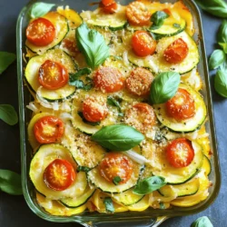 - 4 medium zucchini, thinly sliced - 4 medium yellow squash, thinly sliced - 1 small onion, finely chopped - 2 cloves garlic, minced - 1 cup cherry tomatoes, halved - 1 cup cooked quinoa - 1 cup shredded mozzarella cheese (or dairy-free alternative) - 1/2 cup grated Parmesan cheese (or nutritional yeast for a vegan option) Summer squash is the star of this dish. Zucchini and yellow squash add color and flavor. Their soft texture makes them perfect for baking. The onion and garlic bring warmth and depth to the dish. They create a nice base that enhances the squash. The quinoa serves as a healthy grain that adds protein. It helps make the casserole filling. Cherry tomatoes add a burst of freshness. Their sweet flavor balances the savory cheese. - 2 tablespoons olive oil - 1 teaspoon dried oregano - 1 teaspoon salt - 1/2 teaspoon black pepper Herbs and spices are key to making this dish pop. Dried oregano adds an earthy taste that complements the squash. Salt and black pepper enhance the overall flavor. Olive oil plays an important role. It helps sauté the aromatics and adds richness. It also keeps the casserole from being dry. Using high-quality olive oil boosts the flavor of each bite. For the full recipe, check out the link provided. 1. Preheating the Oven: Begin by preheating your oven to 375°F (190°C). 2. Preparing the Baking Dish: Take a 9x13-inch baking dish and grease it lightly with olive oil. This helps prevent sticking. 1. Sautéing Aromatics: In a large skillet, add 2 tablespoons of olive oil and heat it on medium. Once hot, add the chopped onion and sauté for 3-4 minutes until soft. 2. Adding Garlic: Then, add the minced garlic and sauté for one more minute. This boosts the flavor. 3. Mixing Ingredients: In a bowl, combine sliced zucchini, yellow squash, cooked quinoa, sautéed onion and garlic, and cherry tomatoes. Add oregano, salt, and black pepper. Stir well to coat everything. 1. Layering the Casserole: Place half of the squash mixture in the baking dish. Spread it evenly. Then, sprinkle half of the shredded mozzarella on top. Repeat with the rest of the mixture and cheese. 2. Final Baking Tips: Cover the dish with foil and bake for 25 minutes. Remove the foil and bake for another 15-20 minutes. Look for bubbly, golden cheese as a sign it's ready. For the full recipe, refer to the earlier section. Enjoy your wonderful summer squash casserole! To ensure even cooking, slice your summer squash uniformly. This way, all pieces cook at the same rate. Use a sharp knife to get clean cuts. If you mix zucchini and yellow squash, try to keep their slices close in size. This helps them cook together nicely. To avoid a watery casserole, remember to remove excess moisture from your vegetables. After slicing, sprinkle salt on the zucchini and yellow squash. Let them sit for about 10 minutes. This step draws out extra water. Pat the slices dry with a paper towel before mixing them in the casserole. Serving suggestions can make your dish pop. Serve the casserole in individual bowls for a nice touch. It looks fancy and feels special. You can drizzle a bit of extra olive oil or balsamic reduction on top. This adds flavor and makes it visually appealing. For garnishing choices, fresh basil leaves work wonders. They add color and a burst of flavor. You can also sprinkle some extra Parmesan cheese on top right before serving. This creates a beautiful, cheesy crust. For lighter options, consider swapping mozzarella cheese for a dairy-free alternative. Nutritional yeast can replace Parmesan, offering cheesy flavor without the calories. You can also use less cheese overall without giving up taste. Adding more vegetables is another great way to make this dish healthier. Try mixing in diced bell peppers, spinach, or even mushrooms. These veggies add nutrients and make the casserole more colorful. You can also use whole grains like brown rice instead of quinoa for added fiber. Explore the [Full Recipe] for a detailed step-by-step guide to prepare this delicious dish! {{image_4}} You can mix up the cheese in this dish. If you want a dairy-free option, use almond or cashew cheese. It melts well and tastes great. You can also try goat cheese for a tangy twist. Feta cheese adds a salty bite, too. Explore different flavors to find your favorite. Want to change the grains? You can use brown rice or farro instead of quinoa. These grains give nice texture and flavor. If you want more protein, add cooked chicken, turkey, or black beans. These swaps make the dish heartier and more filling. Spice up the casserole with herbs like thyme, basil, or rosemary. A pinch of red pepper flakes adds heat if you like it spicy. You can also toss in veggies like bell peppers or spinach for extra nutrients. These changes make the casserole more vibrant and tasty. To store leftovers, let the casserole cool down first. Once it cools, place it in an airtight container. This helps keep the flavors fresh. You can store it in the fridge for up to three days. For best results, use glass containers. They help maintain the taste and warmth. You have a few great options to reheat your casserole. The oven works best for keeping the texture nice. Preheat the oven to 350°F (175°C). Cover the dish with foil to avoid burning. Heat for about 20 minutes. If you're in a hurry, you can use the microwave. Heat it in short bursts, stirring in between. This helps heat it evenly. To freeze the casserole, let it cool completely. Then, cut it into portions for easy use later. Wrap each piece in plastic wrap, then place it in a freezer bag. Be sure to remove as much air as possible. This prevents freezer burn. You can store it in the freezer for up to three months. When ready to eat, take it out and thaw it in the fridge overnight. To reheat after freezing, use the oven for best results. Bake at 350°F (175°C) until heated through, about 30-35 minutes. Enjoy this tasty dish anytime! For the full recipe, refer to the detailed guide. Yes, you can prepare this casserole ahead of time. First, follow all the steps up to the baking point. Then, cover it tightly and store it in the fridge. This keeps the flavors fresh. When you’re ready to bake, just take it out and bake as directed. If it’s cold from the fridge, add a few extra minutes to the bake time. This helps with meal prep and saves time on busy days. If you don’t have quinoa, try using rice or farro. Both work well and add a nice texture. You can also use couscous for a quick option. If you want a gluten-free choice, try using millet or even cauliflower rice. Each substitute gives the dish a unique taste, so pick what you enjoy most. You can keep leftovers in the fridge for about 3-4 days. Make sure to store them in an airtight container to keep them fresh. If you want to store them longer, you can freeze the casserole. It will stay good for up to 3 months in the freezer. Just remember to thaw it in the fridge overnight before reheating. This blog post covered the key ingredients for a delicious casserole, including summer squash, aromatics, and flavorful cheeses. I shared step-by-step cooking instructions, tips for even cooking, and ways to present the dish nicely. You also learned about variations to suit your taste and how to store leftovers properly. With these clever tips and techniques, you can create a tasty, healthy dish that impresses everyone. Enjoy cooking and experimenting with your own twists!
