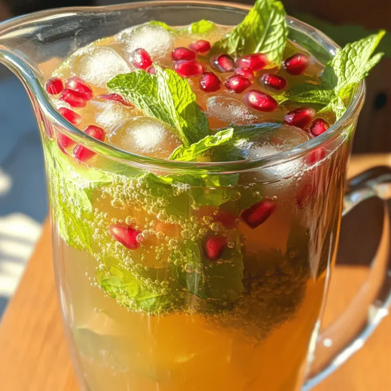 - 2 cups green tea, brewed and cooled to room temperature - 1 cup unsweetened pomegranate juice - 1 tablespoon honey or agave syrup (optional, to taste) - 1/4 cup fresh mint leaves, plus more for garnish - 1 cup sparkling water - Pomegranate arils, for garnish - Ice cubes - Green tea: Rich in antioxidants, it boosts metabolism and supports heart health. - Pomegranate juice: Packed with vitamins, it promotes healthy skin and may lower blood pressure. - Mint leaves: They aid digestion and bring a refreshing taste to your drink. - Honey or agave syrup: If used, they add sweetness and can soothe a sore throat. - Sparkling water: This adds fizz and helps keep you hydrated without extra calories. - Pomegranate arils: They are tasty and provide fiber, vitamins, and antioxidants. - For green tea, select high-quality leaves or bags. Freshness affects taste. - Choose pomegranate juice with no added sugars for the best flavor. - Pick bright green mint leaves. Avoid wilted or brown ones. - If using honey or agave, look for organic options for better quality. - Select sparkling water that is unsweetened and without additives. - When buying pomegranates, look for firm ones with a vibrant color. This Pomegranate Mint Sparkling Green Tea is truly a refreshing delight! For the Full Recipe, follow the steps carefully to make the most of each ingredient. To start, brew your green tea. Boil water and steep 2 cups of green tea. Follow the package instructions for the best taste. Once done, let it cool to room temperature. This step is crucial for great flavor. If it’s too hot, it can alter the taste. Now, grab a large pitcher. Pour in your cooled green tea. Add 1 cup of unsweetened pomegranate juice. Stir well so they mix nicely. If you like it sweet, add 1 tablespoon of honey or agave syrup. Stir again until it dissolves completely. Next, take 1/4 cup of fresh mint leaves. Gently crush them to release their oils. Add the crushed mint to your pitcher and stir one more time. This will give a fresh mint taste to your drink. Before serving, fill the pitcher with ice cubes to chill the tea. Slowly add 1 cup of sparkling water and stir gently. This keeps the bubbles intact. Pour the Pomegranate Mint Sparkling Green Tea into clear glasses. For a beautiful finish, garnish with fresh mint leaves and pomegranate arils. You can add a slice of lime on the rim for extra flair. This makes your drink look fancy and fun! When making Pomegranate Mint Sparkling Green Tea, some mistakes can ruin your drink. First, do not brew the green tea too long. Overbrewing makes it bitter. Aim for 2 to 3 minutes. Second, avoid using sweetened pomegranate juice. It can make your drink overly sweet. Use unsweetened juice for the best flavor. Lastly, do not skip the mint crushing step. Crushing the mint releases its oils, giving your tea a fresh taste. Sweetness is key to balance in this tea. Start with one tablespoon of honey or agave syrup. Stir it in and taste. If you want it sweeter, add more, but do this slowly. Remember that the pomegranate juice adds some natural sweetness. You may not need much extra. If you prefer less sweetness, skip the syrup altogether for a refreshing drink. To make your Pomegranate Mint Sparkling Green Tea even more delightful, try adding a twist of lime or lemon. A splash of citrus can brighten the flavors. You can also experiment with other herbs like basil or rosemary, which can add a unique touch. For an extra burst of fruitiness, throw in some fresh berries. Pomegranate arils are great, but blueberries or raspberries work well too. These enhancements can make your drink special each time you prepare it. For the full recipe, check out the detailed steps above. {{image_4}} You can mix it up with other fruit juices. Try cranberry juice for a tart kick. Apple juice adds a sweet touch. Orange juice brings a bright citrus flavor. Experiment with these juices to find your favorite blend. If you want to switch up the sweetener, consider maple syrup or stevia. Both options can give a unique taste. Use them in the same amount as honey or agave syrup. This way, you can adjust the sweetness to fit your liking. Herbs can add depth to your drink. Basil offers a fresh twist. You can also try rosemary for a savory note. Just crush the herbs gently and stir them in. This technique will elevate your Pomegranate Mint Sparkling Green Tea to new levels of flavor. To keep your Pomegranate Mint Sparkling Green Tea fresh, store it in the fridge. Use an airtight pitcher or container to prevent any strange smells from seeping in. If you have leftover mint leaves, store them in water. This keeps them fresh longer. When stored properly, your tea will last about 3 days in the fridge. After that, the flavors can fade and change. Always check for any odd smells or tastes before drinking it. If it smells off, it’s best to discard it. You can use leftover ingredients in many fun ways. The mint leaves can enhance salads, or you can blend them into smoothies. Use extra pomegranate juice in dressings or marinades. The green tea can be a base for other refreshing drinks. This way, nothing goes to waste! Pomegranate Mint Sparkling Green Tea is a refreshing drink. It combines brewed green tea, pomegranate juice, and fresh mint. The sparkling water adds a fun fizz. This drink is colorful and bright. It’s perfect for hot days or as a party drink. Making Pomegranate Mint Sparkling Green Tea is easy. You need to brew green tea and let it cool. Then, mix the cooled tea with pomegranate juice in a large pitcher. If you like sweetness, add honey or agave syrup. Crush fresh mint leaves to release their flavor and add them to the mix. Finally, pour in sparkling water and serve over ice. You can find the full recipe above. You can find Pomegranate Mint Sparkling Green Tea at many stores. Look for it in the beverage aisle. Some cafes or tea shops may also serve it. If you prefer homemade, following the recipe is simple and fun! Green tea has many health benefits. It is rich in antioxidants, which help protect your body. Drinking green tea can boost your metabolism. It may also improve brain function and lower the risk of heart disease. Enjoying green tea regularly can be a great choice for your health. This blog post covered the ingredients, brewing steps, and storage tips for making Pomegranate Mint Sparkling Green Tea. Each ingredient brings health benefits and unique flavors. I shared how to avoid common mistakes and adjust sweetness. Variations let you explore new tastes with different fruits or herbs. Remember, fresh ingredients make a big difference in flavor and health. Enjoy your tea, and don’t hesitate to experiment with what you have on hand!