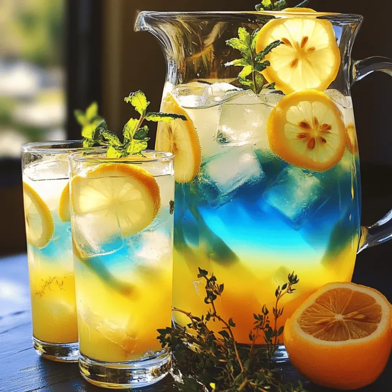 - Fresh lemon juice - Blue butterfly pea flower tea - Sweetener options (honey or agave syrup) - Additional ingredients for garnishing To create a great Limonada Azul, you need fresh lemon juice. This gives the drink its bright, tangy taste. Use about 1 cup, which comes from about 4 to 6 medium lemons. Squeeze them right before you make the drink for the best flavor. Next, blue butterfly pea flower tea is key. It adds a stunning blue color. Brew 2 cups of this tea and let it cool. You can find it at specialty tea shops or online. For sweetness, you have options. Use honey or agave syrup, about ½ cup. You can adjust this to your taste. If you like it sweeter, add more, but start with this amount. Lastly, think about garnishing. Lemon slices and fresh mint leaves elevate the drink. These add color and a fresh scent. They also make your Limonada Azul look fancy! These ingredients combine to create a refreshing drink. You can find the full recipe above for the precise amounts and instructions. Enjoy your colorful summer drink! 1. Important steeping tips: Start with 1 cup of dried blue butterfly pea flowers. Use 2 cups of boiling water. Pour the hot water over the flowers. Let them steep for 10 minutes. This gives the tea its rich color. 2. Cooling the tea: After steeping, you need to strain the tea. Use a fine mesh strainer to separate the flowers. Allow the tea to cool to room temperature. If you want it chilled faster, place it in the fridge. 3. Straining the tea properly: Make sure to press the flowers gently while straining. This helps extract every bit of color and flavor. You want a smooth tea, free of any bits. 1. Tips for juicing lemons: You will need about 4 to 6 medium lemons for 1 cup of juice. Roll the lemons on the counter to loosen the juice. Cut them in half and squeeze. Use a strainer to catch seeds. 2. Dissolving sweeteners effectively: In a large pitcher, combine the fresh lemon juice and ½ cup of honey or agave syrup. Stir well. Use a whisk or spoon to ensure the sweetener dissolves completely. This creates a smooth and sweet lemon base. 1. Pouring techniques for visual appeal: Once your blue tea is cool, gently pour it into the lemon mix. As you pour, watch the colors blend. It creates a stunning blue hue against the yellow. 2. Balancing flavors after mixing: Add 4 cups of cold water to the pitcher. Stir gently to mix everything. Taste your limonada. If it needs more sweetness, add extra honey. If it's too tart, add a bit more water. To get the right sweetness, I suggest starting with half a cup of honey or agave syrup. Taste your limonada after mixing. If you want it sweeter, add more syrup. Remember, you can always add, but you can’t take away! Chilling time is very important. I recommend letting your limonada sit in the fridge for at least 30 minutes. This helps the flavors blend perfectly. If you are in a hurry, you can use ice, but chilling gives it a better taste. For serving, clear glasses work best. They show off the bright blue color of your limonada. You can also use tall glasses to make it look fancy. Garnishing adds a nice touch. I like to use lemon slices and fresh mint leaves. Drop a lemon slice on the rim of the glass. Add a sprig of mint in the drink. This makes your limonada look elegant and inviting! {{image_4}} You can add fresh fruit to your Limonada Azul for a burst of flavor. I recommend using: - Strawberries - Raspberries - Blueberries - Pineapple To add fruit, simply mash or blend the fruit into a puree. Then, strain it to remove any seeds or pulp. Mix the puree into your limonada for a fruity twist. Herbs can make your Limonada Azul even better. Here are some ideas for herbal infusions: - Fresh mint - Basil leaves To infuse herbs, muddle them in the pitcher before adding the other ingredients. This releases their oils and adds great flavor. You can also use flavored syrups, like lavender or ginger, for a fun twist. For a fun non-alcoholic drink, try pairing Limonada Azul with sparkling water. This adds fizz and refreshment. You can also create a creative mocktail version. Mix equal parts Limonada Azul and tonic water. Garnish with fruit slices or herbs for style. Enjoy these refreshing options! To keep your limonada azul fresh, store it in the fridge. Use a tightly sealed pitcher or jar. This helps keep the flavors bright and delicious. You can enjoy it for up to three days. After that, the taste may fade. You can freeze limonada azul for future enjoyment. Pour it into ice cube trays to create fun ice cubes. This way, you can add a refreshing touch to other drinks. When you're ready to use them, just pop out the cubes. To defrost, place the cubes in a bowl at room temperature. You can also use them in a drink straight from the freezer. This adds instant chill and flavor to your summer beverages. Limonada Azul is a colorful drink made from simple ingredients. Here are the main components: - 1 cup fresh lemon juice - 2 cups blue butterfly pea flower tea - ½ cup honey or agave syrup - 4 cups cold water - Ice cubes for serving - Lemon slices and fresh mint leaves for garnish The fresh lemon juice gives it a zesty kick. The blue butterfly pea flower tea adds a stunning blue color. Honey or agave syrup sweetens the drink. Cold water makes it refreshing and perfect for summer. Yes, you can easily adjust the sweetness of Limonada Azul. If you want it sweeter, add more honey or agave syrup. Start with a small amount, stir well, and taste. You can keep adding until it’s just right for you. If it's too sweet, add more cold water to balance it out. Absolutely! Limonada Azul is a great choice for parties. Its vibrant color will catch everyone's eye. You can serve it in large pitchers for easy sharing. Add ice and garnish with lemon slices and mint leaves for an elegant touch. Guests will love this refreshing drink! To make Limonada Azul vegan, simply swap the honey for agave syrup. Agave syrup is a plant-based sweetener, making it a perfect choice. You can also use maple syrup for a different flavor. Both options keep the drink sweet and delicious without any animal products. Limonada Azul has roots in Southeast Asia. The blue butterfly pea flower tea comes from that region. This flower has a long history in local drinks. It is known for its stunning blue hue and health benefits. Over time, it spread to other cultures and became popular in summer drinks. Limonada Azul combines fresh lemon juice, blue butterfly tea, and sweeteners. You can customize it with fruity additions or herbs. Follow the steps to brew, mix, and present this drink beautifully. Remember to chill before serving for the best taste. In our busy lives, Limonada Azul offers a refreshing twist that's easy to make. It's perfect for gatherings or a quiet moment. Enjoy exploring this colorful drink, and have fun making it your own!