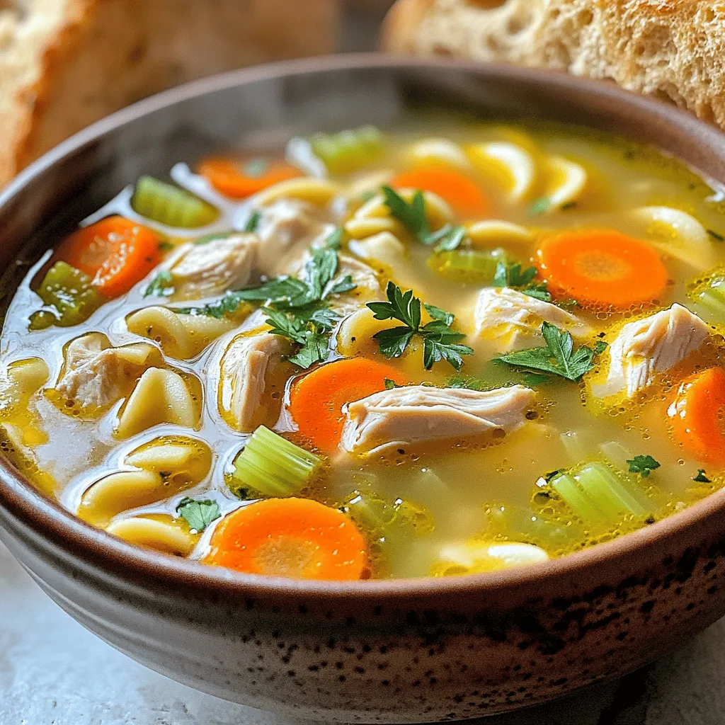 To make a great homemade chicken noodle soup, you need these key items: - 1 lb boneless, skinless chicken breast, diced into bite-sized pieces - 1 medium onion, finely chopped - 3 cloves garlic, minced - 3 medium carrots, peeled and sliced into rounds - 2 celery stalks, chopped into small pieces - 8 cups low-sodium chicken broth (or homemade broth, if preferred) - 2 cups egg noodles (or your choice of pasta) - 1 teaspoon dried thyme - 1 teaspoon dried rosemary - Salt and freshly ground black pepper, to taste - 2 tablespoons extra-virgin olive oil - Fresh parsley, finely chopped, for garnish When I prepare this soup, I find that exact measurements make a big difference. Use one pound of chicken for a nice protein boost. For the veggies, I recommend one onion, three carrots, and two celery stalks. The broth should be eight cups for plenty of flavor. If you want more pasta, feel free to add an extra cup of egg noodles. You can customize this recipe to fit your taste. Here are a few ideas: - Add peas for a pop of color and sweetness. - Use whole wheat pasta for more fiber. - Add spinach or kale for extra greens. - Swap chicken for turkey if you want a different flavor. - Use fresh herbs instead of dried for a stronger taste. These changes can make your homemade chicken noodle soup even better. For the full recipe, I encourage you to check out the Cozy Chicken Noodle Soup recipe! To start, gather all your ingredients. This helps keep things organized. Dice the chicken into small pieces. Chop the onion and celery. Peel and slice the carrots into rounds. Mince the garlic. This makes cooking smooth and quick. In a large pot, heat the olive oil over medium heat. Add the onion and garlic first. Sauté them for about five minutes until the onion turns soft. Next, add the diced chicken. Stir it well, cooking until it turns white and is no longer pink. This should take about five to seven minutes. Now, toss in the sliced carrots and chopped celery. Cook these for another three to four minutes. The veggies should start to soften. Carefully pour in the chicken broth. Bring the soup to a boil. Once it bubbles, reduce the heat to a simmer. Add the egg noodles, thyme, and rosemary. Let it simmer for ten to twelve minutes. The noodles should become tender but not mushy. Taste the soup and add salt and pepper as you like. Once everything is cooked and seasoned, remove the pot from heat. Stir in the freshly chopped parsley for a splash of color and taste. Serve it in deep bowls, garnished with more parsley. Enjoy this warm, cozy meal that feels just like a hug in a bowl. For more detailed cooking steps, check the Full Recipe. To make your chicken noodle soup truly shine, focus on the base. Use fresh ingredients for the best taste. Start with a mix of onions, garlic, carrots, and celery. Sauté them in olive oil until soft. This step builds a great flavor. Don’t rush it. Season your broth well, too. Adding salt and pepper enhances every bite. For an extra kick, toss in a splash of lemon juice. Cooking time matters. If you use thicker noodles, add a few extra minutes to the simmering time. Always check the noodles for doneness. They should be tender but not mushy. For a heartier soup, cut your chicken into larger pieces. This change may need a bit more cooking time. Keep an eye on your soup as it cooks to ensure everything stays perfect. Having the right tools makes cooking easier. A large pot or Dutch oven is key for even cooking. A wooden spoon helps you stir without scratching your pot. Use a sharp knife for chopping your veggies. This helps you work faster and safer. Lastly, a ladle is great for serving the soup hot. These simple tools can elevate your cooking experience. For the full recipe, check the Cozy Chicken Noodle Soup section. {{image_4}} If you want a gluten-free soup, use gluten-free pasta. Brands like brown rice or quinoa pasta work well. They hold up nicely in the broth. You can also use spiralized zucchini or carrots as a fun twist. These options add flavor and keep the dish light. For a vegetarian or vegan soup, skip the chicken. Use chickpeas or lentils for protein. Replace the chicken broth with vegetable broth. Add more veggies like mushrooms or bell peppers for depth. This creates a hearty soup full of flavor. You can still enjoy the same comforting taste without meat. Every region has its own spin on chicken noodle soup. In the Southwest, you might add corn and cilantro for a fresh kick. In Italy, use orzo pasta and add pesto for a twist. Each region brings unique herbs and spices. Feel free to experiment with flavors that excite you. This soup is your canvas for creativity. For the full recipe, check out the Cozy Chicken Noodle Soup section. To keep your chicken noodle soup fresh, store it in an airtight container. Allow the soup to cool before sealing it. This helps prevent steam from building up and keeps the soup tasty. You can keep leftovers in the fridge for up to three days. If you want to enjoy it later, freezing is a great option. If you decide to freeze your soup, use freezer-safe containers. Leave some space at the top, as liquids expand when frozen. You can freeze chicken noodle soup for up to three months. When you're ready to eat it, just thaw it in the fridge overnight. This method helps keep the flavors intact. To reheat your soup, pour it into a pot and warm it over medium heat. Stir often and heat until it is hot all the way through. If the soup is too thick after freezing, add a splash of broth or water. This will help restore its creamy texture. You can also reheat it in the microwave. Just use a microwave-safe bowl and heat in short bursts, stirring in between. Enjoy your cozy chicken noodle soup again! For the full recipe details, check out the Cozy Chicken Noodle Soup 🥣. Homemade Chicken Noodle Soup lasts about 3 to 4 days in the fridge. Store it in an airtight container. The soup will taste great even after a few days. Just make sure to check for any off smells or changes in texture. Those signs mean it’s time to toss it out. Yes, you can make this soup ahead of time. In fact, the flavors deepen after a day in the fridge. Just let it cool completely before storing. When you reheat it, you may want to add a little extra broth. This keeps the soup from getting too thick. If you want a change, use any pasta you like instead of egg noodles. Options include rotini, penne, or even rice. These choices can add new textures. Just adjust the cooking time as needed. For gluten-free options, try rice noodles or quinoa. In this article, we explored how to make chicken noodle soup. We discussed key ingredients, their measurements, and optional add-ins. I gave you clear steps for preparation and cooking, along with tips to enhance the flavor. You also learned about variations for dietary needs and how to store leftovers properly. Homemade chicken noodle soup is simple and comforting. With these guidelines, you can create your perfect bowl every time. Enjoy making it your own!