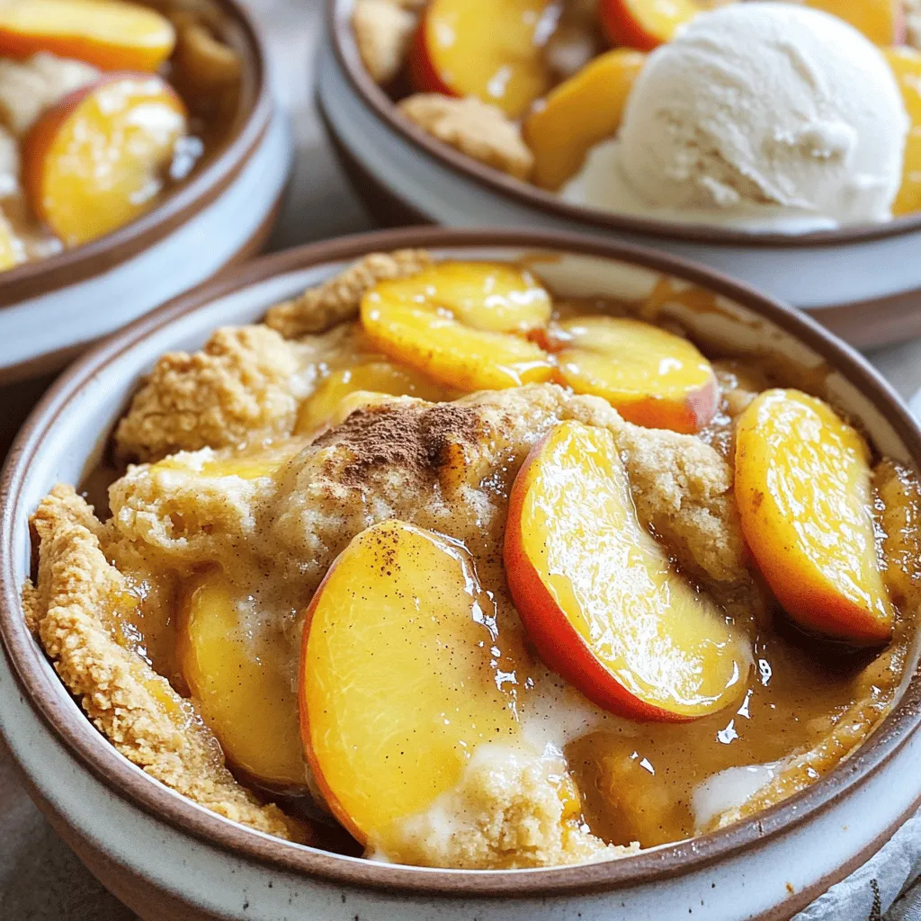 - 4 cups fresh peaches, peeled and sliced - 1 cup granulated sugar (divided) - 1 tablespoon fresh lemon juice - 1 teaspoon ground cinnamon - 1 cup all-purpose flour - 2 teaspoons baking powder - 1/2 teaspoon salt - 1 cup whole milk - 1/2 cup unsalted butter, melted - 1 teaspoon pure vanilla extract - 1/4 cup brown sugar (for topping) - 1/4 teaspoon freshly grated nutmeg (optional) When picking peaches, choose those that feel soft but not mushy. Look for a nice yellow color. The best peaches smell sweet and aromatic. Ripe peaches will make your cobbler taste amazing. If you don’t have fresh peaches, you can use frozen ones. Just thaw and drain excess juice. You can swap granulated sugar with coconut sugar for a different taste. If you need a dairy-free option, try almond milk instead of whole milk. - Preheat the oven to 350°F (175°C). - In a large bowl, mix 4 cups of sliced peaches with 1/2 cup of sugar, 1 tablespoon of lemon juice, and 1 teaspoon of cinnamon. Let this sit for 10 minutes. - In another bowl, whisk together 1 cup of flour, 2 teaspoons of baking powder, 1/2 teaspoon of salt, and the remaining 1/2 cup of sugar. - Grease a 9x13 inch baking dish. Pour the batter in evenly. - Spoon the peach mixture over the batter. Do not stir; the peaches will sink. - Sprinkle 1/4 cup of brown sugar on top. Optionally, add 1/4 teaspoon of nutmeg. - Bake for 45-50 minutes. Look for a golden brown top and bubbling edges. - Cool for 15-20 minutes before serving. You can find the Full Recipe to explore more delicious details. To get the best texture, avoid overmixing the batter. Mix just until the dry and wet ingredients blend. A few lumps are okay; they will disappear while baking. Letting the peaches sit is also key. This step helps release their juices, making the filling juicy and sweet. Mix the peaches with sugar and lemon juice, then wait about 10 minutes. This helps you create a fantastic flavor. Pair your warm peach cobbler with ice cream or whipped cream. The cold cream balances the warm cobbler perfectly. A scoop of vanilla ice cream melts into the cobbler, creating a tasty treat. You can also garnish with a fresh peach slice or a sprinkle of cinnamon. This adds a lovely touch and enhances the look of your dish. For a more special touch, try adding crushed nuts on top. They add crunch and flavor to this delightful dessert. {{image_4}} Adding berries or other fruits can make your peach cobbler even better. Try mixing in blueberries, raspberries, or blackberries. The tartness of these fruits pairs well with sweet peaches. You can also add apples or plums for a new twist. Experimenting with different fruits offers a fun way to change the flavor. Spices can enhance the taste of your cobbler. I love adding a pinch of nutmeg or a dash of ginger for warmth. You can also try cardamom for an exotic touch. A little cinnamon can boost the peach flavor too. Just be careful not to overpower the peaches with too many spices. If you want a vegan peach cobbler, you can swap out a few ingredients. Use almond milk or oat milk instead of whole milk. For butter, try coconut oil or a vegan butter substitute. Replace the egg with a flaxseed meal or applesauce for binding. This keeps it tasty and friendly for a vegan diet. For those needing gluten-free options, use a gluten-free flour blend instead of all-purpose flour. Make sure to check that your baking powder is gluten-free too. This way, you can still enjoy a warm, comforting cobbler without gluten. You can find a full recipe that accommodates these changes to suit your needs. To keep your peach cobbler fresh, let it cool first. Then, cover it tightly with plastic wrap or aluminum foil. You can also use an airtight container. Store it in the fridge for up to four days. This method helps retain moisture and flavor. When you’re ready to enjoy it again, it’s time to reheat. Preheat your oven to 350°F (175°C). Place the cobbler in an oven-safe dish. Heat it for about 15-20 minutes. This warms it evenly and keeps the topping crisp. If you want to save some for later, freezing is a great option. First, let the peach cobbler cool completely. Cut it into serving sizes. Wrap each piece in plastic wrap, then place them in a freezer-safe bag. This can last up to three months in the freezer. When you’re ready to eat it, take it out of the freezer. Place it in the fridge to thaw overnight. If you're in a hurry, you can use the microwave. Heat it on low in short bursts until warmed through. Enjoy your peachy paradise cobbler whenever you crave it! For the full recipe, refer back to the Peachy Paradise Cobbler section. Can I use frozen peaches for cobbler? Yes, you can use frozen peaches. Just thaw them first. Drain the extra juice to avoid a soggy cobbler. How can I make my peach cobbler less sweet? To reduce sweetness, cut back on the sugar. Use only 1/2 cup instead of 1 cup. You can also add more lemon juice to balance the flavors. What is the difference between cobbler and crumble? A cobbler has a soft biscuit-like topping. A crumble has a crumbly topping made with flour, butter, and sugar. Cobblers are usually fruitier and more cake-like. Why is my cobbler soggy? A soggy cobbler often comes from too much juice in the fruit. Make sure to drain excess liquid. Let the peaches sit with sugar for 10 minutes to help. How do I know when the cobbler is done? Your cobbler is done when the top is golden brown and the edges bubble. A toothpick should come out clean when poked in the center. For more tips, check out the Full Recipe for my Peachy Paradise Cobbler! This blog post covered everything you need for a delicious peach cobbler. We discussed ingredients, step-by-step instructions, and even tips for the best texture. I shared fun variations and storage info to keep your cobbler fresh. Remember, the right peaches make a big difference. As you bake, don’t be afraid to experiment. Each tweak can lead to new flavors. Enjoy making your peach cobbler and sharing it with loved ones!