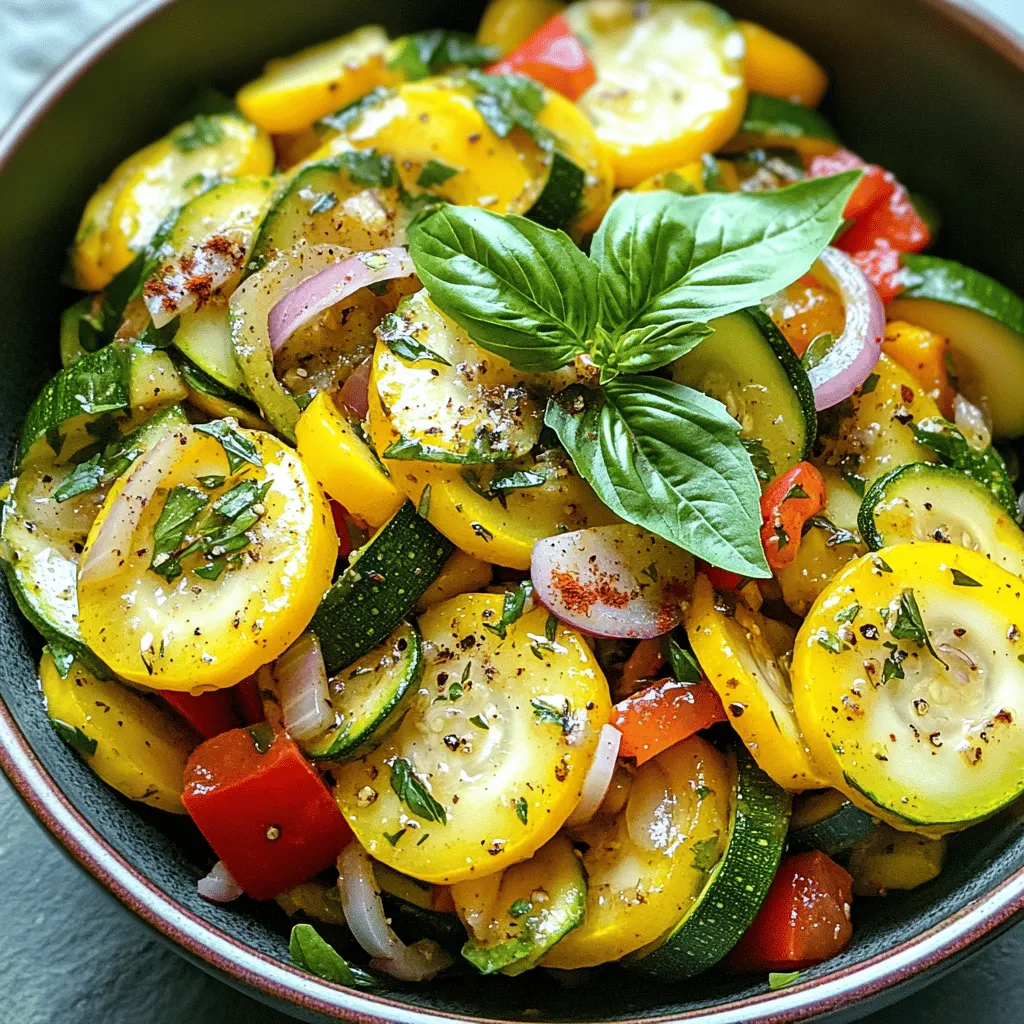 - 2 Medium Zucchinis - 2 Medium Yellow Squashes - 1 Red Bell Pepper - 1 Small Red Onion - 2 Cloves Garlic - 2 Tablespoons Olive Oil - Dried Thyme - Smoked Paprika - Salt and Black Pepper - Fresh Basil Leaves for Garnish To make sautéed squash and zucchini, you need fresh ingredients. Start with two medium zucchinis and two medium yellow squashes. The colors will pop on your plate. A red bell pepper adds sweetness and crunch. Don’t forget a small red onion. It gives a nice bite to the dish. Garlic is key; just two cloves will do. Olive oil helps cook everything and adds great flavor. For seasoning, use dried thyme and smoked paprika. These spices elevate the taste. Add salt and black pepper to make everything sing. Lastly, fresh basil leaves are perfect for garnish. They add a lovely aroma and color to your finished dish. You can find the full recipe for sautéed squash and zucchini above. Enjoy cooking this colorful, healthy dish! - Heat Olive Oil Start by heating 2 tablespoons of olive oil in a large skillet over medium heat. You want the oil to shimmer but not smoke. This step helps the veggies cook evenly. - Sauté Onions and Garlic Next, add 1 small red onion, thinly sliced. Stir it for about 2-3 minutes. Wait until the onion softens and turns translucent. Then, add 2 cloves of minced garlic. Cook this for another 30 seconds. You want it fragrant and golden, but not burnt. - Add Zucchini and Squash Now, introduce 2 medium zucchinis and 2 medium yellow squashes, sliced into half-moons. Sauté these for about 5 minutes. Stir often to keep the colors bright and the texture just right. The goal is soft but not mushy. - Incorporate Red Bell Pepper and Seasonings After that, fold in 1 diced red bell pepper. Sprinkle in 1 teaspoon of dried thyme and 1 teaspoon of smoked paprika. Don’t forget salt and freshly cracked black pepper. Cook for another 5 minutes, stirring frequently. All veggies should be tender yet still vibrant. - Adjust Seasoning and Garnish Take a moment to taste your dish. Adjust the seasoning if needed. Once you are happy, remove the skillet from heat. Let the medley sit for a minute. This resting time helps the flavors meld. Before serving, garnish with fresh basil leaves, roughly torn. This adds a nice touch and extra flavor. Enjoy your sautéed squash and zucchini fresh from the stove! For the full recipe, check out the Full Recipe section. - Tips for Choosing Zucchini: Look for zucchinis that are firm and smooth. Their skin should have a bright green color, with no blemishes or soft spots. Smaller zucchinis are often sweeter and more tender. - Selecting Optimal Yellow Squash: Pick yellow squash that is shiny and firm. Choose medium-sized ones, as they have better flavor and texture. Avoid any that feel soft or have dark spots. - Best Practices for Fresh Herbs: Fresh herbs should look vibrant and green. They should smell strong and aromatic. Store them in a glass of water in your fridge to keep them fresh longer. - How to Achieve a Perfect Sauté: Heat your skillet before adding oil. Use medium heat to avoid burning the garlic and onions. Add the veggies in batches to ensure they sauté instead of steam. - Maintaining Vegetable Color and Texture: Stir the vegetables gently and often. This helps keep their bright colors and crisp textures. Cook them just until tender, around 5 to 7 minutes. - Avoiding Overcooking: Keep an eye on cooking time. If the veggies turn mushy, they lose flavor and nutrients. Aim for tender but still crisp vegetables for the best taste and texture. Explore the [Full Recipe] for more delicious details! {{image_4}} You can add more veggies to your sautéed squash and zucchini. Carrots bring a sweet crunch. They add bright color and extra nutrients. Just slice them thinly so they cook fast. Bell peppers also work well. They have a sweet taste and a nice crunch. Mushrooms can add earthiness. They soak up flavors and add a chewy texture. You can use any kind, like button or cremini. Asparagus is another great choice. Cut it into bite-sized pieces and add it in the last few minutes of cooking. This way, it stays crisp. Try using different fresh herbs to change the taste. Basil is great, but you can also use parsley or oregano. Just chop them fine and stir them in at the end. Fresh herbs give a bright flavor. Adding spices can really wake up this dish. Cumin brings a warm, earthy taste. Just sprinkle a little in while cooking. If you like heat, try red pepper flakes. They add spice without overpowering the dish. For more ideas, check the Full Recipe for sautéed summer garden medley! To keep your sautéed squash and zucchini fresh, start with proper cooling techniques. Let the dish cool at room temperature for about 30 minutes. This step helps prevent condensation in the container. Once cooled, store the vegetables in airtight containers. This keeps out moisture and air, which can spoil the food faster. When you are ready to eat your leftovers, you can choose between a microwave or stovetop reheating. The stovetop method is best for retaining texture. Heat a skillet over medium heat and add a splash of olive oil. Add your sautéed squash and zucchini, stirring often until warmed through. If you opt for the microwave, place the food in a microwave-safe dish. Cover it with a damp paper towel to keep the moisture in. Microwave in short bursts of 30 seconds, stirring in between. This method helps prevent the veggies from becoming mushy. These simple storage and reheating tips will ensure your sautéed squash and zucchini remain fresh and flavorful. Enjoy your delicious meal again with these easy steps! Sautéed squash and zucchini can last about 3 to 5 days in the fridge. Store them in an airtight container for best results. After a few days, check for signs of spoilage. If the vegetables feel slimy or smell off, it's time to toss them. Yes, you can use frozen squash and zucchini. Just make sure to thaw them first. This helps to avoid excess water in your dish. Keep in mind that frozen veggies may be softer than fresh ones. They won't have the same crisp texture but will still taste great. Sautéed squash and zucchini pair well with many dishes. Try serving them with grilled chicken or fish for a complete meal. They also complement grains like quinoa or rice. For a hearty touch, add them to pasta or a veggie stir-fry. This helps create a balanced and tasty plate. In this article, we explored a simple sauté recipe that brightens up any meal. You learned about fresh ingredients like zucchini, squash, and red bell pepper. I shared tips for selecting the best produce and cooking techniques to avoid overcooking. We also discussed variations and storage tips to keep your dish fresh. Sautéed vegetables can be a healthy and tasty part of your meals. Make them your own with different veggies and seasonings. Enjoy making this dish and share it with others!