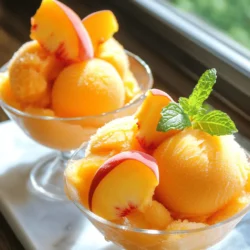 - 4 ripe peaches, peeled and pitted - 1 cup granulated sugar - 1 tablespoon freshly squeezed lemon juice - 1 cup water - A pinch of sea salt Choose ripe peaches for the best flavor. They should smell sweet and feel slightly soft. Avoid hard peaches, as they may lack taste. You can adjust the sugar based on your peach sweetness. If your peaches are very sweet, you can use less sugar. Fresh lemon juice brightens the taste and balances the sweetness. Keep it simple and fresh for the best results. The quality of your peaches is key. Use local, in-season peaches when possible. They have the best flavor and texture. Always look for peaches with no bruises or blemishes. Organic peaches can be a great choice too. They often taste better and are free from harmful chemicals. Remember, the peach is the star of your sorbet, so pick wisely! To start, wash your ripe peaches under cool water. Next, peel the peaches and remove the pits. Slice them into smaller pieces. This makes it easier for your blender. I love using ripe peaches for the best flavor. Their sweetness will shine in the sorbet. Now it’s time to blend. Place the peach slices in a high-speed blender or food processor. Add the cup of granulated sugar, lemon juice, and a pinch of sea salt. Pour in the water, then blend on high. You want the mixture to be smooth and creamy. If you find it needs more sweetness, add more sugar slowly. Blend again after each addition until it's perfect for your taste. Once your mixture is ready, transfer it to a shallow dish. Cover it with plastic wrap to avoid freezer burn. Place the dish in the freezer for 4 to 6 hours. When it’s hard, take it out and let it sit for 10 minutes at room temperature. This helps soften it for easier scooping. Use a fork to scrape the frozen mixture. This creates a fluffy texture for your sorbet. Finally, scoop it into chilled bowls or cones and enjoy! For the full recipe and precise measurements, check the [Full Recipe]. To get the best texture for your peach sorbet, aim for smoothness. Blend the peaches until there are no chunks left. This makes your sorbet creamy. If the mixture feels too thick, add a splash more water. Freezing time is key too. I recommend freezing it for 4 to 6 hours. If it’s too hard, let it sit out for 10 minutes before scooping. Scraping with a fork helps fluff it up and adds air. This creates a light and enjoyable sorbet. Taste is everything! After blending, take a moment to taste your peach mixture. If you want it sweeter, add more sugar, one tablespoon at a time. Blend well after each addition. For a zing, add more lemon juice. This balances the sweetness and enhances the peach flavor. You can also try adding a splash of vanilla extract for depth. Experiment to find what you love the most! When serving your sorbet, presentation matters. Use chilled bowls to keep it cool longer. Garnish with fresh peach slices and a sprig of mint for a pop of color. If you want to be fancy, serve in cones. This adds a fun twist! Enjoy your sorbet right away for the best flavor and texture. For a creative touch, pair it with cookies or a light cake. If you want the full recipe, check it out to make this delightful dessert! {{image_4}} You can switch up the peaches for other fruits. Try ripe mangoes for a tropical twist. Berries like strawberries or blueberries also work well. Each fruit gives a unique flavor. Just keep the same amount as peaches in the recipe. If you want less sugar, use honey or maple syrup. These natural sweeteners add depth. You can also use stevia or agave for a low-calorie option. Adjust the amount based on your taste. Taste as you mix for the best result. The peach sorbet is already vegan and dairy-free. It uses no milk or cream. If you want to add creaminess, try coconut milk. This will give the sorbet a rich texture. Just replace the water with coconut milk in the recipe. You can enjoy a creamy, dreamy sorbet! To keep your peach sorbet fresh, use an airtight container. This helps prevent freezer burn. Make sure to cover the top with plastic wrap before sealing. This extra layer protects the sorbet from air. Store it in the coldest part of your freezer for best results. Peach sorbet can last up to two weeks in the freezer. After that, it might lose its flavor and texture. The sugar in the sorbet acts as a preservative. But, for the best taste, try to enjoy it within the first week. If your sorbet has softened, you can re-freeze it. Scoop the softened sorbet into a bowl and mix it well. This helps break up ice crystals. Then, place it back in the container. Seal it tightly and freeze again. Allow a few hours for it to harden. Enjoy your creamy treat! For the full recipe, check the link above. To stop ice crystals, you need to blend well. Smoothness helps create a creamy texture. After mixing, freeze it in a shallow dish. This method speeds up freezing. Check it every hour and stir it. This breaks up ice crystals. Yes, frozen peaches work great! They save time and still taste good. Just let them thaw a little. Then blend the softened peaches with sugar and lemon juice. This way, you still get a tasty sorbet. Peach sorbet can melt fast. It has a light texture that won't hold up long. Serve it in chilled bowls to help it stay cool. If it starts melting, just enjoy it quickly. The flavor is worth it! For the full recipe, check out the luscious peach sorbet details above. This article covered how to make delicious peach sorbet from scratch. We talked about key ingredients, prep steps, and how to blend and freeze the mix. You learned tips for perfect texture and flavor, plus fun variations. Storing your sorbet properly keeps it fresh and tasty. In the end, making sorbet is simple and fun. Try different fruits and enjoy!