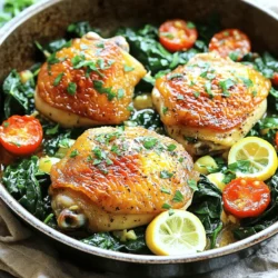 - 4 chicken thighs, bone-in and skin-on - 2 tablespoons olive oil - 3 cloves garlic, minced - Zest and juice of 1 large lemon - 1 teaspoon dried thyme - 1 teaspoon dried oregano - Salt and freshly ground black pepper to taste - 1 cup chicken broth - 2 cups fresh baby spinach - 1 cup cherry tomatoes, halved In this dish, chicken thighs bring a rich flavor and juicy texture. I use bone-in, skin-on thighs for the best results. Olive oil adds depth, while garlic gives a bold taste. The lemon zest and juice brighten the dish, making it fresh and vibrant. Dried thyme and oregano add herbal notes, balancing the flavors perfectly. The chicken broth keeps everything moist and adds more flavor. Fresh baby spinach wilts down nicely, adding color and nutrients. Cherry tomatoes burst with sweetness, complementing the savory chicken. - Fresh parsley - Additional spices For a pop of color, sprinkle fresh parsley on top before serving. You can also add your favorite spices for extra zing. Try a pinch of red pepper flakes for heat or smoked paprika for depth. - Preheat your oven to 400°F (200°C). This step helps the chicken cook well. - Season the chicken thighs with salt, pepper, thyme, and oregano. Make sure to coat all sides. - Sear the chicken thighs skin-side down in a hot skillet with olive oil. Cook for 5-7 minutes. This gives the skin a nice, crispy texture. Then, flip and cook for another 3 minutes. - Add minced garlic to the skillet. Sauté it for about 30 seconds until fragrant. Mix it with the chicken juices to enhance the flavor. - Pour in the chicken broth and add lemon zest and juice. Stir gently to mix the flavors. - Arrange fresh spinach and halved cherry tomatoes around the chicken. They will add color and taste. - Bake in the oven for 25-30 minutes. Check the chicken’s internal temperature. It should reach 165°F (75°C). - Once done, take the skillet out and let it rest for a few minutes. This helps the juices settle. - Sprinkle freshly chopped parsley on top before serving. It adds a fresh touch to your dish. For more details, refer to the Full Recipe. To get the best chicken, start with searing. Heat the olive oil in the skillet until it shines. Place the chicken skin-side down and let it cook for 5-7 minutes. This browning gives a nice crust. Flip and sear the other side for another 3 minutes. Resting the chicken is key. After baking, let it sit for a few minutes. This helps the chicken stay juicy inside. Boost the dish with spices. Try adding paprika or crushed red pepper for heat. These spices add depth to the lemon and garlic. Layer flavors by using chicken broth. It enriches the sauce and makes it savory. The broth also helps the chicken cook well, keeping it moist. Serve your chicken straight from the skillet for a cozy feel. You can plate it with spinach and tomatoes for a colorful look. Drizzle some pan juices over the top. To finish, add fresh parsley as a garnish. This adds color and a fresh taste that brightens the dish. For the full recipe, check out the detailed steps provided. {{image_4}} You can change herbs to mix flavors. Instead of thyme, use rosemary. Swap oregano for basil. Fresh herbs bring bright tastes. Just use three times more fresh herbs than dried ones. Add seasonal veggies for more color and taste. Try bell peppers, zucchini, or asparagus. These veggies roast well and add nutrition. Think about what's fresh in your market to inspire your dish. You can make this meal gluten-free easily. Just use a gluten-free chicken broth. For a low-carb option, skip the tomatoes and focus on the spinach. Both changes keep the dish tasty and healthy. For the full recipe, check out the details above! To store leftovers, let the chicken cool first. Place the chicken and veggies in an airtight container. This helps keep moisture in and air out. Store it in the fridge for up to three days. To keep freshness, use the container that seals tightly. This will prevent the chicken from drying out. You can freeze cooked chicken for longer storage. Cut the chicken into pieces and place them in freezer bags. Squeeze out as much air as you can. Label the bags with the date. For best taste, use it within three months. To thaw, move the chicken to the fridge overnight. For a quick option, you can also use cold water. Just seal it in a bag and submerge it in cold water. To reheat, use the oven for the best taste. Preheat it to 350°F (175°C). Place the chicken in a baking dish and cover it with foil. This will keep it moist. Heat for about 20 minutes or until warm. You can also use a microwave, but be careful. Microwaving can dry out the chicken quickly. To avoid this, add a splash of broth or water before heating. To make One-Pan Lemon Garlic Chicken, follow these steps: 1. Preheat your oven to 400°F (200°C). 2. Heat olive oil in a large skillet. 3. Season chicken thighs with salt, pepper, thyme, and oregano. 4. Sear the chicken, skin-side down, for 5-7 minutes. 5. Flip the chicken and cook for 3 more minutes. 6. Add minced garlic and sauté until fragrant. 7. Pour in chicken broth, lemon zest, and juice. 8. Add spinach and cherry tomatoes around the chicken. 9. Bake for 25-30 minutes until the chicken reaches 165°F (75°C). This method creates a savory dish with tender chicken and bright flavors. You can find the Full Recipe in the article for detailed steps and timings. Yes, you can use boneless chicken thighs. They will cook faster than bone-in thighs. Just reduce the baking time by about 10 minutes. Make sure to check for doneness. Boneless chicken will be juicy and flavorful, too. Many sides go well with One-Pan Lemon Garlic Chicken. Here are some ideas: - Rice or quinoa to soak up the sauce. - Roasted vegetables for added flavor. - A fresh salad for a light touch. - Garlic bread for a comforting side. These options will complement the dish nicely. To ensure your chicken is cooked through, check its internal temperature. Use a meat thermometer to confirm it reaches 165°F (75°C). This step is vital for food safety. If you do not have a thermometer, make sure the juices run clear and the meat is no longer pink inside. This blog post covered all you need to make One-Pan Lemon Garlic Chicken. We talked about the ingredients, cooking steps, and tips for perfect flavor. You can switch up herbs and vegetables to fit your tastes. Remember to store leftovers properly or freeze them for later. With this dish, you get simple steps and a tasty result. Cooking can be fun and fulfilling. Enjoy your meal and impress your family and friends with this great recipe!