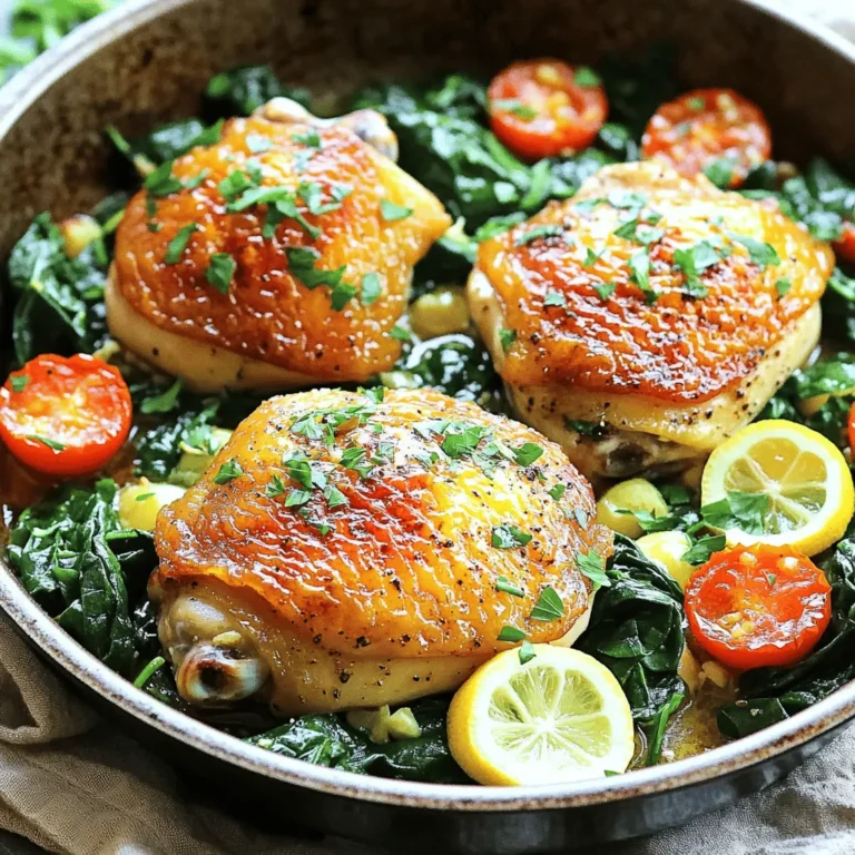 - 4 chicken thighs, bone-in and skin-on - 2 tablespoons olive oil - 3 cloves garlic, minced - Zest and juice of 1 large lemon - 1 teaspoon dried thyme - 1 teaspoon dried oregano - Salt and freshly ground black pepper to taste - 1 cup chicken broth - 2 cups fresh baby spinach - 1 cup cherry tomatoes, halved In this dish, chicken thighs bring a rich flavor and juicy texture. I use bone-in, skin-on thighs for the best results. Olive oil adds depth, while garlic gives a bold taste. The lemon zest and juice brighten the dish, making it fresh and vibrant. Dried thyme and oregano add herbal notes, balancing the flavors perfectly. The chicken broth keeps everything moist and adds more flavor. Fresh baby spinach wilts down nicely, adding color and nutrients. Cherry tomatoes burst with sweetness, complementing the savory chicken. - Fresh parsley - Additional spices For a pop of color, sprinkle fresh parsley on top before serving. You can also add your favorite spices for extra zing. Try a pinch of red pepper flakes for heat or smoked paprika for depth. - Preheat your oven to 400°F (200°C). This step helps the chicken cook well. - Season the chicken thighs with salt, pepper, thyme, and oregano. Make sure to coat all sides. - Sear the chicken thighs skin-side down in a hot skillet with olive oil. Cook for 5-7 minutes. This gives the skin a nice, crispy texture. Then, flip and cook for another 3 minutes. - Add minced garlic to the skillet. Sauté it for about 30 seconds until fragrant. Mix it with the chicken juices to enhance the flavor. - Pour in the chicken broth and add lemon zest and juice. Stir gently to mix the flavors. - Arrange fresh spinach and halved cherry tomatoes around the chicken. They will add color and taste. - Bake in the oven for 25-30 minutes. Check the chicken’s internal temperature. It should reach 165°F (75°C). - Once done, take the skillet out and let it rest for a few minutes. This helps the juices settle. - Sprinkle freshly chopped parsley on top before serving. It adds a fresh touch to your dish. For more details, refer to the Full Recipe. To get the best chicken, start with searing. Heat the olive oil in the skillet until it shines. Place the chicken skin-side down and let it cook for 5-7 minutes. This browning gives a nice crust. Flip and sear the other side for another 3 minutes. Resting the chicken is key. After baking, let it sit for a few minutes. This helps the chicken stay juicy inside. Boost the dish with spices. Try adding paprika or crushed red pepper for heat. These spices add depth to the lemon and garlic. Layer flavors by using chicken broth. It enriches the sauce and makes it savory. The broth also helps the chicken cook well, keeping it moist. Serve your chicken straight from the skillet for a cozy feel. You can plate it with spinach and tomatoes for a colorful look. Drizzle some pan juices over the top. To finish, add fresh parsley as a garnish. This adds color and a fresh taste that brightens the dish. For the full recipe, check out the detailed steps provided. {{image_4}} You can change herbs to mix flavors. Instead of thyme, use rosemary. Swap oregano for basil. Fresh herbs bring bright tastes. Just use three times more fresh herbs than dried ones. Add seasonal veggies for more color and taste. Try bell peppers, zucchini, or asparagus. These veggies roast well and add nutrition. Think about what's fresh in your market to inspire your dish. You can make this meal gluten-free easily. Just use a gluten-free chicken broth. For a low-carb option, skip the tomatoes and focus on the spinach. Both changes keep the dish tasty and healthy. For the full recipe, check out the details above! To store leftovers, let the chicken cool first. Place the chicken and veggies in an airtight container. This helps keep moisture in and air out. Store it in the fridge for up to three days. To keep freshness, use the container that seals tightly. This will prevent the chicken from drying out. You can freeze cooked chicken for longer storage. Cut the chicken into pieces and place them in freezer bags. Squeeze out as much air as you can. Label the bags with the date. For best taste, use it within three months. To thaw, move the chicken to the fridge overnight. For a quick option, you can also use cold water. Just seal it in a bag and submerge it in cold water. To reheat, use the oven for the best taste. Preheat it to 350°F (175°C). Place the chicken in a baking dish and cover it with foil. This will keep it moist. Heat for about 20 minutes or until warm. You can also use a microwave, but be careful. Microwaving can dry out the chicken quickly. To avoid this, add a splash of broth or water before heating. To make One-Pan Lemon Garlic Chicken, follow these steps: 1. Preheat your oven to 400°F (200°C). 2. Heat olive oil in a large skillet. 3. Season chicken thighs with salt, pepper, thyme, and oregano. 4. Sear the chicken, skin-side down, for 5-7 minutes. 5. Flip the chicken and cook for 3 more minutes. 6. Add minced garlic and sauté until fragrant. 7. Pour in chicken broth, lemon zest, and juice. 8. Add spinach and cherry tomatoes around the chicken. 9. Bake for 25-30 minutes until the chicken reaches 165°F (75°C). This method creates a savory dish with tender chicken and bright flavors. You can find the Full Recipe in the article for detailed steps and timings. Yes, you can use boneless chicken thighs. They will cook faster than bone-in thighs. Just reduce the baking time by about 10 minutes. Make sure to check for doneness. Boneless chicken will be juicy and flavorful, too. Many sides go well with One-Pan Lemon Garlic Chicken. Here are some ideas: - Rice or quinoa to soak up the sauce. - Roasted vegetables for added flavor. - A fresh salad for a light touch. - Garlic bread for a comforting side. These options will complement the dish nicely. To ensure your chicken is cooked through, check its internal temperature. Use a meat thermometer to confirm it reaches 165°F (75°C). This step is vital for food safety. If you do not have a thermometer, make sure the juices run clear and the meat is no longer pink inside. This blog post covered all you need to make One-Pan Lemon Garlic Chicken. We talked about the ingredients, cooking steps, and tips for perfect flavor. You can switch up herbs and vegetables to fit your tastes. Remember to store leftovers properly or freeze them for later. With this dish, you get simple steps and a tasty result. Cooking can be fun and fulfilling. Enjoy your meal and impress your family and friends with this great recipe!