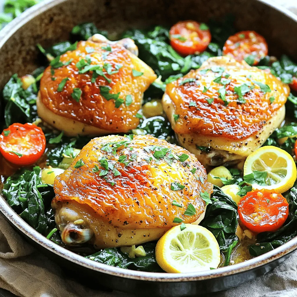 - 4 chicken thighs, bone-in and skin-on - 2 tablespoons olive oil - 3 cloves garlic, minced - Zest and juice of 1 large lemon - 1 teaspoon dried thyme - 1 teaspoon dried oregano - Salt and freshly ground black pepper to taste - 1 cup chicken broth - 2 cups fresh baby spinach - 1 cup cherry tomatoes, halved In this dish, chicken thighs bring a rich flavor and juicy texture. I use bone-in, skin-on thighs for the best results. Olive oil adds depth, while garlic gives a bold taste. The lemon zest and juice brighten the dish, making it fresh and vibrant. Dried thyme and oregano add herbal notes, balancing the flavors perfectly. The chicken broth keeps everything moist and adds more flavor. Fresh baby spinach wilts down nicely, adding color and nutrients. Cherry tomatoes burst with sweetness, complementing the savory chicken. - Fresh parsley - Additional spices For a pop of color, sprinkle fresh parsley on top before serving. You can also add your favorite spices for extra zing. Try a pinch of red pepper flakes for heat or smoked paprika for depth. - Preheat your oven to 400°F (200°C). This step helps the chicken cook well. - Season the chicken thighs with salt, pepper, thyme, and oregano. Make sure to coat all sides. - Sear the chicken thighs skin-side down in a hot skillet with olive oil. Cook for 5-7 minutes. This gives the skin a nice, crispy texture. Then, flip and cook for another 3 minutes. - Add minced garlic to the skillet. Sauté it for about 30 seconds until fragrant. Mix it with the chicken juices to enhance the flavor. - Pour in the chicken broth and add lemon zest and juice. Stir gently to mix the flavors. - Arrange fresh spinach and halved cherry tomatoes around the chicken. They will add color and taste. - Bake in the oven for 25-30 minutes. Check the chicken’s internal temperature. It should reach 165°F (75°C). - Once done, take the skillet out and let it rest for a few minutes. This helps the juices settle. - Sprinkle freshly chopped parsley on top before serving. It adds a fresh touch to your dish. For more details, refer to the Full Recipe. To get the best chicken, start with searing. Heat the olive oil in the skillet until it shines. Place the chicken skin-side down and let it cook for 5-7 minutes. This browning gives a nice crust. Flip and sear the other side for another 3 minutes. Resting the chicken is key. After baking, let it sit for a few minutes. This helps the chicken stay juicy inside. Boost the dish with spices. Try adding paprika or crushed red pepper for heat. These spices add depth to the lemon and garlic. Layer flavors by using chicken broth. It enriches the sauce and makes it savory. The broth also helps the chicken cook well, keeping it moist. Serve your chicken straight from the skillet for a cozy feel. You can plate it with spinach and tomatoes for a colorful look. Drizzle some pan juices over the top. To finish, add fresh parsley as a garnish. This adds color and a fresh taste that brightens the dish. For the full recipe, check out the detailed steps provided. {{image_4}} You can change herbs to mix flavors. Instead of thyme, use rosemary. Swap oregano for basil. Fresh herbs bring bright tastes. Just use three times more fresh herbs than dried ones. Add seasonal veggies for more color and taste. Try bell peppers, zucchini, or asparagus. These veggies roast well and add nutrition. Think about what's fresh in your market to inspire your dish. You can make this meal gluten-free easily. Just use a gluten-free chicken broth. For a low-carb option, skip the tomatoes and focus on the spinach. Both changes keep the dish tasty and healthy. For the full recipe, check out the details above! To store leftovers, let the chicken cool first. Place the chicken and veggies in an airtight container. This helps keep moisture in and air out. Store it in the fridge for up to three days. To keep freshness, use the container that seals tightly. This will prevent the chicken from drying out. You can freeze cooked chicken for longer storage. Cut the chicken into pieces and place them in freezer bags. Squeeze out as much air as you can. Label the bags with the date. For best taste, use it within three months. To thaw, move the chicken to the fridge overnight. For a quick option, you can also use cold water. Just seal it in a bag and submerge it in cold water. To reheat, use the oven for the best taste. Preheat it to 350°F (175°C). Place the chicken in a baking dish and cover it with foil. This will keep it moist. Heat for about 20 minutes or until warm. You can also use a microwave, but be careful. Microwaving can dry out the chicken quickly. To avoid this, add a splash of broth or water before heating. To make One-Pan Lemon Garlic Chicken, follow these steps: 1. Preheat your oven to 400°F (200°C). 2. Heat olive oil in a large skillet. 3. Season chicken thighs with salt, pepper, thyme, and oregano. 4. Sear the chicken, skin-side down, for 5-7 minutes. 5. Flip the chicken and cook for 3 more minutes. 6. Add minced garlic and sauté until fragrant. 7. Pour in chicken broth, lemon zest, and juice. 8. Add spinach and cherry tomatoes around the chicken. 9. Bake for 25-30 minutes until the chicken reaches 165°F (75°C). This method creates a savory dish with tender chicken and bright flavors. You can find the Full Recipe in the article for detailed steps and timings. Yes, you can use boneless chicken thighs. They will cook faster than bone-in thighs. Just reduce the baking time by about 10 minutes. Make sure to check for doneness. Boneless chicken will be juicy and flavorful, too. Many sides go well with One-Pan Lemon Garlic Chicken. Here are some ideas: - Rice or quinoa to soak up the sauce. - Roasted vegetables for added flavor. - A fresh salad for a light touch. - Garlic bread for a comforting side. These options will complement the dish nicely. To ensure your chicken is cooked through, check its internal temperature. Use a meat thermometer to confirm it reaches 165°F (75°C). This step is vital for food safety. If you do not have a thermometer, make sure the juices run clear and the meat is no longer pink inside. This blog post covered all you need to make One-Pan Lemon Garlic Chicken. We talked about the ingredients, cooking steps, and tips for perfect flavor. You can switch up herbs and vegetables to fit your tastes. Remember to store leftovers properly or freeze them for later. With this dish, you get simple steps and a tasty result. Cooking can be fun and fulfilling. Enjoy your meal and impress your family and friends with this great recipe!