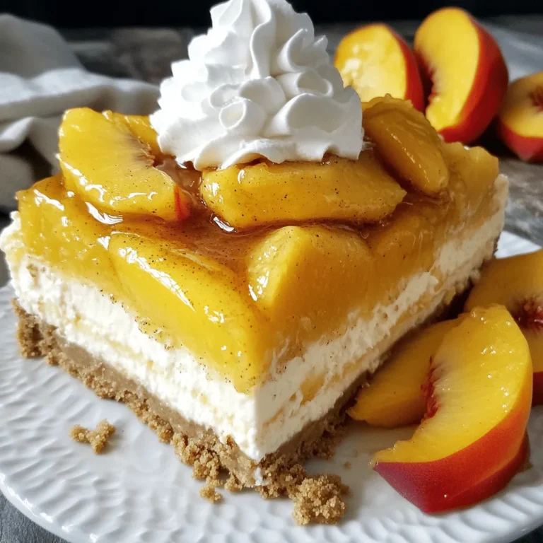 To make a delicious Peach Cobbler Cheesecake, gather these ingredients: - 1 ½ cups graham cracker crumbs - ⅓ cup granulated sugar - ½ cup unsalted butter, melted - 2 packages (8 ounces each) cream cheese, softened at room temperature - ¾ cup granulated sugar - 2 large eggs, at room temperature - 1 teaspoon vanilla extract - 1 cup sour cream - 1 teaspoon ground cinnamon - 2 cups fresh peaches, peeled and thinly sliced - ¼ cup packed brown sugar - 1 tablespoon freshly squeezed lemon juice - 2 tablespoons cornstarch When picking peaches, look for ones that are ripe and fragrant. Firm peaches are great, but they should yield slightly to gentle pressure. Avoid peaches with blemishes or soft spots. You can swap fresh peaches for canned ones in syrup, but drain them well. Frozen peaches work too; just thaw and drain them first. When choosing granulated sugar, any brand works, but organic options can add a nice touch. You can also use coconut sugar for a different flavor. If you don’t have sour cream, plain yogurt is a good substitute. This recipe allows you to mix and match based on what you have. For the crust, graham cracker crumbs are best, but you can use crushed cookies like Oreos or vanilla wafers for a fun twist. Remember, the right ingredients set the base for a great cheesecake. Trust your taste buds, and enjoy the process! 1. Preheat your oven to 350°F (175°C). This step is key for even baking. 2. In a medium bowl, mix 1 ½ cups graham cracker crumbs, ⅓ cup sugar, and ½ cup melted butter. Stir until it looks like wet sand. 3. Press this crumb mixture into a 9-inch springform pan. Make sure it's even. Bake for 10 minutes, then let it cool completely. 4. In a large bowl, beat 2 packages of softened cream cheese with ¾ cup sugar until smooth. Use an electric mixer for the best results. 5. Add 2 eggs, one at a time. Mix well after each egg. Then, add 1 teaspoon of vanilla and 1 cup sour cream. Blend until smooth. 6. Pour this cream cheese mixture over the cooled crust, spreading it evenly. 7. In a separate bowl, mix 2 cups sliced peaches with ¼ cup brown sugar, 1 tablespoon lemon juice, and 2 tablespoons cornstarch. Toss gently until the peaches are well coated. 8. Layer the peach mixture on top of the cream cheese layer. Spread it out evenly. 9. Sprinkle ground cinnamon on top of the peaches to add great flavor. 1. Place the cheesecake in the oven. Bake for 45-50 minutes. It should be set but still jiggle slightly in the center. 2. When baking is done, turn off the oven and crack the door open. Let the cheesecake cool in the oven for 1 hour. This helps prevent cracks. 3. After one hour, move the cheesecake to the fridge. Chill for at least 4 hours, but overnight is best. 4. When ready to serve, use a thin knife to run around the edge of the cake. This loosens it from the pan, making it easy to remove the sides. This method gives you a delicious and creamy peach cobbler cheesecake. For the full recipe, check out the previous section! To get your cheesecake just right, keep your cheese and eggs at room temperature. Cold ingredients can lead to lumps. Softened cream cheese mixes smoothly and blends well with eggs. Cracks on the surface can ruin your cheesecake’s look. To avoid this, let your cheesecake cool slowly in the oven. After baking, crack the oven door open. Chill the cheesecake for a few hours in the fridge. This helps it set without cracks. For a stunning presentation, slice the cheesecake and place it on individual plates. Add fresh peach slices on top for color. A dollop of whipped cream adds a creamy touch. When it comes to drinks, pair your cheesecake with sweet tea or a light dessert wine. The fruity flavors in the cheesecake blend well with these beverages. Enjoy your delicious creation! If you need the full recipe, check out the Full Recipe section. {{image_4}} You can change this peach cobbler cheesecake in fun ways. Try using other fruits for the topping. Fresh blueberries, strawberries, or cherries work well too. Each fruit brings its own flavor, making your cheesecake unique. You can also add spices to the mix. A pinch of nutmeg or allspice gives a warm touch. You might like using vanilla bean for a richer taste. Experimenting with flavors keeps every bite interesting. If you need a gluten-free option, use almond flour or gluten-free cookies. Both work great in place of graham crackers. This makes it easy for everyone to enjoy the dessert. You can also swap out the cookie base. Try using chocolate cookies for a richer crust. Or, use oat cookies for a chewy texture. Each choice can change the whole feel of the cheesecake. For the full recipe, check out the details above. To keep your Peach Cobbler Cheesecake fresh, use the right containers. A springform pan is great for storing since it lets you keep the shape. If you want to use another type of container, a glass or plastic airtight container works well, too. Make sure the cheesecake is cool before you cover it to avoid condensation. In the refrigerator, this cheesecake lasts about 5 to 7 days. If you want to save it longer, place it in the freezer. Properly wrapped in plastic wrap and foil, it can last up to 3 months. When you're ready to enjoy it, just take it out and let it thaw in the fridge overnight. Reheating a slice of cheesecake can be tricky. The best way is to let it sit at room temperature for about 30 minutes. This helps it regain its smooth texture. If you want to warm it up a little, you can microwave it for 10 to 15 seconds. Be careful not to overheat, as it can lose its creamy goodness. Serve your leftovers with a fresh slice of peach or a dollop of whipped cream for a delightful treat. What can I substitute for sour cream? You can use Greek yogurt instead of sour cream. It gives a similar tangy taste. You can also use cream cheese mixed with a little milk. This mix will keep the texture creamy. Can I make this cheesecake ahead of time? Yes, you can make this cheesecake one to two days ahead. Just store it in the fridge. This will help the flavors blend and taste even better. How do I prevent the cheesecake from cracking? To avoid cracks, bake the cheesecake gently. Keep the oven door slightly open after baking. This cools it slowly. Also, make sure your cream cheese and eggs are at room temperature. This helps blend them better, reducing the chance of cracks. Check out the Full Recipe to make your own delicious Peach Cobbler Cheesecake! This blog post explored making a delicious peach cobbler cheesecake. We covered ingredients, preparation steps, and baking tips. It’s key to choose ripe peaches and manage the baking time for best results. Remember, temperature is crucial to avoid cracks. Try various toppings and crust combinations for fun flavors. Store your cheesecake properly so it stays fresh. With these tips, you can confidently enjoy your cheesecake. Happy baking!