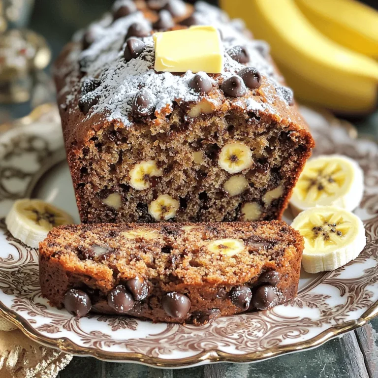 - 3 ripe bananas, thoroughly mashed - 1/2 cup unsalted butter, gently melted - 3/4 cup packed brown sugar - 1 large egg, whisked until frothy - 1 teaspoon pure vanilla extract - 1 teaspoon baking soda - 1/4 teaspoon fine sea salt - 1 1/2 cups all-purpose flour, sifted - 1 cup semi-sweet chocolate chips - 1/2 cup chopped walnuts (optional, for added crunch) Gathering your ingredients is key to success. Use ripe bananas for a sweet taste. Choose unsalted butter for a balanced flavor. Brown sugar adds moisture and depth. The egg helps bind everything together. Vanilla extract brings warmth to the mix. Baking soda makes the bread rise. Sea salt enhances the sweet notes. Sift the flour to keep it light. Chocolate chips bring joy in every bite. Walnuts add a nice crunch but are optional. This mix of flavors and textures creates a delightful banana bread. Each ingredient plays an important role in achieving the perfect loaf. Check the Full Recipe for more details on how to combine these ingredients. 1. Preheat your oven to 350°F (175°C) and prepare a loaf pan. Lightly grease it with butter or non-stick spray. 2. Take a big bowl and combine the melted butter and mashed bananas. Mix them well until smooth. 3. Now, add the brown sugar to the banana mix. Next, stir in the whisked egg and vanilla extract. Blend until it looks uniform. 1. Sprinkle baking soda and salt on top of your mixture. Stir it gently. 2. Then, fold in the sifted all-purpose flour. Mix it until just combined. Don’t over-mix or your bread may turn out tough. 1. Add in the chocolate chips and walnuts if you want that crunch. Fold them in gently. 2. Pour the batter into the loaf pan and smooth the top with a spatula. 1. Place the loaf pan in your preheated oven and bake for 60-65 minutes. 2. Check if it’s ready by inserting a toothpick into the center. It should come out clean or with a few moist crumbs. 3. Once baked, cool the bread in the pan for about 10 minutes. Then, transfer it to a wire rack to cool completely. For the full recipe, check out the detailed instructions. Enjoy your baking! To get the best texture in your banana bread, avoid over-mixing the batter. When you mix too much, the bread can become tough. Just mix until you see no dry flour. Using ripe bananas also helps a lot. Ripe bananas are sweeter and softer, making your bread moist and tasty. For chocolate chips, semi-sweet is a great choice. They add just the right amount of sweetness. Dark chocolate is another option if you want a richer taste. I also suggest using mini chocolate chips. They spread out more and give you bites of chocolate in every slice. To make your banana bread look great, serve it warm with a little butter on top. A light dusting of powdered sugar adds a nice touch too. For an extra pop, garnish each slice with more chocolate chips and fresh banana slices. This simple step makes your dish both inviting and delicious. For the full recipe, check out the [Full Recipe]. {{image_4}} Adding nuts to your chocolate chip banana bread can bring a nice crunch. Chopped walnuts or pecans work well. You can also try almonds or hazelnuts for a different taste. Nuts not only add flavor but also boost the bread's texture. Feel free to mix and match the nuts you have at home. If you want a healthier option, consider using whole wheat flour. This will make your banana bread richer in nutrients. You can also use gluten-free flour if you need to avoid gluten. Almond flour or coconut flour can be great substitutes. Just keep in mind that these options may change the texture a bit, but they will still taste delicious. To elevate the flavor of your banana bread, try adding a pinch of cinnamon or nutmeg. These spices can add warmth and depth. You can also mix in some peanut butter or almond extract for a fun twist. Each of these enhancements adds a unique layer of flavor to your loaf, making it even more delightful. For the complete recipe, check out [Full Recipe]. To keep your chocolate chip banana bread fresh, store it in an airtight container. This helps retain moisture and flavor. Place it at room temperature for the best taste. Avoid putting it in the fridge, as this can dry it out. Freezing banana bread is easy! Wrap it tightly in plastic wrap or aluminum foil. You can also place it in a freezer-safe bag. This keeps air out and prevents freezer burn. To thaw, leave it at room temperature for a few hours or overnight. Reheat slices in the microwave for about 15-20 seconds. This makes the bread warm and delightful again. Enjoy your banana bread even longer with these simple steps! For the full recipe, click [Full Recipe]. Chocolate chip banana bread lasts about 3-4 days at room temperature. Store it in an airtight container. If you put it in the fridge, it can last up to a week. Just remember, cold air can dry it out. So, wrap it well if you go this route. Yes, you can substitute butter with coconut oil or applesauce. Coconut oil adds a nice flavor and keeps the bread moist. Applesauce is a great lower-fat option. Use the same amount of either to replace the butter in the recipe. You can make this recipe vegan with a few swaps. Use flaxseed meal mixed with water instead of the egg. For butter, use coconut oil or a vegan butter alternative. Lastly, make sure your chocolate chips are dairy-free. Yes, you can make mini loaves! Adjust the baking time to about 25-30 minutes. Check for doneness by inserting a toothpick. When it comes out clean, your mini loaves are ready. Absolutely! You can add dried fruits like raisins or cranberries. Chopped nuts like pecans or walnuts also work well. For a fun twist, mix in candy pieces like M&Ms or chopped chocolate bars. Just remember to adjust the baking time if you add a lot of extra ingredients. For the full recipe, check the link. This blog post covered how to make delicious chocolate chip banana bread. You learned about the key ingredients, step-by-step instructions, and helpful tips. Remember to pick ripe bananas for the best taste. You can also try different nuts or spices to suit your flavor. Storing your banana bread correctly keeps it fresh longer. With these tips, you can enjoy warm, tasty slices anytime. Your baking skills will shine, and everyone will love your banana bread!