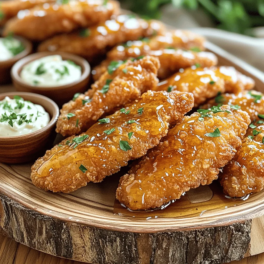 First, take your chicken strips and coat them in buttermilk. This helps the chicken stay moist and adds flavor. Place the coated strips in a bowl, cover it, and refrigerate for at least 30 minutes. This marinating time allows the flavors to soak in and tenderizes the chicken. While the chicken marinates, you can prepare the coating. In a large bowl, mix together the flour, cornmeal, garlic powder, onion powder, paprika, black pepper, salt, and cayenne pepper. This mix gives the chicken a tasty crust. To ensure a crispy coating, press the chicken strips into the flour mixture firmly. Next, heat oil in a deep skillet or frying pan. Pour enough oil to cover the bottom, about 1-2 inches deep. Heat the oil to around 350°F (175°C). You can test the heat by dropping a pinch of the flour mix into the oil. If it sizzles, you are ready. Carefully add the chicken tenders in batches to avoid crowding. Fry them for about 4-5 minutes on each side until golden brown. Use a slotted spoon to transfer them to a plate lined with paper towels. While the chicken cooks, let’s make the honey sauce. In a small saucepan, combine 1/4 cup of honey and 2 tablespoons of soy sauce. Heat this over low heat. Stir until everything blends and is warm. Make sure it does not boil, as this can change the texture. Once your chicken tenders are fried, it’s time to glaze them. You can either drizzle the honey-soy mixture over the chicken or toss the tenders in the saucepan. If you toss, you get a nice even coating. For a pretty presentation, arrange the tenders on a large platter. You can garnish with chopped parsley for color. Enjoy this crispy honey chicken tenders dish! For more details, check the full recipe. To get those chicken tenders super crispy, marination is key. Soak your chicken strips in buttermilk for at least 30 minutes. This step makes the chicken juicy and helps the coating stick better. Next, frying temperature matters. Heat your oil to about 350°F (175°C). You can test the oil by dropping a bit of the flour mix into it. If it sizzles, you're good to go. Frying at the right temperature ensures a crunchy outside and tender inside. When serving your crispy honey chicken tenders, pair them with sides that complement their flavor. Fresh coleslaw, crispy fries, or roasted veggies work great. For dipping sauces, ranch and honey mustard are classic choices. You can also try spicy aioli or sweet chili sauce for a fun twist. These sauces add more flavor and make each bite exciting. Want to mix things up? You can add spice to the coating. Try using cayenne pepper for heat or smoked paprika for a smoky twist. For marinades, consider adding lemon juice or hot sauce to the buttermilk. This gives your chicken a zesty kick. You can also experiment with different glazes. Teriyaki sauce or a spicy barbecue sauce can create fun flavors. For the full recipe, check out the details above. Enjoy making these tenders your own! {{image_4}} You can bake crispy honey chicken tenders for a lighter version. Start by preheating your oven to 400°F (200°C). Instead of frying, line a baking sheet with parchment paper. Place the coated chicken strips on the sheet without crowding them. Spray the chicken lightly with oil for a nice crisp. Bake for about 20-25 minutes, flipping halfway through. This way, you keep the flavor while cutting down on oil. Get creative with flavors! You can add different spices to the flour mixture. Try using oregano, thyme, or even lemon zest for a fresh twist. For glaze options, consider adding chili sauce or balsamic vinegar. These changes can give your chicken tenders a whole new taste. If you need gluten-free options, substitute all-purpose flour with almond flour or a gluten-free blend. For those on low-sodium diets, use low-sodium soy sauce. You can also skip the salt in the coating mix and enjoy a tasty meal without the extra sodium. For the full recipe, check out the main section! To keep your crispy honey chicken tenders fresh, follow these tips. First, let them cool to room temperature. This step helps prevent moisture build-up. Once cooled, place the tenders in an airtight container. A glass or plastic container works well. Make sure to separate layers with parchment paper to avoid sticking. Store the container in the fridge. They should stay good for about three days. When you want to enjoy your leftovers, reheating them properly is key. For the best crispiness, use an oven. Preheat the oven to 375°F (190°C). Place the tenders on a baking sheet. Bake them for about 10-12 minutes. This method keeps them crispy and tasty. If you need to use the microwave, here’s a quick trick. Place a paper towel on a microwave-safe plate. Arrange the chicken tenders on top. Cover them with another paper towel to trap steam. Heat them for about 1-2 minutes. Check if they are warm enough. You might need to heat them a little longer. Enjoy your meal with the flavor intact! Yes, you can use frozen chicken. However, you must thaw it first. To do this, place the chicken in the fridge overnight. If you're short on time, use the cold water method. Seal the chicken in a bag and submerge it in cold water for about an hour. Change the water every 30 minutes. Once thawed, pat it dry. This helps the chicken absorb the buttermilk better. To check if the chicken is done, use a meat thermometer. Insert it into the thickest part of a tender. The safe internal temperature for chicken is 165°F (75°C). If the chicken reaches this temperature, it is safe to eat. If you don't have a thermometer, cut into one tender. The meat should be white and juices should run clear. If you don't have buttermilk, you can make a quick substitute. Mix 1 cup of milk with 1 tablespoon of vinegar or lemon juice. Let it sit for about 5-10 minutes. This will create a tangy milk that works well in the recipe. You can also use plain yogurt thinned with a bit of water. Yes, you can prepare the chicken tenders ahead. Marinate the chicken in buttermilk and store it in the fridge for up to 24 hours. You can also coat the chicken in the flour mixture and keep it in the fridge. Just make sure to fry them fresh when you’re ready. This ensures they stay crispy. In this post, we covered how to make delicious chicken tenders. You learned about key ingredients, marinating tips, and achieving maximum crispiness. We also explored baking options and flavor variations, along with how to store leftovers. By following these steps, you can create a meal that's both tasty and fun to make. Remember, you can always adjust the recipe to match your taste. Enjoy your cooking adventure with these chicken tenders!